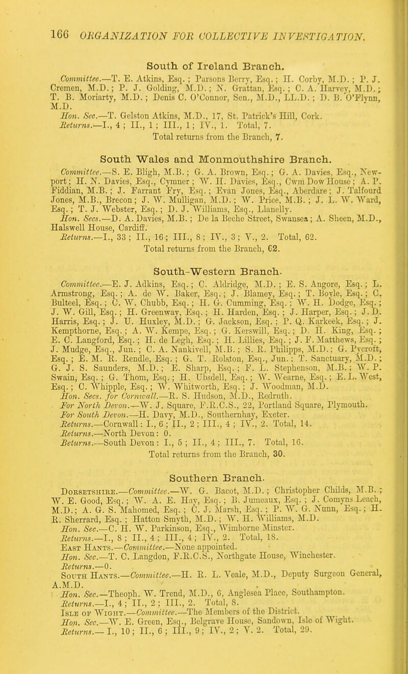 South of Ireland Branch. Committee.—T. E. Atkins, Esq. ; Parsons Berry, Esq.; II. Corby, M.D.; P. J. Cremen, M.D.; P. J. Golding, M.D.; N. Grattan, Esq.; C. A. Harvey, M.D.; T. B. Moriarty, M.D.; Denis C. O’Connor, Sen., M.D., LL.D.; D. B. O’Flynn, M.D. Hon. Sec.—T. Gelston Atkins, M.D., 17, St. Patrick’s Hill, Cork. Returns.—I., 4 ; II., 1 ; III., 1; IV., 1. Total, 7. Total returns from the Branch, 7. South Wales and Monmouthshire Branch. Committee.—S. E. Bligli, M.B.; G. A. Brown, Esq.; G. A. Davies, Esq., New- port; H. N. Davies, Esq., Cynmer ; IV. II. Davies, Esq., Cwm Dow House; A. P. Fiddian, M.B.; J. Farrant Fry, Esq.; Evan Jones, Esq., Aberdare; J. Talfourd Jones, M.B., Brecon; J. IV. Mulligan, M.D.; IV. Price, M.B.; J. L. IV. Ward, Esq.; T. J. Webster, Esq.; D. J. Williams, Esq., Llanelly. Hon. Secs.—D. A. Davies, M.B.; De la Beebe Street, Swansea; A. Sheen, M.D., Halswell House, Cardiff. Returns.—I., 33; II., 16; III., 8; IV., 3; V., 2. Total, 62. Total returns from the Branch, 62. South-Western Branch. Committee.—E. J. Adkins, Esq.; C. Aldridge, M.D. ; E. S. Angore, Esq.; L. Armstrong, Esq.; A. de IV. Baker, Esq.; J. Blarney, Esq.; T. Boyle, Esq.; C, Bulteel, Esq.; C. IV. Chubb, Esq.; H. G. Cumming, Esq.; IV. H. Dodge, Esq.; J. W. Gill, Esq.; H. Greenway, Esq.; H. Harden, Esq. ; J. Harper, Esq.; J. D. Harris, Esq.; J. U. Huxley, M.D. ; G. Jackson, Esq. ; P. Q. Karkeek, Esq.; J. Kempthorne, Esq.; A. IV. Kempe, Esq.; G. Kerswill, Esq.; D. H. King, Esq. ; E. C. Langford, Esq.; H. de Legli, Esq.; II. Lillies, Esq. ; J. F. Matthews, Esq.; J. Mudge, Esq., Jun. ; C. A. Nankivell, M.B.; S. It. Philipps, M.D.; G. Pycroft, Esq. ; E. M. It. Eendle, Esq. ; G. T. Bolston, Esq., Jun.; T. Sanctuary, M.D.; G. J. S. Saunders, M.D.; E. Sharp, Esq. ; F. JL. Stephenson, M.B.; IV. P. Swain, Esq.; G. Thom, Esq.; H. Ubsdell, Esq.; IV. Weame, Esq.; E. L.West, Esq.; C. Whipple, Esq.; IV. Whitworth, Esq.; J. Woodman, M.D. Hon. Secs, for Cornwall.—It. S. Hudson, M.D., Redruth. For North Devon — IV. J. Square, F.lt.C.S., 22, Portlaud Square, Plymouth. For South Devon.—H. Davy, M.D., Southernhay, Exeter. Returns.—Cornwall: I., 6 ; JI., 2 ; III., 4 ; IV., 2. Total, 14. Returns.—North Devon: 0. Returns.—South Devon : I., 5 ; II., 4 ; III., 7. Total, 16. Total returns from the Branch, 30. Southern Branch. Dorsetshire.—Committee.—IV. G. Bacot, M.D.; Christopher Childs, M.B. ; IV. E. Good, Esq.; W. A. E. Hay, Esq.; B. Jumeaux, Esq. ; J. Comyns Leach, M.D.; A. G. S. Mahomed, Esq. ; C. J. Marsh, Esq. ; P. IV. G. Nunn, Esq.; H. K. Sherrard, Esq. ; Hatton Smyth, M.D.; IV. H. Williams, M.D. Hon. Sec.—C. H. IV. Parkinson, Esq., IVimbornc Minster. Returns.—I., 8 ; II., 4 ; III., 4 ; IV., 2. Total, 18. East Hants.—Committee.—None appointed. Hon. See.—T. C. Langdon, F.lt.C.S., Northgate House, Winchester. Returns.—0. South Hants.—Committee.—U. It. L. Veale, M.D., Deputy Surgeon General, A.M.D. Hon. Sec. —Theoph. IV. Trend, M.D., 6, Anglesea Place, Southampton. Returns.—I., 4; II., 2; III., 2. Total, 8. Isle of Wight.—Committee.—The Members of the District. lion. Sec.—IV. E. Green, Esq., Belgrave House, Sundown, Isle of Wight.