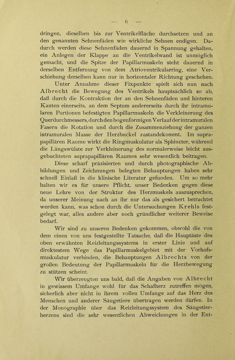 dringen, dieselben bis zur Ventrikelfläche durchsetzen und an den genannten Sehnenfäden wie wirkliche Sehnen endigen. Da- durch werden diese Sehnenfäden dauernd in Spannung gehalten, ein Anlegen der Klappe an die Ventrikelwand ist unmöglich gemacht, und die Spitze der Papillarmuskeln steht dauernd in derselben Entfernung von dem Atrioventrikularring, eine Ver- schiebung derselben kann nur in horizontaler Richtung geschehen. Unter Annahme dieser Fixpunkte spielt sich nun nach Alb recht die Bewegung des Ventrikels hauptsächlich so ab, daß durch die Kontraktion der an den Sehnenfäden und hinteren Kanten einerseits, an dem Septum andererseits durch ihr intramu- laren Portionen befestigten Papillarmuskeln die Verkleinerung des Querdurchmessers, durch den bogenförmigen Verlauf der intramuralen Fasern die Rotation und durch die Zusammenziehung der ganzen intramuralen Masse der Herzbuckel zustandekommt. Im supra- papillären Raume wirkt die Ringmuskulatur als Sphincter, während die Längswülste zur Verkleinerung des normalerweise leicht aus- gebuchteten suprapapillären Raumes sehr wesentlich beitragen. Diese scharf präzisierten und durch photographische Ab- bildungen und Zeichnungen belegten Behauptungen haben sehr schnell Einlaß in die klinische Literatur gefunden. Um so mehr halten wir es für unsere Pflicht, unser Bedenken gegen diese neue Lehre von der Struktur des Herzmuskels auszusprechen, da unserer Meinung nach an ihr nur das als gesichert betrachtet werden kann, was schon durch die Untersuchungen Krehls fest- gelegt war, alles andere aber noch gründlicher weiterer Beweise bedarf. Wir sind zu unseren Bedenken gekommen, obwohl die von dem einen von uns festgestellte Tatsache, daß die Hauptäste des oben erwähnten Reizleitungssystems in erster Linie und auf direktestem Wege das Papillarmuskeigebiet mit der Vorhofs- muskulatur verbinden, die Behauptungen Alb rechts von der großen Bedeutung der Papillarmuskeln für die Herzbewegung zu stützen scheint. Wir überzeugten uns bald, daß die Angaben von Albrecht in gewissem Umfange wohl für das Schafherz zutreffen mögen, sicherlich aber nicht in ihrem vollen Umfange auf das Herz des Menschen und anderer Säugetiere übertragen werden dürfen. In der Monographie über das Reizleitungssystem des Säugetier- herzens sind die sehr wesentlichen Abweichungen in der Ent-
