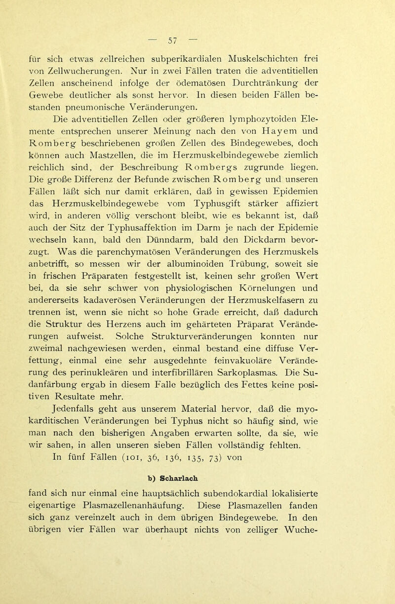 für sich etwas zellreichen subperikardialen Muskelschichten frei von Zellwucherungen. Nur in zwei Fällen traten die adventitieilen Zellen anscheinend infolge der ödematösen Durchtränkung der Gewebe deutlicher als sonst hervor, ln diesen beiden Fällen be- standen pneumonische Veränderungen. Die adventitiellen Zellen oder größeren lymphozytoiden Ele- mente entsprechen unserer Meinung nach den von Hayem und Romberg beschriebenen großen Zellen des Bindegewebes, doch können auch Mastzellen, die im Herzmuskelbindegewebe ziemlich reichlich sind, der Beschreibung Rombergs zugrunde liegen. Die große Differenz der Befunde zwischen Romberg und unseren Fällen läßt sich nur damit erklären, daß in gewissen Epidemien das Herzmuskelbindegewebe vom Typhusgift stärker affiziert wird, in anderen völlig verschont bleibt, wie es bekannt ist, daß auch der Sitz der Typhusaffektion im Darm je nach der Epidemie wechseln kann, bald den Dünndarm, bald den Dickdarm bevor- zugt. Was die parenchymatösen Veränderungen des Herzmuskels anbetrifft, so messen wir der albuminoiden Trübung, soweit sie in frischen Präparaten festgestellt ist, keinen sehr großen Wert bei, da sie sehr schwer von physiologischen Körnelungen und andererseits kadaverösen Veränderungen der Herzmuskelfasern zu trennen ist, wenn sie nicht so hohe Grade erreicht, daß dadurch die Struktur des Herzens auch im gehärteten Präparat Verände- rungen aufweist. Solche Strukturveränderungen konnten nur zweimal nachgewiesen werden, einmal bestand eine diffuse Ver- fettung, einmal eine sehr ausgedehnte feinvakuoläre Verände- rung des perinukleären und interfibrillären Sarkoplasmas. Die Su- danfärbung ergab in diesem Falle bezüglich des Fettes keine posi- tiven Resultate mehr. Jedenfalls geht aus unserem Material hervor, daß die myo- karditischen Veränderungen bei Typhus nicht so häufig sind, wie man nach den bisherigen Angaben erwarten sollte, da sie, wie wir sahen, in allen unseren sieben Fällen vollständig fehlten. In fünf Fällen (ioi, 36, 136, 135, 73) von b) Scharlach fand sich nur einmal eine hauptsächlich subendokardial lokalisierte eigenartige Plasmazellenanhäufung. Diese Plasmazellen fanden sich ganz vereinzelt auch in dem übrigen Bindegewebe. In den übrigen vier Fällen war überhaupt nichts von zelliger Wuche-