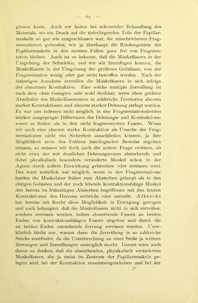 ginnen kann. Auch wir haben bei schonender Behandlung des Materials, wo ein Druck auf die tieferliegenden Teile der Papillar- muskeln so gut wie ausgeschlossen war, die umschriebenen Frag- mentationen gefunden, wie ja überhaupt die Rindengebiete der Papillarmuskeln in den meisten Fällen ganz frei von Fragmen- tation bleiben. Auch ist es bekannt, daß die Muskelfasern in der Umgebung der Schwielen, und wie wir hinzufügen können, die Muskelfasern in der Umgebung der größeren Gefäßäste, von der Fragmentation wenig oder gar nicht betroffen werden. Nach der bisherigen Annahme zerreißen die Muskelfasern in sich infolge der abnormen Kontraktion. Eine solche multiple Zerreißung ist nach dem oben Gesagten sehr wohl denkbar, wenn eben größere Abschnitte des Muskelfasernetzes in zahlreiche Territorien abnorm starker Kontraktionen und abnorm starker Dehnung zerlegt werden. Es war uns indessen nicht möglich, in den Fragmentationsherden stärker ausgeprägte Differenzen der Dehnungs- und Kontraktions- zonen zu finden als in den nicht fragmentierten Fasern. Wenn wir auch eine abnorm starke Kontraktion als Ursache der Frag- mentationen nicht mit Sicherheit ausschließen können, ja ihre Möglichkeit trotz des Fehlens histologischer Beweise zugeben müssen, so müssen wir doch auch die andere Frage erörtern, ob nicht etwa der mit deutlichen Dehnungszonen absterbende und dabei physikalisch besonders veränderte Muskel schon in der Agone durch äußere Einwirkung gebrochen oder zerrissen wird. Das wäre natürlich nur möglich, wenn in den Eragmentations- herden die Muskulatur früher zum Absterben gelangt als in den übrigen Gebieten und der noch lebende kontraktionsfähige Muskel den bereits im frühzeitigen Absterben begriffenen mit den letzten Kontraktionen des Herzens zerbricht oder zerreißt. Al brecht hat bereits mit Recht diese Möglichkeit in Erwägung gezogen und auch behauptet, daß die Muskelfasern nicht in sich zerreißen, sondern zerrissen werden, indem absterbende Fasern an beiden Enden von kontraktionsfähigen Fasern abgelöst und durch die an beiden Enden entstehende Zerrung zerrissen werden. Uner- klärlich bleibt nur, warum dann die Zerreißung in so zahlreiche Stücke stattfindet, da die Unterbrechung an einer Stelle ja weitere Zerrungen und Zerreißungen unmöglich macht. Darum wäre auch daran zu denken, daß die absterbenden, physikalisch veränderten Muskelfasern, die ja meist im Zentrum der Papillarmuskeln ge- legen sind, bei der Kontraktion zusammengeschoben und bei der 5*