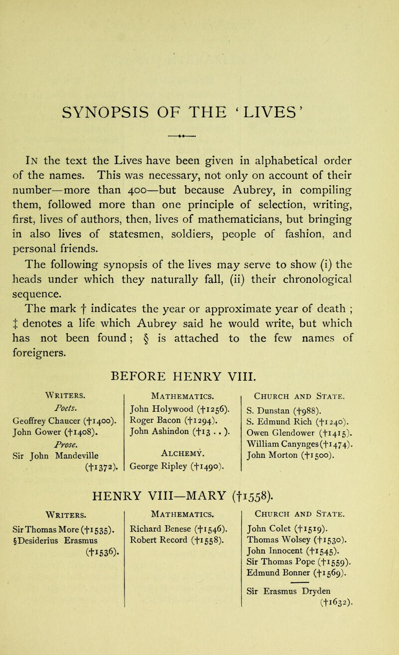 SYNOPSIS OF THE ‘LIVES’ In the text the Lives have been given in alphabetical order of the names. This was necessary, not only on account of their number—more than 400—but because Aubrey, in compiling them, followed more than one principle of selection, writing, first, lives of authors, then, lives of mathematicians, but bringing in also lives of statesmen, soldiers, people of fashion, and personal friends. The following synopsis of the lives may serve to show (i) the heads under which they naturally fall, (ii) their chronological sequence. The mark f indicates the year or approximate year of death ; J denotes a life which Aubrey said he would write, but which has not been found; § is attached to the few names of foreigners. BEFORE HENRY VIII. Writers. Poets. Geoffrey Chaucer (f 1400). John Gower (fi4o8). Prose. Sir John Mandeville (+I372)- Mathematics. John Holy wood (41256). Roger Bacon (f 1294). John Ashindon (fi3 . . ). Alchemy. George Ripley (41490). Church and State. S. Dunstan (+988). S. Edmund Rich (41240). Owen Glendower (41415). William Canynges (+1474). John Morton (41500). HENRY VIII—MARY (fi558). Writers. Sir Thomas More (4i 535). §Desiderius Erasmus (+1536). Mathematics. Richard Benese (41546). Robert Record (+1558). Church and State. John Colet ^1519). Thomas Wolsey (H530). John Innocent (+1545). Sir Thomas Pope (+1559). Edmund Bonner (*1*1569). Sir Erasmus Dryden (+1632).