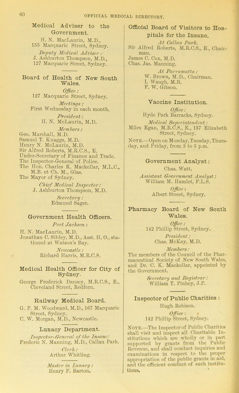 Medical Adviser to the G-overnmeiit. H. N. MacLaurin, M.D., 166 Macquarie Street, Sydney. Dr.puty Mccluial Adviser ; J. A.sliburton Thompson, M.D., 127 Macquarie Street, Sydney. Board of Health of New South Wales. Office : 127 Macquarie Street, Sydney. Meetings: First Wednesday in each month. President : H. N. McLaurin, M.D. Members: Geo. Marshall, M.D. Samuel T. Kuaggs, M.D. Henry N. McLaurin, M.D. Sir Alfred Koberts, M.R.C.S., E. Under-Secretary of Finance and Trade. The Inspector-General of Police. The Hon. Charles K. Mackellar, M.L.C., M.B. et Ch. M., Glas. The Mayor of Sydney. Chief Aledical Inspector: J. Ashburton Thompson, M.D. Secretary: Edmund Sager. Government Health Officers. Port Jachson : H. N. MacLaurin, M.D. Jonathan 0. Sibley, M.D., Asst. H. O., sta- tioned at Watson’s Bay. Newcastle; Richard Harris, M.R.C.S. Medical Health Officer for City of Sydney. George Frederick Dansey, M.R.C.S., E., Cleveland Street, Redfem. Railway Medical Board. G. P. M. Woodward, M.D., 167 Macquarie Street, Sydney. C. W. Morgan, M.D., Newcastle. Lunacy Department. Inspector-Oenera,I of the Insane: Frederic N. Manning, M.D., Callan Park. Clerh : Arthur Whitling. Master in Lvnncy: Henry F. Barton, Official Board of Visitors to Hos- pitals for the Insane. At Callan Park. Sir Alfred Roberts, M.R.C.S., E., Chair- man. James C. Cox, M.D. Chas. Jas. Manning. At Parramatta: W. Brown, M.D., Chairman. I. Waugh, M.B. F. W. Gibson. Vaccine Institution. 0ffi.ee: Hyde Park Barracks, Sydney. Medical Superintendent: Miles Egan, M.R.C.S., E., 137 Elizabeth Street, Sydney. Note.—Open on Monday, Tuesday, Thurs- day, and Friday, from 3 to 6 p.m. Government Analyst: Chas. Watt. Assistant Oo vn'nment Analyst: WRliam M. Hamlet, F.L.S. Office : Albert Street, Sydney. Pharmacy Board of New South Wales. Office; 112 PhRlip Street, Sydney. Preside?!: Chas. McKay, M.D. Mc??ibers: The members of the Council of the Phar- maceutical Society of New South Wales, and Dr. C. K. Mackellar, appointed by the Government. Secreta?-y and Bcgist?-ar: William T. Pinhey, J.P. Inspector of Public Charities : Hugh Robison. Office: • 112 Phillip Street, Sydney. Note.—The Inspector of Public Charities shall visit and inspect all Charitable In- stitutions which are wholly or in part supported by grants from the Public Revenue, and shall conduct inquiries and examinations in respect to the proper appropriation of the public grants in aid, and the efficient conduct of such institu- tions, ‘