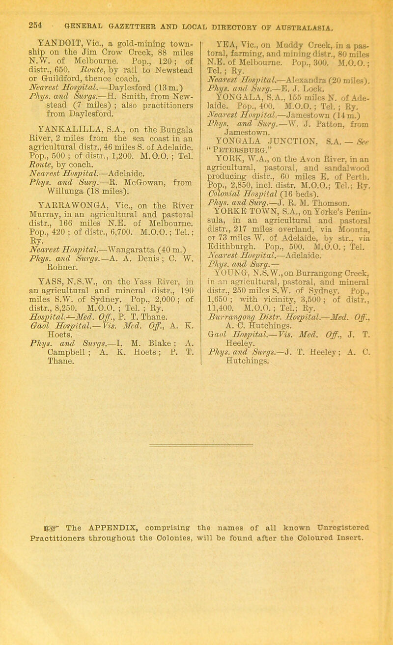 YANDOIT, Vic., a gold-mining town- ship on the Jim Crow Creek, 88 miles N.W. of Melbourne. Pop., 120; of distr., 650. Route, by rail to Newstead or Guildford, thence coach. Nearest Hospital.—Daylesford (13 m.) Rhys, and Snrgs.—H. Smith, from New- stead (7 miles) ; also practitioners from Daylesford. YANKALILLA, S.A., on the Bungala Kiver, 2 miles from the sea coast in an agricultural distr., 46 miles S. of Adelaide. Pop., 600 ; of distr., 1,200. M.O.O. ; Tel. Route, by coach. Nearest Hospital.—Adelaide. Rhys, and Surg.—R. McGowan, from Willunga (18 miles). YAEEAWONGA, Vic., on the River Murray, in an agricultural and pastoral distr., 166 mdes N.E. of Melbourne. Pop., 420 ; of distr., 6,700. M.O.O.; Tel.; Ey. Nearest Hosgntal,—Wangaratta (40 m.) Rhys, and Surgs.—A. A. Denis; C. W. Eohner. YASS, N.S.W., on the Yass River, in an agricultural and mineral distr., 190 miles S.W. of Sydney. Pop., 2,000 ; of distr., 8,260. M.O.O. ; Tel. ; Ry. Hospital.-=—Med. Off., P. T. Thane. Gaol Hospital.— Vis. Med. Off., A. K. Hoets. Rhys, and Snrgs.—I. M. Blake ; A. Campbell ; A. K. Hoets; P. T. Thane. VEA, Vic., on Muddy Creek, in a pas- toral, farming, and mining distr., 80 miles N.E. of Melbourne. Poii., 300. M.O.O.; Tel.; Ry. Nearest Hospital.—Alexandra (20 miles). Rhys, and Surg.—E. J. Dock. YONGALA, S.A., 165 miles N. of Ade- laide. Pop., 400. M.O.O.; TeL ; Ry. Nearest Hospital.—Jamestown (14 m.) Rhys, and Swg.—W. J. Patton, from Jamestown. YONGALA JUNCTION, S.A. — See “ Petersburg.” YORK, W.A., on the Avon River, in an agricultural, pastoral, and .sandalwood producing distr., 60 miles E. of Perth. Pop., 2,850, inch distr. M.O.O.; Teh: Ry. Colonial Hospital (16 beds). Rhys, and Surg.—J. R. M. Thomson. YORKE TOWN, S.A., on Yorke’s Penin- sula, in an agricultural and pastoral distr., 217 miles overland, via Moonta, or 73 mRes W. of Adelaide, by str., via Edithburgh. Pop., 600. M.O.O.; Teh Nearest Hospital.—Adelaide. Rhys, and Surg.— YOUNG, N.S. W., on Burrangong Creek, in an agricultural, pastoral, and mineral distr., 260 miles S.W. of Sydney. Pop., I, 660 ; with vicinity, 3,500; of distr., II, 400. M.O.O.; Teh: Ey. Burrangong Distr. Hospital.—Med. Off., A. C. Hutchings. G:aol Hospital.— Vis. Med. Off., J. T. Heeley. Rhys, and Surgs.—J. T. Heeley; A. C. Hutchings. CSr The APPENDIX, comprising the names of all known Unregistered Practitioners throughout the Colonies, will he found after the Coloured Insert.