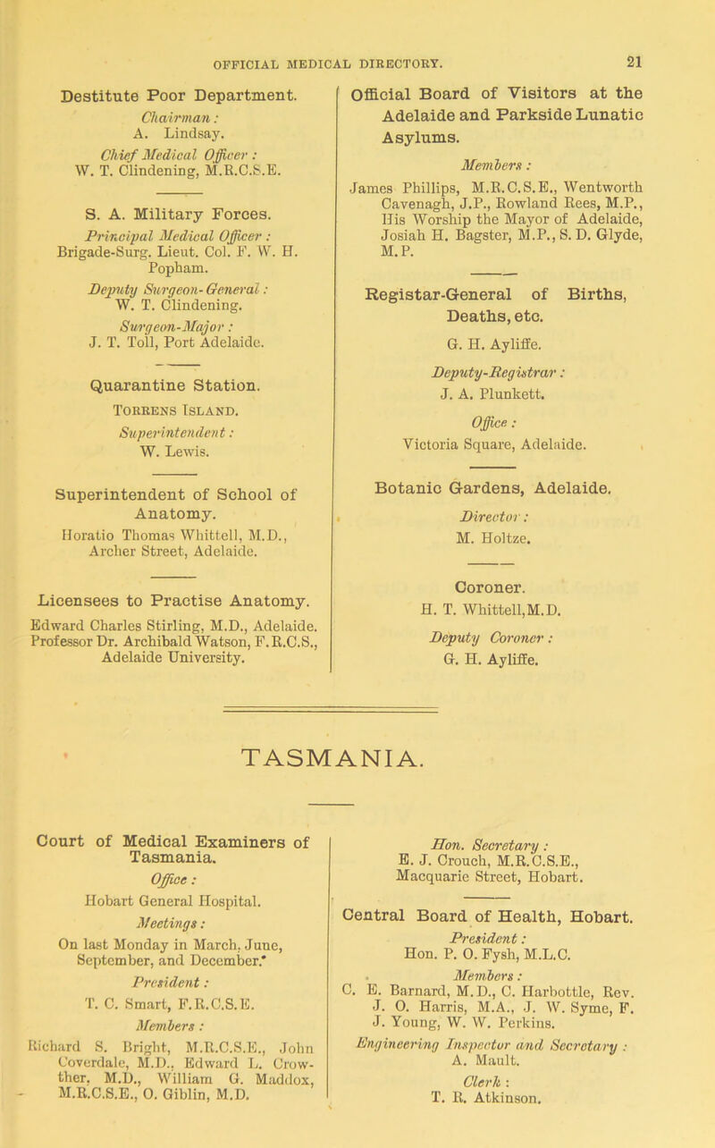 Destitute Poor Department. Chairman: A. Lindsay. Chief Medical Officer: W. T. Clindening, M.R.C.S.E. S. A. Military Forces. Principal Medical Officer: Brigade-Surg. Lieut. Col. F. W. H. Popham. Deputy Surgeon- General: W. T. Clindening. Surgeon-Major : J. T. Toll, Port Adelaide. Quarantine Station. Torrens Island. Superintendent: W. Lewis. Superintendent of School of Anatomy. Horatio Thomas Whittell, M.D., Archer Street, Adelaide. Licensees to Practise Anatomy. Edward Charles Stirling, M.D., Adelaide. Professor Dr. Archibald Watson, F.R.C.S., Adelaide University. Official Board of Visitors at the Adelaide and Farkside Lunatic Asylums. Members: James Phillips, M.R.C.S.E., Wentworth Cavenagh, J.P., Rowland Rees, M.P., His Worship the Mayor of Adelaide, Josiah H. Bagster, M.P., S. D. Glyde, M.P. Registar-G-eneral of Births, Deaths, etc. G. H. Ayliffe. Deputy-Registrar: J. A. Plunkett. Office.: Victoria Square, Adelaide. Botanic Gardens, Adelaide. Director: M. Holtze. Coroner. H. T. Whittell,M.D. Deputy Coroner: G. H. AylifEe. TASMANIA. Court of Medical Examiners of Tasmania. Office: Hobart General Hospital. Meetings: On last Monday in March, June, September, and December.* President: T. C. Smart, F.R.C.S.E. Members: Richard S. Bright, M.R.C.S.E., John Coverdale, M.D., Edward L. Crow- ther. M.D., William G. Maddox, M.R.C.S.E., 0. Giblin, M.D. lion. Secretary : E. J. Crouch, M.R.C.S.E., Macquarie Street, Hobart. Central Board of Health, Hobart. President: Hon. P. 0. Fysh, M.L.C. Members : C. E. Barnard, M.D., C. Harbottle, Rev. J. O. Harris, M.A., J. W. Syme, F. J. Young, W. W. Perkins. Engineering Inspector and Secretary : A. Mault. Clerk : T. R. Atkinson.