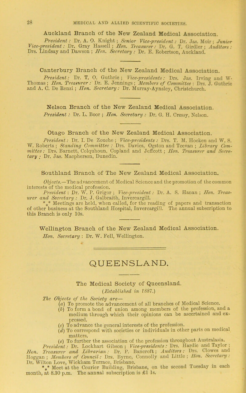 Auckland Branch of the New Zealand Medical Association. President: Dr. A. 0. Knight; Senior Vice-president: Dr. Jan. Moir: Junior Vice-president: Dr. Gray Hassell ; Eon. Treasurer: Dr. G. T. Girdler ; Auditors: Drs. Lindsay and Dawson ; Hon. Secretary: Dr. E. Robertson, Auckland. Canterbury Branch of the New Zealand Medical Association. President: Dr. T. 0. Guthrie; Vice-presidents: Drs. Jas. Irving and W- Thomas ; Eon. Treasurer : Dr. E. Jennings; Members of Committee : Drs. J. Guthrie and A. C. De Renzi; Hon. Secretary: Dr. Murray-Aynsley, Christchurch. Nelson Branch of the New Zealand Medical Association. President: Dr. L. Boor ; Eon. Secretary : Dr. G. H. Cressy, Nelson. Otago Branch of the New Zealand Medical Association. President: Dr. I. De Zouche ; Vice-presidents: Drs. T. M. Hocken and W. S. W. Roberts ; Standing Committee : Drs. Davies, Ogston and Teevan ; Library Com- mittee : Drs. Barnett, Colquhoun, Copland and JeScott; Eon. Treasurer and Secre- tary : Dr. Jas. Macpherson, Dunedin. Southland Branch of The New Zealand Medical Association. Objects.—The advancement of Medical Science and the promotion of the common interests of the medical profession. President : Dr. W. P. Grigor ; Vice-president: Dr. A. S. Hanan ; Eon. Treas- urer and Secretary : Dr. J. Galbraith, Invercargill. *** Meetings are held, when called, for the reading of papers and transaction of other business at the Southland Hospital, Invercargill. The annual subscription to this Branch is only 10s. Wellington Branch of the New Zealand Medical Association. Eon. Secretary : Dr. W. Fell, Wellington. QUEENSLAND. The Medical Society of Queensland. (Established in 1887.) The Objects of the Society are— (a) To promote the advancement of all branches of Medical Science. (b) To form a bond of union among members of the profession, and a medium through which their opinions can be ascertained and ex- pressed. (c) To advance the general interests of the profession. (d) To correspond with societies or individuals in other parts on medical matters. (e) To further the association of the profession throughout Australasia. President: Dr. Lockhart Gibson ; Vice-presidents: Drs. Hardic and Taylor ; Eon. Treasurer and Librarian: Dr. P. Bancroft; Auditors: Drs. Clowes and Hoggan ; Members of Council: Drs. Byrne, Connolly and Little; Eon. Secretary : Dr. Wilton Love, Wickham Terrace, Brisbane. %* Meet at the Courier Building, Brisbane, on the second Tuesday in each month, at 8.30 p.m. The annual subscription is £1 Is.