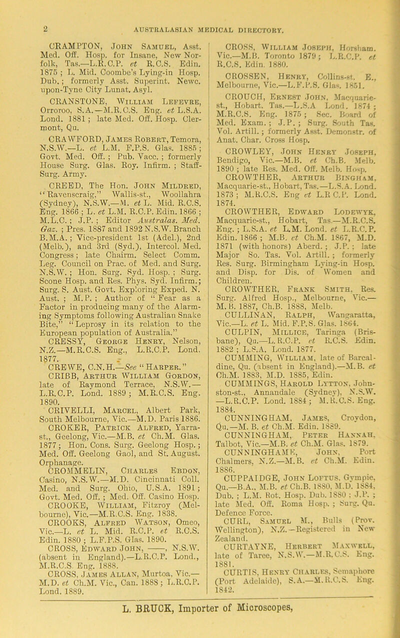 CRAMPTON, John Samuel, Asst. Med. Off. ITosp. for Insane, New Nor- folk, Tas.—L.R.C.P. et R.C.S. Edin. 1875; L. Mid. Coombe’s Lying-in Hosp. Dub.; formerly Asst. Superint. Newc. npon-Tyne City Lunat. Asyl. CRANSTONE, William Lefevre, Orroroo, S.A.—M.R.C.S. Eng. et L.S.A. Lond. 1881 ; late Med. Off. Hosp. Cler- mont, Qu. CRAWFORD, James Robert, Temora, N.S.W.—L. et L.M. F.P.S. Glas. 1885; Govt. Med. Off. ; Pub. Yacc. ; formerly House Surg. Glas. Roy. Infirm. ; Staff- Surg. Army. CREED, The Hon. John Mildred, “ Ravenscraig,” Wallis-st., Woollahra (Sydney), N.S.W.—M. et L. Mid. R.C.S. Eng. 1866 ; L. et L.M. R.C.P. Edin. 1866 ; M. L.C.; J.P. ; Editor Avstralas. Med. Gaz. ; Pres. 1887 and 1892 N.S.W. Branch B.M.A.; Vice-president 1st (Adel.), 2nd (Melb.), and 3rd (Syd.), Intercol. Med. Congress; late Chairm. Select Comm. Leg. Council on Prac. of Med. and Surg. N. S.W. ; Hon. Surg. Syd. Hosp. ; Surg. Scone Hosp. and Res. Phys. Syd. Infirm.; Surg. S. Aust. Govt. Exploring Exped. N. Aust. ; M. P. ; Author of “ Fear as a Factor in producing many of the Alarm- ing Symptoms following Australian Snake Bite,” “ Leprosy in its relation to the European population of Australia.” CRESSY, George Henry, Nelson, N.Z.—M.R.C.S. Eng., L.R.C.P. Lond. 1877. CREWE, C.N.H.—See “Harper.” CRIBB, Arthur William Gordon, late of Raymond Terrace, N.S.W.— L. R.C.P. Lond. 1889 ; M.R.C.S. Eng. 1890. CRIYELLI, Marcel, Albert Park, South Melbourne, Vic.—M.D. Paris 1886. CROKER, Patrick Alfred, Yarra- st., Geelong, Vic.—M.B. et Ch.M. Glas. 1877 ; Hon. Cons. Surg. Geelong Hosp.; Med. Off. Geelong Gaol, and St. August. Orphanage. CROMMELIN, Charles Ebdon, Casino, N.S.W.—M.D. Cincinnati Coll. Med. and Surg. Ohio, U.S.A. 1891 ; Govt. Med. Off. ; Med. Off. Casino Hosp. CROOKE, William, Fitzroy (Mel- bourne), Vic.—M.R.C.S. E-ng. 1838. CROOKS, Alfred Watson, Omeo, Vic.—L. et L. Mid. R.C.P. et R.C.S. Edin. 1880 ; L.F.P.S. Glas. 1890. CROSS, Edward John, , N.S.W. (absent in England).—L.R.C.P. Lond., M. R.C.S Eng. 1888. CROSS, James Allan, Murtoa, Vic.— M.D. et Ch.M. Vic., Can. 1888; L.R.C.P. Lond. 1889. CROSS, William Joseph, Horsham. Vic.—M.B. Toronto 1879 ; L.R.C.P. et R.C.S. Edin. 1880. CROSSEN, Henry, Collins-st. E., Melbourne, Vic.—L.F.P.S. Glas. 1851. CROUCH, Ernest John, Macquarie- st., Hobart. Tas.—L.S.A Lond. 1874 ; M.R.C.S. Eng. 1875 ; Sec. Board of Med. Exam.; J.P. ; Surg. South Tas. Vol. Artill.; formerly Asst. Demonstr. of Anat. Char. Cross Hosp. CROWLEY, John Henry Joseph, Bendigo, Vic.—M.B. et Ch.B. Melb. 1890 ; late Res. Med. Off. Melb. Hosp. CROWTHER, Arthur Bingham, Macquarie-st., Hobart. Tas.—L.S.A. Lond. 1873; M.R.C.S. Eng' et L.RC.P. Lond. 1874. CROWTHER, Edward Lodewyk, Macquarie-st., Hobart, Tas.—M.R.C.S. Eng. ; L.S.A. et L.M. Lond. et L.R.C.P. Edin. 1866 ; M.B, et Ch.M. 1867, M.D. 1871 (with honors) Aberd. ; J.P. ; late Major So. Tas. Vol. Artill. ; formerly Res. Surg. Birmingham Lying-in Hosp. and Disp. for Dis. of Women and Children. CROWTHER, Frank Smith, Res. Surg. Alfred Hosp., Melbourne, Vic.— M. B. 1887, Ch.B. 1888, Melb. CULLINAN, Ralph, Wangaratta. Vic.—L. et L. Mid. F.P.S. Glas. 1864. CULPIN, Millice, Taringa (Bris- bane), Qu.—L. R.C.P. et R.C.S. Edin. 1882 ; L.S.A. Lond. 1877. CUMMING, William, late of Barcal- dine, Qu. (absent in England).—M.B. et Ch.M. 1883, M.D. 1885, Edin. CUMMINGS, Harold Lytton, John- ston-st., Annandale (Sydnev), N.S.W. —L.R.C.P. Lond. 1884 ; M.R.C.S. Eng. 1884. CUNNINGHAM, James, Crovdon, Qu.—M. B. et Ch.M. Edin. 1889. CUNNINGHAM, Peter Hannah. Talbot, Vic.—M.B. et Ch.M. Glas. 1S79. CUNN INGHAM E, John. Port Chalmers, N.Z.—M.B. et Ch.M. Edin. 1886. CUPPAIDGE, John Loftus. Gvmpie, Qu.—B.A., M.B. efCh.B. 1880, M.D. 1884, Dub. ; L.M. Rot. Hosp. Dub. 1880 : J.P. ; late Med. Off. Roma Hosp. ; Surg. Qu. Defence Force. CURL, Samuel M., Bulls (Prov. Wellington), N.Z.—Registered in New Zealand. CURTAYNE, Herbert Maxwell, late of Taree, N.S.W.—M.R.C.S. Eng. 1881. CURTIS. Henry Charles, Semaphore (Port Adelaide), S.A.—M.R.C.S. Eng. 1842. L. BRUCK, Importer of Microscopes,