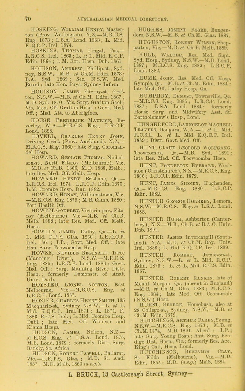 HOSKING, William Henry, Master- ton (Prov. Wellington), N.Z.—M.R.C.S. Eng. 1873 : L.S.A. Lond. 1863; L. Mid. K. Q.C.P. Irel. 1874. HOSKINS, Thomas, Fingal, Tas.— L. R.C.S. Irel. 1863 ; L. et L. Mid. R.C.P. Edin. 1864 ; L.M. Rot. Hosp. Dub. 1861. HOUISON, Andrew, Phillip-st., Syd- ney, N.S.W.—M.B. et Oh.M. Edin. 1873 ; B.A. Syd. 1869 ; Sec. N.S.W. Med. Board ; late Hon. Phys. Sydney Infirm. HOUISON, James, Fitzroy-st., Graf- ton, N.S.W.—M.B. et Ch.M. Edin. 1867 ; M. D. Syd. 1870 ; Vis. Surg. Grafton Gaol ; Vis. Med. Off. Grafton Hosp. ; Govt. Med. Off. ; Med. Att. to Aborigines. HOUSE, Frederick Maurice, Be- verley, W.A.—M.R.C.S. Eng., L.R.C.P. Lond. 1888. HOVELL, Charles Henry John, Driving Creek (Prov. Auckland), N.Z.— M.R.C.S. Eng. 1860 ; late Surg. Coroman- del Hosp. HOWARD, George Thomas, Nichol- son-st., North Fitzroy (Melbourne), Vic. —M.B. et Cli.B. 1866, M.D. 1888, Melb. ; late Res. Med. Off. Melb. Hosp. HOWARD, Henry, Brisbane, Qu.— L.R.C.S. Irel. 1874 ; L.R.C.P. Edin. 1876 : L.M. Coombe Hosp. Dub. 1882. HOWARD, Henry, Williamstown, Vic. —M.R.C.S. Eng. 1879 ; M.B.Camb. 1880 ; Port Health Off. HO WITT, Godfrey, Victoria-par., Fitz- roy (Melbourne), Vic.—M.B. et Ch.B. Melb. 1888 ; late- Res. Med. Off. Melb. Hosp. HOWLIN, James, Dalby. Qu.—L. et L. Mid. F.P.S. Glas. I860; L.K.Q.C.P. Irel. 1861; J.P.; Govt. Med. Off. ; late Hon. Surg. Toowoomba Hosp. HOWSE, Neville Reginald, Taree (Manning River), N.S.W.—M.R.C.S. Eng. 1885 ; L.R.C.P. Lond. 1886 ; Govt. Med. Off. ; Surg. Manning River Distr. Hosp. ; formerly Demonstr. of Anat. Univ. Durh. HOYSTED, Lionel Norton, East Melbourne, Vic.—M.R.C.S. Eng. et L. R.C.P. Lond. 1887. HOZIER, Charles Henry Smith, 135 Macquarie-st., Sydney, N.S.W.—L. et L. Mid. K.Q.C.P. Irel. 1S71 ; L. 1871, F. 1883, R.C.S. Irel. ; L. Mid. Coombe Hosp. Dubl. ; late Med. Off. Windsor and Kiama Hosps. HUDSON, James, Nelson, N.Z.— M. R.C.S. Eng. et L.S.A. Lond. 1876, M.B. Lond. 1879 ; formerly Distr. Surg. Barkly, So. Africa. HUDSON, Robert Fawell, Ballarat, Vic.— L.F.P.S. Glas. ; M.D. St. And. 1857 ; M.D. Melb. 1860 (a.e.ff.)- HUGHES, Joseph Fooed, Bungen- dore, N.S.W.—M.B. et Ch.M. Glas. 1887. HUGHBTON, Robert Wilson, Shep- parton, Vic.—M.B. et Ch.B. Melb. 1889. HULL, Walter, Res. Med. Supt. Syd. Hosp., Sydney, N.S.W.—M.D. Lond. 1887; M.R.C.S. Eng. 1882; L.R.C.P. Lond. 1882. HUME, John, Res. Med. Off. Hosp. Gympie, Qu.—M.B.et Ch.M. Edin. 1884 ; late Med. Off. Dalby Hosp., Qu. HUMPHRY, Ernest. Townsville, Qu. —M.R.C.S. Eng. 1885; L.R.C.P. Lond. 1887 ; L.S.A. Lond. 1884; formerly House Surg. and Midwifery Asst. St. Bartholomew’s Hosp., Lond. HUNGERFORD.Launcelot Machell Travers, Dongara, W.A.—L. et L. Mid. R.C.S.I., L. et L. Mid. K.Q.C.P. Irel. 1889 ; Distr. Govt. Med. Off. HUNT, Claud Leopold Wolfgang, Toowoomba, Qu.—M.B. Syd. 1891: late Res. Med. Off. Toowoomba Hosp. HUNT, Frederick Everard, Wool- ston (Christchurch), N.Z.—M.R.C.S. Eng. 1866 ; L.R.C.P. Edin. 1872. HUNT, James Sidney. Hughenden. Qu.—M.R.C.S. Eng. 1880; L.R.C.P. Edin. 1882. HUNTER, George Holbbey, Temora, N.S.W.—M.R.C.S. Eng. et L.S.A. Lond. 1885. HUM TER, Hugh, Ashburton (Canter- bury), N.Z.—M.B., Ch.B. et B.A.O. Univ. Dub. 1891. HUNTER, James, Invercargill (South- land), N.Z.—M.D. et Ch.M. Rov. Univ. Irel. 1888 ; L. Mid. K.Q.C.P. Irel. 1889. HUNTER, Robert, Jamieson-st., Sydney, N.S.W.—L. et L. Mid. R.C.P. Edin. 1873 ; L. et L. Mid. R.C.S. Edin. 1867. HUNTER, Robert Rankin, late of Mount Morgan, Qu. (absent in England) —M.B. et Ch.M. Glas. 1S83 ; M.R.C.S. Eng. 1884 ; late Med. Off. Coonamble (N.S.W.) Hosp. HURST, George, Homebush, also at 28 College-st., Sydney, N.S.W.—M.B. cl Ch.M. Edin. 1879. HUTCHINGS, Arthur Carey,Young, N.S.W.—M.R.C.S. Eng. 1873; M.B. et Ch.M. 1874, M.D. 1891. Aberd. ; J.P.; late Surg. Young Hosp.; Asst. Surg. Ben- digo Dist. Hosp.,Vic.; formerly Res. Acc. King’s Coll. Hosp. Lond. HUTCHINSON, Benjamin Clay, St. Kilda (Melbourne), Vic.—M.D. Edin. 1855; M.D. (a.e.g.) Melb. 1884.