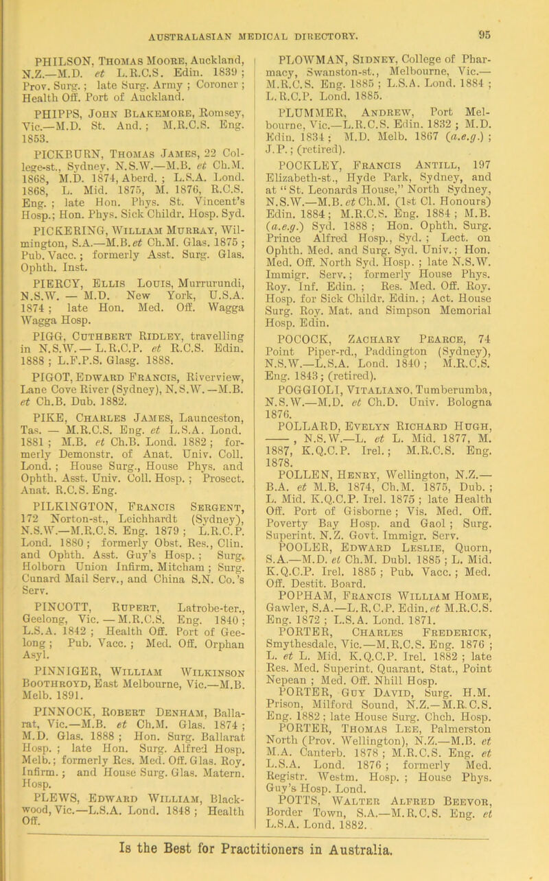 PHILSON, Thomas Moore, Auckland, N.Z.—M.D. et L.R.C.S. Edin. 1839 ; Prov. Surg.; late Surg. Army ; Coroner ; Health Off. Port of Auckland. PHIPPS, John Blakemore, Romsey, Yic.—M.D. St. And.; M.R.C.S. Eng. 1853. PICKBURN, Thomas James, 22 Col- lege-st., Sydney. N.S.W.—M.B. et Ch.M. 1868, M.D. 1871, Aberd. ; L.S.A. Lond. 1868, L. Mid. 1875, M. 1876, R.C.S. Eng. ; late Hon. Phys. St. Vincent’s Hosp.; Hon. Phys. Sick Childr. Hosp. Syd. PICKERING, William Murray, Wil- mington, S.A.—M.B.et Ch.M. Glas. 1875 ; Pub. Vacc.; formerly Asst. Surg. Glas. Ophth. Inst. PIERCY, Ellis Louis, Murrurundi, N.S.W. — M.D. New York, U.S.A. 1874 ; late Hon. Med. Off. Wagga Wagga Hosp. PIGG, Cuthbert Ridley, travelling in N.S.W.— L.R.C.P. et R.C.S. Edin. 1888 ; L.F.P.S. Glasg. 1888. PIGOT, Edward Francis, Riverview, Lane Cove River (Sydney), N.S.W.—M.B. et Ch.B. Dub. 1882. PIKE, Charles James, Launceston, Tas. — M.R.C.S. Eng. et L.S.A. Lond. 1881 ; M.B. et Ch.B. Lond. 1882 ; for- merly Demonstr. of Anat. Univ. Coll. Lond. ; House Surg., House Phys. and Ophth. Asst. Univ. Coll. Hosp. ; Prosect. Anat. R.C.S. Eng. PILK1NGTON, Francis Sergent, 172 Norton-st., Leichhardt (Sydney), N.S.W.—M.R.C.S. Eng. 1879; L.R.C.P. Lond. 1880; formerly Obst. Res., Clin, and Ophth. Asst. Guy’s Hosp. ; Surg. Holborn Union Infirm. Mitcham ; Surg. Cunard Mail Serv., and China S.N. Co.’s Serv. PINCOTT, Rupert, Latrobe-ter., Geelong, Vic.—M.R.C.S. Eng. 1840: L. S.A. 1842 ; Health Off. Port of Gee- long ; Pub. Vacc. ; Med. Off. Orphan Asyl. PINNIGER, William Wilkinson Boothroyd, East Melbourne, Vic.—M.B. Melb. 1891. PINNOCK, Robert Denham, Balla- rat, Vic.—M.B. et Ch.M. Glas. 1874 ; M. D. Glas. 1888 ; Hon. Surg. Ballarat Hosp. ; late Hon. Surg. Alfred Hosp. Melb.; formerly Res. Med. Off. Glas. Roy. Infirm.; and House Surg. Glas. Matern. Hosp. PLEWS, Edward William, Black- wood, Vic.—L.S.A. Lond. 1848; Health Off. PLOWMAN, Sidney, College of Phar- macy, Swanston-st., Melbourne, Vic.— M. R.C.S. Eng. 1885 ; L.S.A. Lond. 1884 ; L.R.C.P. Lond. 1885. PLUMMER, Andrew, Port Mel- bourne, Vic.—L.R.C.S. Edin. 1832 ; M.D. Edin. 1834 ; M.D. Melb. 1867 (a.e.g.) ; J. P.; (retired). POCKLEY, Francis Antill, 197 Elizabeth-st., Hyde Park, Sydney, and at “ St. Leonards House,” North Sydney, N. S.W.—M.B. et Ch.M. (1st Cl. Honours) Edin. 1884; M.R.C.S. Eng. 1884; M.B. (a.e.g.) Syd. 1888 ; Hon. Ophth. Surg. Prince Alfred Hosp., Syd. ; Lect. on Ophth. Med. and Surg. Syd. Univ.; Hon. Med. Off. North Sy<l. Hosp. ; late N.S.W. Immigr. Serv.; formerly House Phys. Roy. Inf. Edin. ; Res. Med. Off. Roy. Hosp. for Sick Childr. Edin.; Act. House Surg. Roy. Mat. and Simpson Memorial Hosp. Edin. POCOCK, Zachary Pearce, 74 Point Piper-rd., Paddington (Sydney), N.S.W.—L.S.A. Lond. 1840; M.R.C.S. Eng. 1843; (retired). POGGIOLI, Vitaliano. Tumberumba, N.S.W.—M.D. et Ch.D. Univ. Bologna 1876. POLLARD, Evelyn Richard Hugh, , N.S.W.—L. et L. Mid. 1877, M. 1887, K.Q.C.P. Irel.; M.R.C.S. Eng. 1878. POLLEN, Henry, Wellington, N.Z.— B.A. et M.B. 1874, Ch.M. 1875, Dub. ; L. Mid. K.Q.C.P. Irel. 1875 ; late Health Off. Port of Gisborne; Vis. Med. Off. Poverty Bay Hosp. and Gaol ; Surg. Superint. N.Z. Govt. Immigr. Serv. POOLER, Edward Leslie, Quorn, S.A.—M.D. el Ch.M. Dubl. 1885 ; L. Mid. K. Q.C.P. Irel. 1885; Pub. Vacc.; Med. Off. Destit. Board. POPHAM, Francis William Home, Gawler, S.A.—L.R.C.P. Edin.et M.R.C.S. Eng. 1872 ; L.S.A. Lond. 1871. PORTER, Charles Frederick, Smythesdale, Vic.—M.R.C.S. Eng. 1876 ; L. et L. Mid. K.Q.C.P. Irel. 1882 ; late Res. Med. Superint. Quarant. Stat., Point Nepean ; Med. Off. Nhill Hosp. PORTER, Goy David, Surg. H.M. Prison, Milford Sound, N.Z.-M.R.C.S. Eng. 1882; late House Surg. Chch. Hosp. PORTER, Thomas Lee, Palmerston North (Prov. Wellington), N.Z.—M.B. et M. A. Canterb. 1878; M.R.C.S. Eng. et L.S.A. Lond. 1876 ; formerly Med. Registr. Westm. Hosp. ; House Pbys. Guy’s Hosp. Lond. POTTS, Walter Alfred Beevor, Border Town, S.A.—M.R.C.S. Eng. et L.S.A. Lond. 1882. Is the Best for Practitioners in Australia,