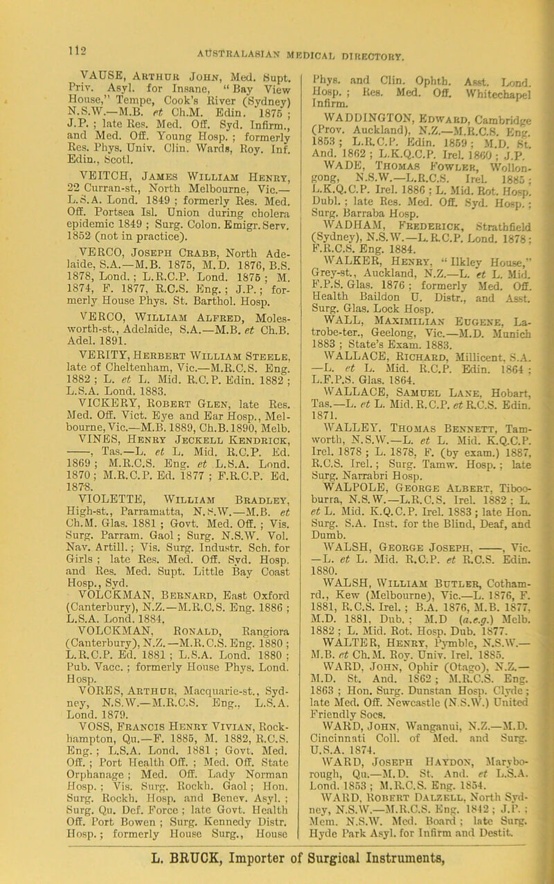 VAUSE, Arthur John, Med. Supt. Priv. Asyl. for Insane, “ Bay View House,” Tempe, Cook’s River (Sydney) N.S.W.—M.B. et Ch.M. Edin. '1875 ; J.P. ; late Res. Med. Off. Syd. Infirm., and Med. Off. Young Hosp. ; formerly Res. Phys. Univ. Clin. Wards, Roy. Inf. Edin., Scotl. VEITCH, James William Henry, 22 Curran-st., North Melbourne, Vic.— L.S.A. Lond. 1849 ; formerly Res. Med. Off. Portsea Isl. Union during cholera epidemic 1849 ; Surg. Colon. Emigr.Serv. 1852 (not in practice). VERCO, Joseph Crabb, North Ade- laide, S.A.—M.B. 1875, M.D. 1876, B.S. 1878, Lond. ; L.R.C.P. Lond. 1876; M. 1874, F. 1877, R.C.S. Eng.; J.P.; for- merly House Phys. St. Barthol. Hosp. VERCO, William Alfred, Moles- worth-st., Adelaide, S.A.—M.B. et Ch.B. Adel. 1891. VERITY, Herbert William Steele. late of Cheltenham, Vic.—M.R.C.S. Eno-. 1882 ; L. et L. Mid. R.C.P. Edin. 1882 ; L.S.A. Lond. 1883. VICKERY, Robert Glen, late Res. Med. Off. Viet. Eye and Ear Hosp., Mel- bourne, Vic.—M.B. 1889, Ch.B. 1890, Melb. VINES, Henry Jeckell Kendrick, , Tas.—L. et L. Mid. R.C.P. Ed. 1869 ; M.R.C.S. Eng. et L.S.A. Lond. 1870; M.R.C.P. Ed. 1877 ; F.R.C.P. Ed. 1878. VIOLETTE, William Bradley, High-st., Parramatta, N.S.W.—M.B. et Ch.M. Glas. 1881 ; Govt. Med. Off. ; Vis. Surg. Parram. Gaol; Surg. N.S.W. Vol. Nav. Artill.; Vis. Surg. Industr. Sch. for Girls ; late Res. Med. Off. Syd. Hosp. and Res. Med. Supt. Little Bay Coast Hosp., Syd. VOLCKMAN, Bernard, East Oxford (Canterbury), N.Z.—M.R.C.S. Eng. 1886 ; L.S.A. Lond. 1884. VOLCKMAN, Ronald, Rangiora (Canterbury), N.Z.—M.R.C.S. Eng. 1880 ; L.R.C.P. Ed. 1881 ; L.S.A. Lond. 1880 ; Pub. Vacc. ; formerly House Phys. Lond. Hosp. VORES, Arthur. Macquarie-st., Syd- ney, N.S.W.—M.R.C.S. Eng., L.S.A. Lond. 1879. VOSS, Francis Henry Vivian, Rock- hampton, Qu.—F. 1885, M. 1882, R.C.S. Eng. ; L.S.A. Lond. 1881 ; Govt. Med. Off. ; Port Health Off. ; Med. Off. State Orphanage ; Med. Off. Lady Norman Hosp. ; Vis. Surg. Rockh. Gaol; Hon. Surg. Rockh. Hosp. and Benev. Asyl. ; Surg. Qu. Dcf. Force ; late Govt. Health Off. Port Bowen ; Surg. Kennedy Distr. IIosp.; formerly House Surg., House Phys. and Clin. Opbtb. Asst. Lond. Hosp. ; Res. Med. Off. Whitechapel Infirm. WADDING I ON, Edward, Cambridge (Prov. Auckland), N.Z.—M.R.C.S. Eng. 1853 ; L.R.C.P. Edin. 1859; M.D. St. And. 1862 ; L.IC.Q.C.P. IreL 1860 ; J.P. WADE, Thomas Fowler, Wollon- gong, N.S.W.—L.R.C.S. Irel. 1885; L.K.Q.C.P. Irel. 1886 ; L. Mid. Rot. Hosp. Dubl. ; late Res. Med. Off. Syd. Hosp.; Surg. Barraba Hosp. WAD H AM, Frederick, Stratbfield (Sydney), N.S.W.—L.R.C.P. Lond. 1878; F.R.C.S. Eng. 1884. WALKER, Henry. Ilkley House,” Grey-st., Auckland, N.Z.—L. et L. Mid. F.P.S. Glas. 1876 ; formerly Med. Off. Health Baildon U. Distr., and Asst. Surg. Glas. Lock Hosp. WALL, Maximilian Eugene, La- trobe-ter., Geelong, Vic.—M.D. Munich 1883 ; State’s Exam. 1883. WALLACE, Richard, Millicent. S.A. —L. et L. Mid. R.C.P. Edin. 1864 ; L. F.P.S. Glas. 1864. WALLACE, Samuel Lane, Hobart, Tas.—L. et L. Mid. R.C.P. et R.C.S. Edin! 1871. WALLEY. Thomas Bennett, Tam- worth, N.S.W.—L. et L. Mid. K.Q.C.P. Irel. 1878 ; L. 1878, F. (by exam.) 1887, R.C.S. Irel.; Surg. Tamw. Hosp.; late Surg. Narrabri Hosp. WALPOLE, George Albert. Tiboo- burra, N.S.W.—L.R.C.S. Irel. 1882; L. et L. Mid. K.Q.C.P. Irel. 18S3 ; late Hon. Surg. S.A. Inst, for the Blind, Deaf, and Dumb. WALSH, George Joseph, , Vic. -L. et L. Mid. R.C.P. et R.C.S. Edin. 1880. WALSH, William Butler, Cotham- rd., Kew (Melbourne), Vic.—L. 1876, F. 1881, R.C.S. Irel. ; B.A. 1876, M.B. 1877. M. D. 1881, Dub. ; M.D (a.e.g.) Melb. 1882 ; L. Mid. Rot. Hosp. Dub. 1877. WALTER, Henry, Pymblc, N.S.W.— M.B. et Ch.M. Roy. Univ. Irel. 18S5. WARD. John, Opliir (Otago), N.Z.— M.D. St. And. 1S62 ; M.R.C.S. Eng. 1863 ; Hon. Surg. Dunstan Hosp. Clyde; late Med. Off. Newcastle (N.S.W.) United Friendly Socs. WARD, John. Wanganui, N.Z.—M.D. Cincinnati Coll, of Med. and Surg. U.S.A. 1874. WARD, Joseph Haydon, Marybo- rough, Qu.—M.D. St. And. et L.S.A. Lond. 1853 ; M.R.C.S. Eng. 1854. WARD, Robert Dale ell. North Syd- ney, N.S.W.—M.R.C.S. Eng. 1842 ; J.P. ; i Mem. N.S.W. Med. Board; late Surg. Hyde Park Asyl. for Infirm and Destit.