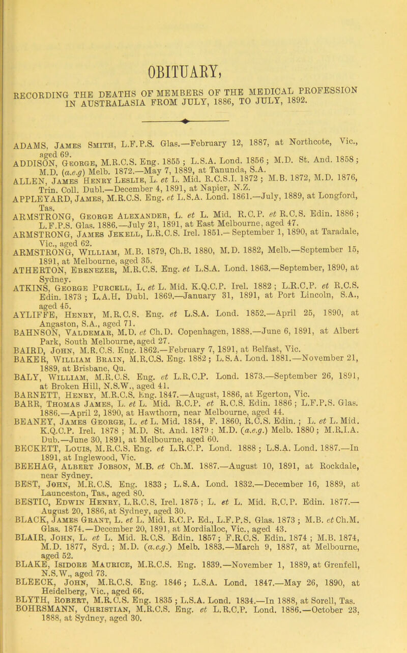 OBITUARY, RECORDING THE DEATHS OF MEMBERS OF THE MEDICAL PROFESSION IN AUSTRALASIA FROM JULY, 1886, TO JULY, 1892. ♦ ADAMS, James Smith, L.F.P.S. Glas.—February 12, 1887, at Northcote, Vic., 8ffGCl 69. ADDISON, George, M.R.C.S. Eng. 1866 ; L.S.A. Lond. 1866; M.D. St. And. 1858 ; M.D. (a.e.g) Melb. 1872.—May 7, 1889, at Tanunda, S.A. ALLEN, James Henry Leslie, L. et L. Mid. R.C.S.I. 1872 ; M.B. 1872, M.D. 1876, Trin. Coll. Dubl.—December 4, 1891, at Napier, N.Z. APPLEYARD, James, M.R.C.S. Eng. et L.S.A. Lond. 1861.—July, 1889, at Longford, ARMSTRONG, George Alexander, L. et L. Mid. R.C.P. et R.C.S. Edin. 1886; L. F.P.S. Glas. 1886.—July 21, 1891, at East Melbourne, aged 47. ARMSTRONG, James Jbkell, L.R.C.S. Irel. 1861.—September 1, 1890, at Taradale, Vic., aged 62. ARMSTRONG, William, M.B. 1879, Ch.B. 1880, M.D. 1882, Melb.—September 16, 1891, at Melbourne, aged 36. ATHERTON, Ebenezer, M.R.C.S. Eng. et L.S.A. Lond. 1863.—September, 1890, at ATKINS, George Pdrcell, L. et L. Mid. K.Q.C.P. Irel. 1882 ; L.R.C.P. et R.C.S. Edin. 1873 ; L.A.H. Dubl. 1869.—January 31, 1891, at Port Lincoln, S.A., aged 46. AYLIFFE, Henry, M.R.C.S. Eng. et L.S.A. Lond. 1862.—April 26, 1890, at Angaston, S.A., aged 71. BAHNSON, Valdemar, M.D. et Cb.D. Copenhagen, 1888.—June 6, 1891, at Albert Park, South Melbourne, aged 27. BAIRD, John, M.R.C.S. Eng. 1862.—February 7, 1891, at Belfast, Vic. BAKER, William Brain, M.R.C.S. Eng. 1882; L.S.A. Lond. 1881.—November 21, 1889, at Brisbane, Qu. BALY, William, M.R.C.S. Eng. et L.R.C.P. Lond. 1873.—September 26, 1891, at Broken Hill, N.S.W., aged 41. BARNETT, Henry, M.R.C.S. Eng. 1847.—August, 1886, at Egerton, Vic. BARR, Thomas James, L. et L. Mid. R.C.P. et R.C.S. Edin. 1886; L.F.P.S. Glas. 1886.—April 2, 1890, at Hawthorn, near Melbourne, aged 44. BEANEY, James George, L. et L. Mid. 1854, F. 1860, R.C.S. Edin. ; L. et L. Mid. K.Q.C.P. Irel. 1878 ; M.D. St. And. 1879; M.D. {a.e.g.) Melb. 1880; M.R.I.A. Dub.—June 30, 1891, at Melbourne, aged 60. BECKETT, Louis, M.R.C.S. Eng. et L.R.C.P. Lond. 1888 ; L.S.A. Lond. 1887.—In 1891, at Inglewood, Vic. BEEHAG, Albert Jobson, M.B. et Ch.M. 1887.—August 10, 1891, at Rockdale, near Sydney. BEST, John, M.R.C.S. Eng. 1833; L.S.A. Lond. 1832.—December 16, 1889, at Launceston, Tas., aged 80. BESTIC, Edwin Henry, L.R.C.S. Irel. 1876 ; L. et L. Mid. R.C.P. Edin. 1877.— August 20, 1886, at Sydney, aged 30. BLACK, James Grant, L. et L. Mid. R.C.P. Ed., L.F.P.S. Glas. 1873 ; M.B. et Ch.M. Glas. 1874.—December 20, 1891, at Mordialloc, Vic., aged 43. BLAIR, John, L. et L. Mid. R.C.S. Edin. 1867; F.R.C.S. Edin. 1874 ; M.B. 1874, M. D. 1877, Syd. ; M.D. (a.e.g.') Melb. 1883.—March 9, 1887, at Melbourne, aged 62. BLAKE, Isidore Maurice, M.R.C.S. Eng. 1839.—November 1, 1889, at Grenfell, N. S.W., aged 73. BLEECK, John, M.R.C.S. Eng. 1846 ; L.S.A. Lond. 1847.—May 26, 1890, at Heidelberg, Vic., aged 66. BLYTH, Robert, M.R.C.S. Eng. 1836 ; L.S.A. Lond. 1834.—In 1888, at Sorell, Tas. BOHRSMANN, Christian, M.R.C.S. Eng. et L.R.C.P. Lond. 1886.—October 23, 1888, at Sydney, aged 30.