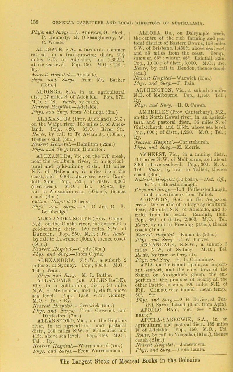 Phys. and Surgs.—A. Andrews, 0. Bloch, P. Kennedy, M. O’Shaughnessy, W. C. Woods. ALDGATE, S.A., a favourite summer retreat, in a fruit-growing distr., 21J miles S.E. of Adelaide, and 1,392ft. above sea level. Pop. 150. M.O. ; Tel. ; Ry- Nearest Hasp ital.—Adelaide. Phys. and Surgs. from Mt. Barker (13m.) ALDINGA, S.A., in an agricultural dist., 27 miles 8. of Adelaide. Pop., 575. M. O. ; Tel. Route, by coach. Nearest Hospital.—Adelaide. Phys. and Surg. from Willunga (3m.) ALEXANDRA (Prov. Auckland), N.Z., on the Waipa river, 108 miles S. of Auck- land. Pop., 320. M.O.; River Str. Route, by rail to Te Awamutu (100m.), thence coach (8m.) Nearest Hospital.—Hamilton (22m.) Phys. and Surg. from Hamilton. ALEXANDRA, Vic., on the U.T. creek, near the Goulbum river, in an agricul- tural and gold-mining distr., 101 miles N. E. of Melbourne, 75 miles from the coast, and 1,000ft. above sea level. Rain- fall, 26in. Pop., 720 ; of distr., 3,OoO (scattered). M.O. ; Tel. Route, by rail to Alexandra-road (97£m.), thence coach (4m.) Cottage Hospital (8 beds). Phys. and Surgs.—H. C. Jee, O. F. Lethbridge. ALEXANDRA SOUTH (Prov. Otago N.Z., on the Clutha river, the centre of a gold-mining distr., 120 miles N.W. of Dunedin. Pop., 250. M.O.; Tel. Route, by rail to Lawrence (60m.), thence coach (60m.) Nearest Hospital.—Clyde (Cm.) Phys. and Surg.—From Clyde. ALEXANDRIA, N.S.W., a suburb 2 miles S. of Sydney. Pop., 8,650. M.O. ; Tel. ; Tram. Phys. and Surg.—M. L. Butler. ALLANDALE (OR ALLENDALE), Vic., in a gold-mining distr., 90 miles N.W. of Melbourne, and 1,546 ft. above sea level. Pop., 1,560 with vicinity. M.O. ; Tel.: Ry. Nearest Hospital.—Creswick (5m.) Phys. and Surgs.—From Creswick and Daylesford (7m.) ALLAN SFORD, Vic., on the Hopkins river, in an agricultural and pastoral distr., 160 miles S.W. of Melbourne and 41ft. above sea level. Pop., 450. M.O.; Tel. ; Ry. Nearest Hospital.—Warrnambool (7m.) Phys. and Surgs.—From Warrnambool. ALLORA. Qu., on JJalrymplc creek, the centre of the rich fanning and pas- toral district of Eastern Downs, 158 miles S.W. of Brisbane, 1,450ft. above sea level, and 83 miles from the coast. Temp., summer, 85° : winter. 48°. Rainfall, 32in. Pop., 1,000 ; of distr., 3,000. M.O.: Tel. Route, by rail to Hendon, thence Orach (4m.) Nearest Hospital—Marwick (15m.) Phys. and Surg.—F. Pain. ALPH1NGTON, Vic., a suburb 5 miles N.E. of Melbourne. Pop., 1,150. Tel.; Ry- Phys. and Surg.—H. O. Cowen. AMBERLEY (Prov. Canterbury), N.Z., on the North Kowai river, in an agricul- tural and pastoral distr., 36 miles N. of Christchurch and 135ft. above sea level. Pop., 600 ; of distr., 1,250. M.O. : Tel. ; Ry- A rarest Hospital.—Christchurch. Phys. and Surg.—M. Morris. AMHERST, Vic., in a mining distr., Ill miles N.W. of Melbourne, and about 800ft. above sea level. Pop., 300. M.O.; Tel. Route, by rail to Talbot, thence coach (3m.) District Hospital (60 beds).—Med. Off., R. T. Fetherstonhaugh. Phys.and Surgs.—R. T. Fetherstonhaugh, and practitioners from Talbot. ANGASTON, S.A., on the Angaston creek, the centre of a large agricultural distr., 53 miles N.E. of Adelaide, and 35 miles from the coast. Rainfall, 18in. Pop., 620 ; of distr., 2,000. M.O. ; Tel. Route, by rail to Freeling (37m.), thence coach (16m.) Nearest Hospital.—Kapunda (20m.) Phys. and Surg.—C. W. Pirrves. ANNANDALE, N.S.W., a suburb 3 miles N.W. of Sydney. M.O. ; Tel. Route, by tram or ferry str. Phys. and Surg.—H. L. Cummings. APIA, on the island Upolu, an import- ant seaport, and the chief town of the Samoa or Navigator’s group, the em- porium of the produce of nearly all the other Pacific Islands, 700 miles N.E. of Fiji. Climate very humid; mean temp., 80°. Str. Phys. and Surg.—S. H. Davies, at Tua- sivi, Savaii Island (35m. from Apia). APOLLO BAY, Vic.—Sec “Kram- BRTJK.” A PPILA-Y ARRO WIE, S.A., in an agricultural and pastoral distr., 182 miles N. of Adelaide. Pop., 150. M.O.; Tel. Route, by rail to Yongala (161m.), thence coach (21m.) Nearest Hospital.—Jamestown. Phys. and Surg.—From Laura. The Largest Stock of Medical Books in the Colonies