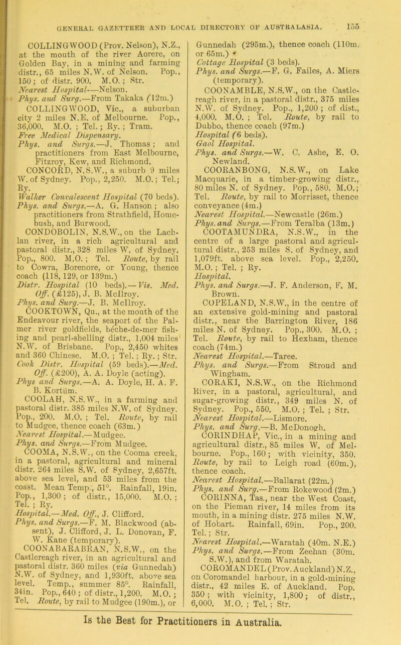 COLLING WOOD (Prov. Nelson), N.Z., at the mouth of the river Aorere, on Golden Bay, in a mining and farming distr., 65 miles N.W. of Nelson. Pop., 150; of distr. 900. M.O. ; Str. Nearest Hospital—Nelson. Phys. and Surg.—From Takaka ('12m.) COLLINGWOOD, Vic., a suburban city 2 miles N.E. of Melbourne. Pop., 36,000. M.O. ; Tel.; Ry.; Tram. Free. Medical Dispensary. Phys. and Snrys.—J. Thomas ; and practitioners from East Melbourne, Fitzroy, Kew, and Richmond. CONCORD, N.S.W., a suburb 9 miles \V. of Sydney. Pop., 2,250. M.O.; Tel.; Ry- Wallter Convalescent Hospital (70 beds). Phys. and Surgs.—A. G. Hanson ; also practitioners from Strathfield, Home- bush, and Bur wood. CONDOBOLIN. N.S.W.,on the Lach- lan river, in a rich agricultural and pastoral distr., 328 miles W. of Sydney. Pop., 800. M.O.; Tel. Route, by rail to Cowra, Borenore, or Young, thence coach (118,129, or 139m.) Distr. Hospital (10 beds).— Vis. Med. Off. (£125), J. B. Mcllroy. Phys. and Surg.—J. B. Mcllroy. COOKTOWN, Qu., at the month of the Endeavour river, the seaport of the Pal- mer river goldfields, beche-de-mer fish- ing and pearl-shelling distr., 1,004 miles N.W. of Brisbane. Pop., 2,450 whites and 360 Chinese. M.O. ; Tel.; Ry. ; Str. Cook Distr. Hospital (59 beds).—Med. Off. (£200), A. A. Doyle (acting). Phys and Surgs.—A. A. Doyle, H. A. F. B. Kortiim. COOLAH, N.S.W., in a farming and pastoral distr. 385 miles N.W. of Sydney. Pop., 200. M.O. ; Tel. Route, by rail to Mudgee, thence coach (63m.) Nearest Hospital.—Mudgee. Phys. and Surgs.—From Mudgee. COOMA, N.S.W., on the Cooma creek, in a pastoral, agricultural and mineral distr. 264 miles S.W. of Sydney, 2,657ft. above sea level, and 53 miles from the coast. Mean Temp., 51°. Rainfall, 19in. Pop., 1,300; of distr., 15,000. M.O. ; Tel. ; Ry. Hospital.—Med. Off., J. Clifford. Phys. and Surgs.—F. M. Blackwood (ab- sent), J. Clifford, J. L. Donovan, F. W. Kane (temporary). COONABARABRAN, N.S.W., on the Castlereagh river, in an agricultural and pastoral distr. 360 miles (via Gunnedah) N.W. of Sydney, and 1,930ft. above sea level. Temp., summer 85°. Rainfall, 34in. Pop., 640; of distr., 1,200. M.O. ; Tel. Route, by rail to Mudgee (190m.), or Gunnedah (295m.), thence coach (110m. or 65m.) * Cottage Hospital (3 beds). Phys. and Surgs.—F. G. Failes, A. Miers (temporary). COONAMBLE, N.S.W., on the Castle- reagh river, in a pastoral distr., 375 miles N.W. of Sydney. Pop., 1,200 ; of dist., 4,000. M.O. ; Tel. Route, by rail to Dubbo, thence coach (97m.) Hospital (6 beds). Gaol Hospital. Phys. and Surgs.—W. C. Ashe, E. O. Newland. COORANBONG, N.S.W., on Lake Macquarie, in a timber-growing distr., 80 miles N. of Sydney. Pop., 580. M.O.; Tel. Route, by rail to Morrisset, thence conveyance (4m.) Nearest Hospital.—Newcastle (26m.) Phys. and Surgs.—From Teralba (13m.) COOTAMUNDRA, N.S.W., in the centre of a large pastoral and agricul- tural distr., 253 miles S. of Sydney, and 1,079ft. above sea level. Pop., 2,250. M.O.; Tel. ; Ry. Hospital. Phys. and Surgs.—J. F. Anderson, F. M. Brown. COPELAND, N.S.W., in the centre of an extensive gold-mining and pastoral distr., near the Barrington River, 186 miles N. of Sydney. Pop., 300. M. O. ; Tel. Route, by rail to Hexham, thence coach (74m.) Nearest Hospital.—Taree. Phys. and Surgs.—From Stroud and Wingham. CORAKI, N.S.W., on the Richmond River, in a pastoral, agricultural, and sugar-growing distr., 349 miles N. of Sydney. Pop., 550. M.O. ; Tel. ; Str. Nearest Hospital.—Lismore. Phys. and Surg.—B. McDonogh. CORINDHAP, Vic., in a mining and agricultural distr., 85 miles W. of Mel- bourne. Pop., 160; with vicinity, 350. Route, by rail to Leigh road (60m.), thence coach. Nearest Hospital.—Ballarat (22m.) Phys. and Surg.—From Rokewood (2m.) CORINNA, Tas., near the West Coast, on the Pieman river, 14 miles from its mouth, in a mining distr. 275 miles N.W. of Hobart. Rainfall, 69in. Pod., 200. Tel.; Str. Nearest Hospital.—Waratah (40m. N.E.) Phys. and Surgs.—From Zeehan (30m. S.W.), and from Waratah. COROMANDEL (Prov. Auckland) N.Z., on Coromandel harbour, in a gold-mining distr., 42 miles E. of Auckland. Pop. 350; with vicinity, 1,800; of distr., 6,000. M.O. ; Tel. ; Str. Is the Best for Practitioners in Australia.