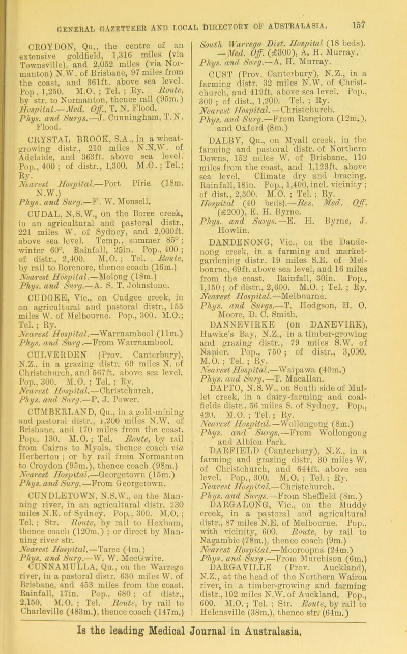 CROYDON, Qu., the centre of an extensive goldfield, 1,315 miles (via Townsville), and 2,052 miles (via Nor- manton) N.W. of Brisbane, 97 miles from the coast, and 361ft. above sea level. Pop, 1,260. M.O. ; Tel. ; Ry. Route, by str. to Normanton, thence rail (95m.) Hospital.—Med. Off., T. N. Flood. Pliys. and Surgs.— J. Cunningham, T.N. Flood. CRYSTAL BROOK, S.A., in a wheat- growing distr., 210 miles N.N.W. of Adelaide, and 363ft. above sea level. Pop., 400 ; of distr., 1,300. M.O.; Tel.; Ry. Nearest Hospital.—Port Pirie (18m. N.W.) Phys. and Surg.—F. W, Monsell. CUDAL, N.S.W., on the Boree creek, in an agricultural and pastoral distr., 221 miles W. of Sydney, and 2,000ft. above sea level. Temp., summer 85° ; winter 60°. Rainfall, 25in. Pop., 400 ; of distr., 2,400. M.O. ; Tel. Route, by rail to Borenore, thence coach (16m.) Nearest Hospital.—Molong (18m.) Phys. and Surg.—A. S. T. Johnstone. CUDGEE, Vic., on Cudgee creek, in an agricultural and pastoral distr., 155 miles W. of Melbourne. Pop., 300. M.O.; Tel. ; Ry. Nearest Hospital.—Warrnambool (11m.) Phys. and Surg.—From Warrnambool. CDLVERDEN (Prov. Canterbury). N.Z., in a grazing distr. 69 miles N. of Christchurch, and 567ft. above sea level. Pop., 300. M.O. ; Tel. ; Ry. Nea rest Hospital.—Christchurch. Phys. and Surg.—P. J. Power. CUMBERLAND, Qu., in a gold-mining and pastoral distr., i,200 miles N.W. of Brisbane, and 170 miles from the coast. Pop., 130. M.O. ; Tel. Route, by rail from Cairns to Myola, thence coach via Herberton ; or by rail from Normanton to Croydon (95m.), thence coach (98m.) Nearest Hospital.—Georgetown (15m.) Phys. and Surg.—From Georgetown. CUNDLETOWN, N.S.W., on the Man- ning river, in an agricultural distr. 230 miles N.E. of Sydney. Pop., 300. M.O. ; Tel. ; Str. Route, by rail to Hexham, thence coach (120m.) ; or direct by Man- ning river str. Nearest Hospital.—Taree (4m.) Phys. and Surg.—W. W. MccGwire. CUNNAMULLA, Qu., on the Warrego river, in a pastoral distr. 630 miles W. of Brisbane, and 453 miles from the coast. Rainfall, 17in. Pop., 680; of distr., 2,150. M.O. ; Tel. Route, by rail to Charleville (483m.), thence coach (147m.) South Warrego Hist. Hospital (18 beds). —Med. Off. (£300), A. H. Murray. Phys. and Surg.—A. H. Murray. OUST (Prov. Canterbury), N.Z., in a farming distr. 32 miles N.W. of Christ- church, and 419ft. above sea level. Pop., 300 ; of dist., 1,200. Tel. ; Ry. Nearest Hospital. —Christchurch. Phys. and Surg— From Eangiora (12m.)) and Oxford (8m.) DALBY, Qu., on Myall creek, in the farming and pastoral distr. of Northern Downs, 152 miles W. of Brisbane, 110 miles from the coast, and 1,123ft. above sea level. Climate dry and bracing. Rainfall, 18in. Pop., 1,400, inch vicinity ; of dist., 2,500. M.O. ; Tel. ; Ry. Hospital (40 beds).—Res. Med. Off. (£200), E. H. Byrne. Phys. and Surgs.—E. H. Byrne, J. Howlin. DANDENONG, Vic., on the Dandc- nong creek, in a farming and market- gardening distr. 19 miles S.E. of Mel- bourne, 69ft. above sea level, and 16 miles from the coast. Rainfall, 30in. Pop., 1,150 ; of distr., 2,600. M.O. ; Tel. ; Ry. Nearest Hospital.—Melbourne. Phys. and Surgs.—T. Hodgson, H. O. Moore, D. C. Smith. DANNEVrRKE (or DANEVIRK), Hawke’s Bay, N.Z., in a timber-growing and grazing distr., 79 miles S.W. of Napier. Pop., 750 ; of distr., 3,000. M. O.; Tel. ; Ry. Nearest Hospital.—Waipawa (40m.) Phys. and Surg.—T. Macallan. DAPTO, N.S.W., on South side of Mul- let creek, in a dairy-farming and coal- fields distr., 56 miles S. of Sydney. Pop., 420. M.O. ; Tel.; Ry. Nearest Hospital.—Wollongong (8m.) Phys. and Surgs.—From Wollongong and Albion Park. DARF1ELD (Canterbury), N.Z., in a farming and grazing distr. 30 miles W. of Christchurch, and 644ft. above sea level. Pop., 300. M.O. ; Tel.; Ry. Nearest Hospital.— Christchurch. Phys. and. Surgs.—From Sheffield (8m.) DARGALONG, Vic., on the Muddy creek, in a pastoral and agricultural distr., 87 miles N.E. of Melbourne. Pop., with vicinity, 600. Route, by rail to Nagambie (78m.), thence coach (9m.) Nearest Hospital.—Mooroopna (24m.) Phys. and Surg.—From Murchison (6m.) DARGAVILLE (Prov. Auckland), N. Z., at the head of the Northern Wairoa river, in a timber-growing and farming distr., 102 miles N.W. of Auckland. Pop., 600. M.O.; Tel. ; Str. Route, by rail to Helensville (38m.), thence str. (64m.) Is the leading Medical Journal in Australasia.