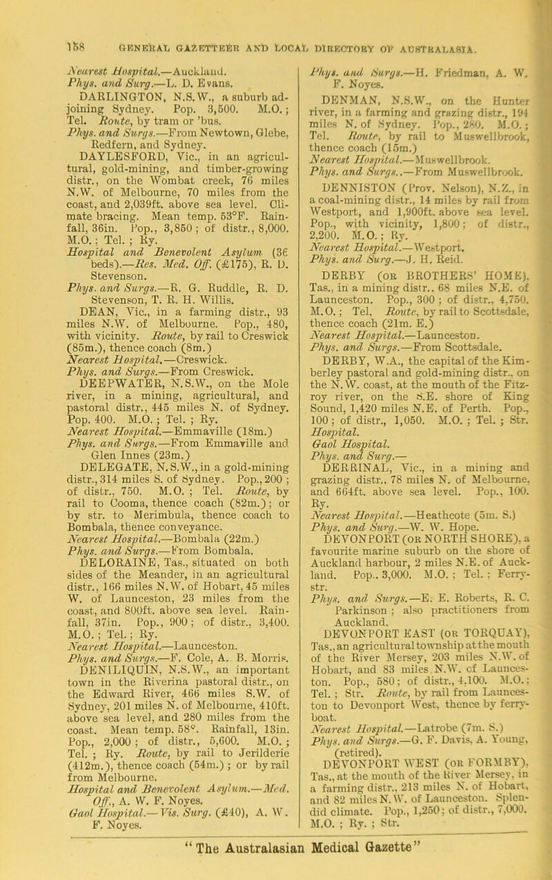 Nearest Hospital.—Auckland. Phys. and Surg.—L. D. Evans. DARLINGTON, N.S.W., a suburb ad- joining Sydney. Pop. 3,500. M.O.; Tel. Route, by tram or ’bus. Phys. and Surgs.—From Newtown, Glebe, Redfern, and Sydne3T. DAYLESFORD, Vic., in an agricul- tural, gold-mining, and timber-growing distr., on the Wombat creek, 76 miles N.W. of Melbourne, 70 miles from the coast, and 2,039ft. above sea level. Cli- mate bracing. Mean temp. 53°F. Rain- fall, 3 6in. Pop., 3,860; of distr., 8,000. M.O.; Tel. ; Ry. Hospital and Benevolent Asylum (36 beds').—Res. Med. Off. (£175), R. D. Stevenson. Phys. and Surgs.—R. G. Ruddle, R. D. Stevenson, T. R. H. Willis. DEAN, Vic., in a farming distr., 93 miles N.W. of Melbourne. Pop., 480, with vicinity. Route, by rail to Creswick (85m.), thence coach (8m.) Nearest Hospital.—Creswick. Phys. and Surgs.—From Creswick. DEEPWATER, N.S.W., on the Mole river, in a mining, agricultural, and pastoral distr., 445 miles N. of Sydney. Pop. 400. M.O. ; Tel. ; Ry. Nearest Hospital.—Emmaville (18m.) Phys. and Surgs.—From Emmaville and Glen Innes (23m.) DELEGATE, N. S.W.,in a gold-mining distr.,314 miles S. of Sydney. Pop.,200 ; of distr., 750. M.O. ; Tel. Route, by rail to Cooma, thence coach (82m.); or by str. to Merimbula, thence coach to Bombala, thence conveyance. Nearest Hospital.—Bombala (22m.) Phys. and Surgs.—From Bombala. DELORAINE, Tas., situated on both sides of the Meander, in an agricultural distr., 166 miles N.W. of Hobart, 45 miles W. of Launceston, 23 miles from the coast, and 800ft. above sea level. Rain- fall, 37in. Pop., 900; of distr., 3,400. M.O. ; Tel.; Ry. Nearest Hospital.—Launceston. Phys. and Surgs.—F. Cole, A. B. Morris. DENILIQUIN, N.S.W., an important town in the Riverina pastoral distr., on the Edward River, 466 miles S.W. of Sydney, 201 miles N. of Melbourne, 410ft. above sea level, and 280 miles from the coast. Mean temp. 58°. Rainfall, 13in. Pop., 2,000 ; of distr., 5,600. M.O. ; Tel. ; Ry. Route, by rail to Jerilderie (412m.), thence coach (54m.) ; or by rail from Melbourne. Hospital and Benevolent Asylum.—Med. Off., A. W. F. Noyes. Gaol Hospital.— Vis. Surg. (£40), A. W. F. Noyes. Phys. and Surgs.—H. Friedman, A. W. F. Noyes. DENMAN, N.S.W., on the Hunter river, in a farming and grazing distr., 194 miles N. of Sydney. Pop., 280. M.O.; Tel. Route, by rail to Muswellbrook, thence coach (1.5m.) Nearest Hospital.—Muswellbrook. Phys. and Surgs..—From Muswellbrook. DENNISTON (Prov. Nelson), N.Z., in a coal-mining distr., 14 miles by rail from Westport, and 1,900ft. above sea level. Pop., with vicinity, 1,800; of distr., 2,200. M.O.; Ry. Nearest Hospital.—Westport. Phys. and Surg.—J. H. Reid. DERBY (OR BROTHERS’ HOME), Tas., in a mining distr.. 68 miies N.E. of Launceston. Pop., 300 ; of distr., 4,750. M. O.; Tel. Route, by rail to Scottsdale, thence coach (21m. E.) Nearest Hospital.—Launceston. Phys. and Surgs.—From Scottsdale. DERBY, W.A., the capital of the Kim- berley pastoral and gold-mining distr.. on the N. W. coast, at the mouth of the Fitz- roy river, on the S.E. shore of King Sound, 1,420 miles N.E. of Perth. Pop., 100 ; of distr., 1,050. M.O. ; Tel. ; Str. Hospital. Gaol Hospital. Phys. and Surg.— DERRINAL, Vic., in a mining and grazing distr., 78 miles N. of Melbourne, and 664ft. above sea level. Pop., 100. Ry. Nearest Hospital.—Heathcote (5m. S.) Phys. and Surg.—W. W. Hope. DEVONPORT (or NORTH SHORE), a favourite marine suburb on the shore of Auckland harbour, 2 miles N.E. of Auck- land. Pop.. 3,000. M.O. ; Tel.; Ferry- str. Phys. and. Surgs.—E. E. Roberts, R. C. Parkinson ; also practitioners from Auckland. DEVONPORT EAST (OR TORQUAY), Tas., an agricultural town ship at the mouth of the River Mersey, 203 miles N.W. of Hobart, and 83 miles N.W. cf Launces- ton. Pop., 580 ; of distr., 4,100. M.O.; Tel. ; Str. Route, by rail from Launces- ton to Devonport West, thence by ferry- boat. Nearest Hospital.—Latrobe (7m. S.) Ploys, and Surgs.—G. F. Davis, A. Young, (retired). DEVONPORT WEST (or FORMBY), Tas., at the mouth of the River Mersey, in a farming distr., 213 miles N. of Hobart, and 82 miles N. W. of Launceston. Splen- did climate. Pop., 1,250; of distr., 7,000. M.O. ; Ry. ; Str.