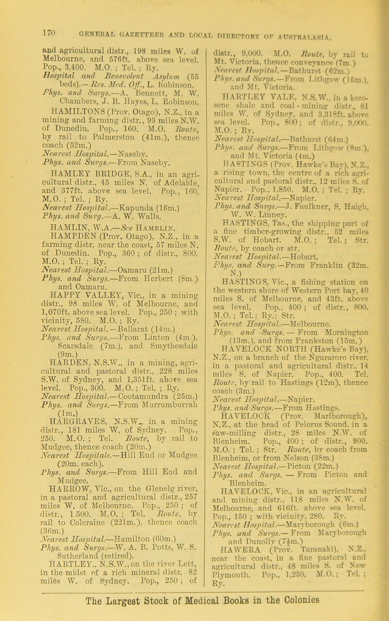 DIRECTORY OE AUSTRALASIA. and agricultural distr., 198 miles W. of Melbourne, and 576ft. above sea level. Pop., 3,400. M.O. ; Tel. ; Ry. Hospital and Benevolent Asylum (55 beds).— Res. Med. Off., L. Robinson. Phys. and Surgg,—A. Bennett, M. W. Chambers, J. B. Hayes, L. Robinson. HAMILTONS (Prov. Olago), N.Z., in a mining and farming distr., 93 miles N.W. of Dunedin. Pop., 160. M.O. Route, by rail to Palmerston (41m.), thence coach (52m.) Nearest. Hospital. —Naseby. Rhys, and Surgs.—From Naseby. HAMLEY BRIDGE, S.A., in an agri- cultural distr., 45 miles N. of Adelaide, and 377ft. above sea level. Pop., 160. M.O. ; Tel. ; Ry. Nearest Hospital.—Kapunda (16m.) Rhys, and Surg.—A. W. Walls. HAMLIN. W.A.—See IIamelix. HAMPDEN (Prov. Otago), N.Z., in a farming distr. near the coast, 57 miles N. of Dunedin. Pop., 360 ; of distr., 800. M.O. ; Tel. ; Ry. Nearest Hospital.—Oamaru (21m.) Phys. and Surgs.—From Herbert (8m.) and Oamaru. HAPPY VALLEY, Vic., in a mining distr., 98 miles W. of Melbourne, and 1,070ft. above sea level. Pop., 250 ; with vicinity, 580. M.O. ; Ry. Nearest Hospital. —Ballarat (14m.) Fliys. and Surgs.-—From Linton (4m.), Scarsdale (7m.), and Smythesdale (9m.) HARDEN, N.S.W., in a mining, agri- cultural and pastoral distr., 228 miles S.W. of Sydney, and 1,351ft. above sea level. Pop., 300. M.O.; Tel. ; Ry. Nearest Hospital.—Cootamundra (25m.) Phys. and Surgs.—From Murrumburrab (1m.) HARGRAVES, N.S.W., in a mining distr., 181 miles W. of Sydney. Pop., 250. M.O. ; Tel. Route, by rail to Mudgee, thence coach (20m.) Nearest Hospitals.—TA\W End or Mudgee (20m. each). Phys. and Surgs.—From Hill End and Mudgee. HARROW, Vic., on the Glenelg river, in a pastoral and agricultural distr., 257 miles W. of Melbourne. Pop., 250 ; of distr., 1.500. M.O. ; Tel. Route, by rail to Coleraine (221m.). thence coach (36m.) Nearest Hospital.—Hamilton (60m.) Phys. and Surgs.—W. A. B. Potts, W. S. Sutherland (retired). HARTLEY., N.S.W.,on the river Lett, in the midst of a rich mineral distr. 82 miles W. of Sydney. Pop., 250; of distr., 9,000. M.O. Route, by rail to Mt. Victoria, thence conveyance (7m.) Nearest Hospital.—Bathurst (62m.) Phys. and Surgs.—From Lithgow (15m.), and Mt. Victoria. HARTLEY VALE, N.S.W., in a kero- sene shale and coal - mining distr., 81 miles W. of Sydney, and 3.318ft. above sea level. Pop., 800; of distr., 9.000. M.O. ; Ry. Nearest Hospital.—Bathurst (64m.) Plugs, and Surgs.—From Lithgow (8m.), and Mt. Victoria (4m.) HASTINGS (Prov. Hawke’s Bay), N.Z., a rising town, the centre of a rich agri- cultural and pastoral distr., 12 miles S. of Napier. Pop., 1,850. M.O. ; Tel. ; Ry. Nearest Hospital.—Napier. Phys. and Surgs.—J. Faulkner, S. Haigh, W. W. Linney. HASTINGS, Tas., the shipping port of a fine timber-growing distr., 52 miles S.W. of Hobart. M.O. ; Tel.; Str. Route, by coach or str. Nearest Hospital.—Hobart, Phys. and Surg.— From Franklin (32m. N.) HASTINGS, Vic., a fishing station on the western shore of Western Port bay, 40 miles S. of Melbourne, and 43ft. above sea level. Pop., 400 ; of distr., 800. M. O. ; Tel.; Ry.; Str. Nea rest Hospita l.—M elbourne. Phys. and. ■ Surgs. — From Mornington (13m.), and from Frankston (15m.) HAVELOCK NORTH (Hawke’s Bay), N. Z., on a branch of the Nguraroro river, in a pastoral and agricultural distr.. 14 miles S. of Napier. Pop., 400. Tel. Route, by rail to Hastings (12m), thence coacli (3m.) Nearest Hospital.—Napier. Phys. and Surgs.—From Hastings. HAVELOCK (Prov. Marlborough), N.Z., at the head of Pelorus Sound, in a saw-milling distr., 2S miles N.W. of Blenheim. Pop., 400 ; of distr., 900. M.O. ; Tel.; Str. Route, by coach from Blenheim, or from Nelson (3Sm.) Nearest Hospital.—Picton (22m.) Phys. and Surgs. — From Picton and Blenheim. HAVELOCK, Vic., in an agricultural and mining distr., 11S miles N.W. of Melbourne, and 616ft. above sea level. Pop., 160 ; with vicinity, 280. Ry. Nearest Hospital.—Maryborough (6m.) Phys. and Surgs.— From Maryborough and Dunollv (7Jm.) HAWERA (Prov. Taranaki), N.Z.. near the coast, in a fine pastoral and agricultural distr., 48 miles S. of New Plymouth. Pop., 1.250. M.O.; Tel. ; Ry. The Largest Stock of Medical Books in the Colonies