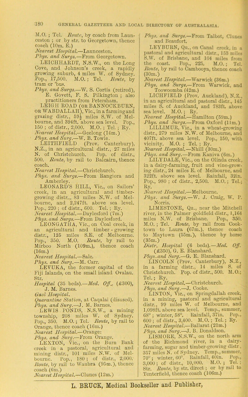 M. O. ; Tel. Route, by coach from Laun- ceston ; or by str. to Georgetown, thence coach (10m. IS.) Nearest Hospital.—Launceston. Phys. and Surgs.—From Georgetown. LEICHHARDT, N.S.W., on the Long Cove, and Johnson’s creek, a rapidly growing suburb, 4 miles W. of Sydney. Pop., 17,500. M.O. : Tel. Route, by tram or ’bus. Phys. and Surgs.—W. S. Cortis (retired), E. Govett, F. S. Pilkington ; also practitioners from Petersham. LEIGH ROAD (or BANNOCKBURN, or WABDALLAH), Vic., in a farmingand grazing distr., 59£ miles S.W. of Mel- bourne, and 394ft. above sea level. Pop., 150 ; of distr., 2,000. M.O. ; Tel.; Ry. Nearest Hospital.—Geelong (14m.) Phys. and Surg.—W. B. Towle. LEITHFIELD (Prov. Canterbury), N. Z., in an agricultural distr., 27 miles N. of Christchurch. Pop. of distr., 500. Route, by rail to Balcairn, thence coach. Nearest Hospital.—Christchurch. Phys. and Surgs.—From Rangiora and Amberley. LEONARD’S HILL, Vic., on Sailors’ creek, in an agricultural and timber- growing distr.,. 83 miles N.W. of Mel- bourne, and 2,247ft. above sea level. Pop., 220 ; of distr., 600. Tel. ; Ry. Nearest Hospital.—Daylesford (7m.) Phys. and Surgs.—E’rom Daylesford. LEONGATHA, Vic., on Coal creek, in an agricultural and timber - growing distr., 125 miles S.E. of Melbourne. Pop., 350. M.O. Route, by rail to Mirboo North (109m.), thence coach (16m.) Nearest Hospital.—Sale. Phys. and Surg.—M. Carr. LEVUKA, the former capital of the Fiii Islands, on the small island Ovalau. Str. Hospital (35 beds).—Med. Off., (£300), J. M. Bames. Gaol Hospital. Quarantine Station, at Caqalai (disused). Phys. and Surg.—J. M. Barnes. LEWIS PONDS, N.S.W., a mining township, 208 miles W. of Sydney. Pop., 350. M.O.; Tel. Ponte, by rail to Orange, thence coach (16m.) Nearest Hospital.—Orange: Phys. and Surg.—From Orange. LEXTON, Vic., on the Burn Bank creek in a pastoral, agricultural and mining distr., 101 miles N.W. of Mel- bourne. Pop., 180 ; of distr., 2,000. Route, by rail to Waubra (95m.), thence coach (6m.) Nearest Hospital.—Clunes (12m.) Phys. and Surgs.—From Talbot, Clunes and Beaufort. LEYBURN, Qu., on Canal creek, in a pastoral and agricultural distr., 153 miles S.W. of Brisbane, and 104 miles from the coast. Pop., 225. M.O. ; Tel. Route, by rail to Cambooya, thence coach (30m.) Nearest Hospital.—Warwick (36m.) Phys. and ,S'ary.?.—From Warwick, and Toowoomba (42m.) LICHFIELD (Prov. Auckland), N.Z., in an agricultural and pastoral distr., 145 miles S. of Auckland, and 783ft above sea level. M.O.; Ry. Nearest Hospital.—Hamilton (59m.) Phys. and Surgs.—From Oxford (11m.) LILLIMUR, Vic., in a wheat-growing distr., 279 miles N.W. of Melbourne, and 407ft. above sea level. Pop., 150, with vicinity. M.O. ; Tel. ; Ry. Nearest Hospital.—Nhill (30m.) Phys. and Surg.-—From Kaniva (6m.) LILYDALE, Vic., on the Olinda creek, in a dairy-fanning, fruit and vine-grow- ing distr., 24 miles E. of Melbourne, and 322ft. above sea level. Rainfall, 32in. Pop., 980 ; of distr., 2,500. M.O.; Tel.; Ry- Nearest Hospital.—Melbourne. Phys. and Surgs.—W. J. Craig, W. P. Norris. LIMESTONE, Qu., near the Mitchell river, in the Palmer goldfield distr., 1,164 miles N.W. of Brisbane. Pop., 350. M.O. ; Tel. Route, by rail from Cook- town to Laura (67m.), thence coach to May town (55m.), thence by horse (35m.) Distr. Hospital (6 beds).—Med. Off. (£350), G. E. Blanshard. Phys.and Surg.—G. E. Blanshard. LINCOLN (Prov. Canterbury), N.Z, in a farming distr., 14 miles S. of Christchurch. Pop. of distr., 500. M.O.; Tel.; Ry. Nearest Hospital. —Christchurch. Phys. and Surg.—J. Cooke. LINTON, Vic., on Springdallah creek, in a mining, pastoral and agricultural distr., 99 miles W. of Melbourne, and 1,098ft. above sea level. Temp., summer, 68° ; winter, 58°. Rainfall, 37in. Pop., 600 ; of distr., 3,400. M.O.; Tel.; Ry. Nearest Hospital.—Ballarat (21m.) Phys. and Surg.—J. B. Donaldson. LISMORE, N.S.W., on the north arm of the Richmond river, in a dairy- farming, sugar and timber-growing distr, 357 miles N. of Sydney. Temp., summer, 70°; winter, 60°. Rainfall, 40in. Pop., 3,000 ; of distr., 10,000. M.O. ; Tel. : Str. Route, by str. direct; or by rail to Tcnterfield, thence coach (106m.) L. BRUCK, Medical Bookseller and Publisher,