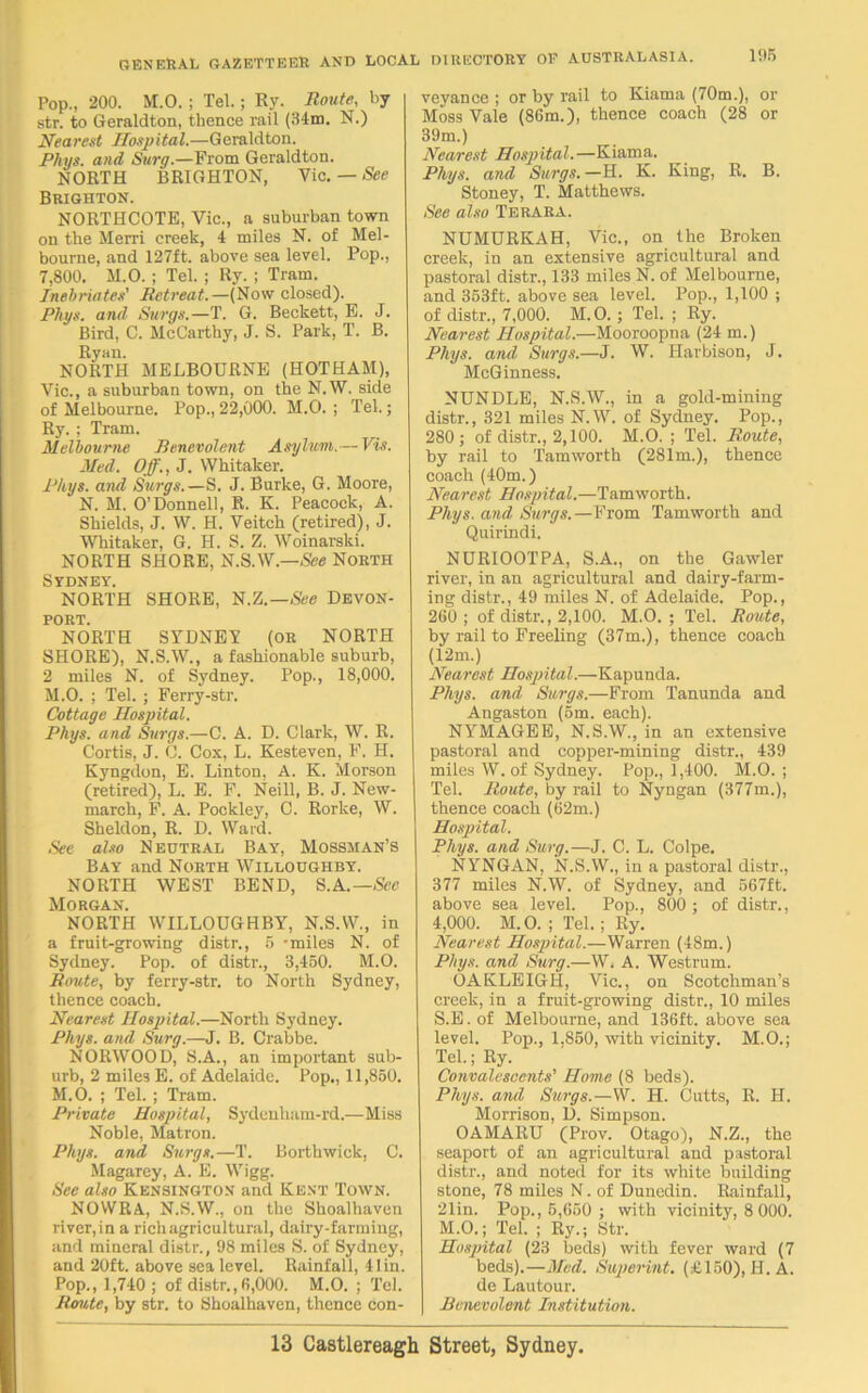 Pop., 200. M.O.; Tel.; Ry. Route, by str. to Geraldton, thence rail (34m. N.) Nearest Hosp ital.—G eraldton. Phys. and Surg.—From Geraldton. NORTH BRIGHTON, Vic. — See Brighton. NORTHCOTB, Vic., a suburban town on the Merri creek, 4 miles N. of Mel- bourne, and 127ft. above sea level. Pop., 7,800. M.O.; Tel. ; Ry. ; Tram. Inebriates' Retreat.—(Now closed). Phys. and. Surge.—T. G. Beckett, E. J. Bird, C. McCarthy, J. S. Park, T. B. Ryan. NORTH MELBOURNE (HOTHAM), Vic., a suburban town, on the N.W. side of Melbourne. Pop., 22,000. M.O. ; Tel.; Ry. ; Tram. Melbourne Benevolent Asylum.— Vis. Med. Off., J. Whitaker. Phys. and Surgs.—S. J. Burke, G. Moore, N. M. O’Donnell, R. K. Peacock, A. Shields, J. W. H. Veitch (retired), J. Whitaker, G. H. S. Z. Woinarski. NORTH SHORE, N.S.W.—See North Sydney. NORTH SHORE, N.Z.—See Devon- PORT. NORTH SYDNEY (or NORTH SHORE), N.S.W., a fashionable suburb, 2 miles N. of Sydney. Pop., 18,000. M.O. ; Tel. ; Ferry-str. Cottage Hospital. Phys. and Surge.—C. A. D. Clark, W. R. Cortis, J. C. Cox, L. Kesteven, F. H. Kyngdon, E. Linton. A. K. Morson (retired), L. E. F. Neill, B. J. New- march, F. A. Pockley, C. Rorke, W. Sheldon, R. D. Ward. See also Neutral Bay, Mosshan’s Bay and North Willoughby. NORTH WEST BEND, S.A.— See Morgan. NORTH WILLOUGHBY, N.S.W., in a fruit-growing distr., 5 -miles N. of Sydney. Pop. of distr., 3,450. M.O. Route, by ferry-str. to North Sydney, thence coach. Nearest Hospital.—North Sydney. Phys. and Surg.—J. B. Crabbe. NORWOOD, S.A., an important sub- urb, 2 miles E. of Adelaide. Pop., 11,850. M.O. ; Tel. ; Tram. Private Hospital, Sydenham-rd.—Miss Noble, Matron. Phys. and Surge.—T. Borthwick, C. Magarey, A. E. Wigg. See also Kensington and Kent Town. NOWRA, N.S.W., on the Shoalhaven river, in a rich agricultural, dairy-farming, and mineral distr., 98 miles S. of Sydney, and 20ft. above sea level. Rainfall, 41in. Pop., 1,740 ; of distr., 6,000. M.O. ; Tel. Route, by str. to Shoalhaven, thence con- veyance ; or by rail to Kiama (70m.), or Moss Vale (86m.), thence coach (28 or 39m.) Nearest Hospital.—Kiama. Phys. and Surgs. —H. K. King, R. B. Stoney, T. Matthews. See also Terara. NUMURKAH, Vic., on the Broken creek, in an extensive agricultural and pastoral distr., 133 miles N. of Melbourne, and 353ft. above sea level. Pop., 1,100 ; of distr., 7,000. M.O. ; Tel. ; Ry. Nearest Hospital.—Mooroopna (24 m.) Phys. and Surge.—J. W. Harbison, J. McGinness. NUNDLE, N.S.W., in a gold-mining distr., 321 miles N.W. of Sydney. Pop., 280; of distr., 2,100. M.O. ; Tel. Route, by rail to Tamworth (281m.), thence coach (40m.) Nearest Hospital.—Tamworth. Phys. and Surgs.—From Tamworth and Quirindi. NURIOOTPA, S.A., on the Gawler river, in an agricultural and dairy-farm- ing distr., 49 miles N. of Adelaide. Pop., 260; of distr., 2,100. M.O. ; Tel. Route, by rail to Freeling (37m.), thence coach (12m.) Nearest Hospital.—Kapunda. Phys. and Surgs.—From Tanunda and Angaston (5m. each). NYMAGEE, N.S.W., in an extensive pastoral and copper-mining distr., 439 miles W. of Sydney. Pop., 1,400. M.O. ; Tel. Route, by rail to Nyngan (377m.), thence coach (62m.) Hospital. Phys. and Surg.—J. C. L. Colpe. NYNGAN, N.S.W., in a pastoral distr., 377 miles N.W. of Sydney, and 567ft. above sea level. Pop., 800 ; of distr., 4,000. M.O. ; Tel.; Ry. Nearest Hospital.—Warren (48m.) Phys. and Surg.—W. A. Westrum. OAKLEIGH, Vic., on Scotchman’s creek, in a fruit-growing distr., 10 miles S.E. of Melbourne, and 136ft. above sea level. Pop., 1.850, with vicinity. M.O.; Tel.; Ry. Convalescents' Home (8 beds). Phys. and Surgs.—W. H. Cutts, R. H. Morrison, D. Simpson. OAMARU (Prov. Otago), N.Z., the seaport of an agricultural and pastoral distr., and noted for its white building stone, 78 miles N. of Dunedin. Rainfall, 21in. Pop., 5,650 ; with vicinity, 8 000. M.O.; Tel. ; Ry.; Str. Hospital (23 beds) with fever ward (7 beds).—Med. Superint. (£150), H. A. de Lautour. Benevolent Institution.