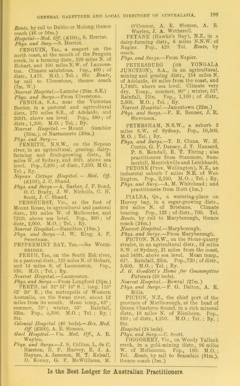 Route, by rail to Dubboor Molong, thence coach (46 or 66m.) Hospital—Med. Off. (£100;, S. Herriot. Phys. and Surg.—S. Herriot. PENGUIN, Tas., a seaport on the north coast, at the mouth of the Penguin creek, in a farming distr., 229 miles N. of Hobart, and 100 miles N.W. of Launces- ton. Climate salubrious. Pop., 400 ; of distr., 1.475. M.O. ; Tel. ; Str. Route, by rail to Ulverstone, thence coach (7m. W.) Nearest Hospital.—Latrobe (26m. S.E.) Phys. and Surgs.—From Ulverstone. PENOLA, S.A., near the Victorian Border, in a pastoral and agricultural distr., 270 miles S.E.. of Adelaide, and 206ft. above sea level. Pop., 580 ; of distr., 1,200. M.O. ; Tel. ; Ry. Nearest Hospital. — Mount Gambier (35m.), or Narracoorte (30m,) Phys. and Surg.— PENRITH, N.S.W., on the Nepean river, in an agricultural, grazing, dairy- farming and fruit-growing distr., 34 miles W. of Sydney, and 8Sft. above sea level. Pop., 3,200 ; of distr., 7,250. M.O. ; Tel.; Ry. Nepean Cottage Hospital. — Med. Off. (£100), J. C. Shand. Phys. and Surgs.—A. Barber, J. F. Bond, O. C. Brady, J. W. Nicholls, C. H. Scott, J. C. Shand. PENSHURST, Vic., at the foot of Mount Rouse, in agricultural and pastoral distr., 181 miles W. of Melbourne, and 721ft. above sea level. Pop., 560 ; of distr., 2,000. M.O. ; Tel. ; Ry. Nearest Hospital.—Hamilton (19m.) Phys. and Surgs.—J. W. King, A. F. Sweetnam. PEPPERMINT BAY, Tas.—Wood- BRIDGE. PERTH, Tas., on the South Esk river, in a pastoral distr., 125 miles N. of Hobart, and 14 miles S. of Launceston. Pop., 530. M.O. ; Tel. ; Ry. Nearest Hospital.—Launceston. Phys. and Surgs.—From Longford (3£m.) PERTH, lat 31° 57' 10 S.; long. 115° 52' 20 E. ; the metropolis of Western Australia, on the Swan river, about 12 miles from its mouth. Mean temp., 65° ; summer, 75°; winter, 53° Rainfall, 33in. Pop., 8,500. M.O. ; Tel. ; Ry. ; Str. Colonial Hospital (40 beds).—Res. Med. Off. (£200), A. E. Sloman. Gaol Hospital.— Vis. Med. Off., A. R. Waylen. Phys. and Surgs.—J. S, Collins, L. de C. Harston, H. F. Harvey, E. J. A. Haynes, A. Jameson, H. T. Kelsall, D. Kenny, G. F. McWilliams, M. O’Connor, A. E. Sloman, A. R. Waylen, J. A. Wctherell. PETANE (Hawke’s Bay), N.Z., in a dairy-farming distr., 6 miles N.N.W. of Napier. Pop., 420. Tel. Route, by coach. Phys. o.nd Surgs.—From Napier. PETERSBURG (or YONGALA JUNCTION), S.A., in an agricultural, mining and grazing distr., 154 miles N. of Adelaide, 48 miles from the coast, and I, 746ft. above sea level. Climate very dry. Temp., summer, 90° ; winter, 51°. Rainfall, 15in. Pop., 1,100 ; of distr., 2,500. M.O. ; Tel. ; Ry. Nearest Hospital.—Jamestown (22m.) Phys. and Surgs.—F. E. Renner, J. R. Stevenson. PETERSHAM, N.S.W., a suburb 3 miles S.W. of Sydney. Pop., 10,500. M.O. ; Tel. ; Ry. Phys. and Surgs.—T. B. Clune, W. H. Coutie, G. F. Dansey, J. T. Hansard, P. S. Kendall, E. T. Thring; also practitioners from Stanmore, Sum- merhill, Marrickvilleand Leichhardt. PETONE (Prov. Wellington), N.Z., an industrial suburb 7 miles N.E. of Wel- lington. Pop., 2,200. M.O. ; Tel. ; Ry. Phys. and Surg.—A. M. Whitehead; and practitioners from Hutt (lm.) PIALBA, Qu., a watering-place on Hervey bay, in a sugar-growing distr., 204 miles N. of Brisbane. Climate bracing. Pop., 125 ; of distr., 700. Tel. Route, by rail to Maryborough, thence coach (24m.) Nearest Hospital.—Maryborough. Phys. and Surgs.—From Maryborough. PICTON. N.S.W., on the Stone-quarry rivulet, in an agricultural distr., 53 miles S.W. of Sydney, 21 miles from the coast, and 549ft. above sea level. Mean temp., 61°. Rainfall, 23in. Pop., 720 ; of distr., 3,600. M.O.; Tel. ; Ry. J. G. Goodlett's Horne for Consumptive Patients (20 beds). Nearest Hospital.—Bowral (27m.) Phys. and Surgs.—F. G. Dalton, A. E. Mills. PICTON, N.Z., the chief port of the province of Marlborough, at the head of Queen Charlotte Sound, in a rich mineral distr., 18 miles N. of Blenheim. Pop., 850 ; of distr., 4,250. M.O.; Tel. ; Ry. ; Str. Hosjrital (24 beds). Phys. and Surg.—C. Scott. l’lGGOREET, Vic., on Woady Yallock creek, in a gold-mining distr., 96 miles W. of Melbourne. Pop., 180. M.O. ; Tel. Route, by rail to Scarsdale (91m.), thence coach (5m.) Is the Best Ledger for Australian Practitioners.