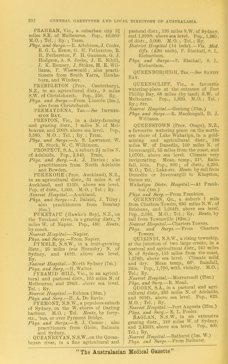 PR AH RAN, Vic., a suburban city 3;j miles S.B. of Melbourne. Pop., 40,000‘ M. O.; Tel. ; Ry. ; Tram. Phys. anil Surgs,—R. Aitchison, J. Cooke, E. G. L. Iirson, G. H. Fetlierston, R. H. Fetlierston, F. H. Gaunson, G. J. Hodgson, A. S. Joske, J. E. Nihill, J. I\. Ramsey, J. Stokes, H. E. Wil- liams, P. Wisewould ; also practi- tioners from South Yarra, Hawks- burn, and Windsor. PREBBLETON (Prow Canterbury), N. Z., in an agricultural distr., 9 miles S.W. of Christchurch. Pop., 250. Ry. Plnjs. and Surgs.—From Lincoln (am.), also from Christchurch. PREMAYDENA, Tas.—See Impels- sion Bay. PRESTON, Vic., in a dairy-farming and grazing distr., 7 miles N. of Mel- bourne, and 200ft. above sea level. Pop., 3,580. M.O. ; Tel. ; Ry. ; Tram. Phys. and Surgs.—A. S. Lawrence, W. H. Stock, W. C. Wilkinson. PROSPECT, S.A., a suburb 2± miles N. of Adelaide. Pop., 3.840. Tram. Phys. and Surg.—A. J. Davies ; also practitioners from North Adelaide and Bowden. PUKEKOHE (Prow Auckland), N.Z., in an agricultural distr., 31 miles S. of Auckland, and 215ft. above sea level. Pop. of distr., 1,000. M.O. ; Tel.; Ry. Nearest Hospital.—Auckland. Phys. and Surgs.—J. Dalziel, J. Tilby; also practitioners from Bombay (6m.) PTTKETAPU (Hawke’s Bay), N.Z., on the Tutakuri river, in a grazing distr., 9 miles W. of Napier. Pop., 480. Route, by coach. Nearest Hospital—Napier. Phys. and Surgs. —From Napier. PYMBLE, N.S.W., in a fruit-growing distr., 25 miles (via Hornsby) N. of Sydney, and 449ft. above sea level. Ry. Nearest Hospital— North Sydney (7m.) Phys. and Surg.—H. Walter. PYRAMID HILL, Vic., in an agricul- tural and pastoral distr., 155 miles N. of Melbourne, and 294ft. above sea level. Tel. ; Ry. Nearest Hospital.—Echuca (38m.) Phys. and Surg.—H. A. De Ravin. PYRMONT, N.S.W., a populous suburb of Sydney, on the W. shores of Darling harbour. M.O. ; Tel. Route, by ferry- str., ’bus, or over Pyrmont Bridge. Phys. and Surgs.— S. J. Camac ; also practitioners from Glebe, Balmain and Sydney. QUEANBEYAN,N.S.W.,onthe Quean - beyan river, in a fine agricultural and pastoral distr., 195 miles S.W. of Sydney, and 1,899ft. above sea level. Pop., 1,260; of distr., 5,000. M.O. ; Tel.; Ry. District Hospital (14 beds).— Vis. Med. Offs. (£30 each), P. Rlackall, S. L. Richardson. Rhys, and Surgs.—P. Blackall, S. J,. Richardson. QUEEN BOROUGH, Tas .—See Sandy Bay. QUEENSCLIFF, Vic., a favourite watering-place at the entrance of Port Phillip Bay, 68 miles (by land) S.W. of Melbourne. Pop., 1,920. M.O.; Tel. ; Ry.; Str. Nearest Hospital.—Geelong (23m.) Phys. and Surgs.—R. Macdougall, D. J. Williams. QUEENSTOWN (Prov. Otago). N.Z., a favourite watering place on the north- ern shore of Lake Wakatipu, in a gold- mining and agricultural distr., 196 miles W. of Dunedin, 109 miles N. of Invercargill, 55 miles from the coast, and 1,070ft. above sea level. Climate very invigorating. Mean, temp., 51°. Rain- fall, 50in. Pop., 800; of distr., 4,250. M. O.; Tel.; Lake-str. Route, by rail frcm Dunedin or Invercargill to Kingston, thence str. Wakatipu Distr. Hospital.—At Frank- ton (4m.) Phys. and Surg.—From Frankton. QUEENTON, Qu., a suburb 1 mile from Charters Towers, 830 miles N. W. of Brisbane, and 1.004ft. above sea level. Pop., 2,080. M.O.; Tel.; Ry. Route, by rail from Townsville (82m.) Nearest Hospital.—Charters Towers. Phys. and Surgs. — From Charters Towers. QUIRINDI, N.S.W., a rising township, at the junction of two large creeks, in a pastoral and agricultural distr., 243 miles N. of Sydney, 115 miles from the coast, 1,278ft. above sea level. Climate mild and dry. Mean temp., 66°. Rainfall, 24in. Pop., 1,750, with vicinity. M.O.; Tel.; Ry. Nearest Hospital.—Murrurundi (25m.) Phys. and Surg.—R. Mead. QUORN, S.A., in a pastoral and agri- cultural distr., 235 miles N. of Adelaide, and 959ft. above sea level. Pop., 625. M.O.; Tel. ; Ry. Nearest Hospital.—Port Augusta (25m.) Phys. and Surg.— E. L. Pooler. RAGLAN, N.S.W., in an extensive grazing distr., 140 miles W. of Sydney, and 2,436ft. above sea level. Pop., 400. Tel.; Ry. Nearest Hospital.—Bathurst (5m. AN .) Phys. and Surgs.—From Bathurst.