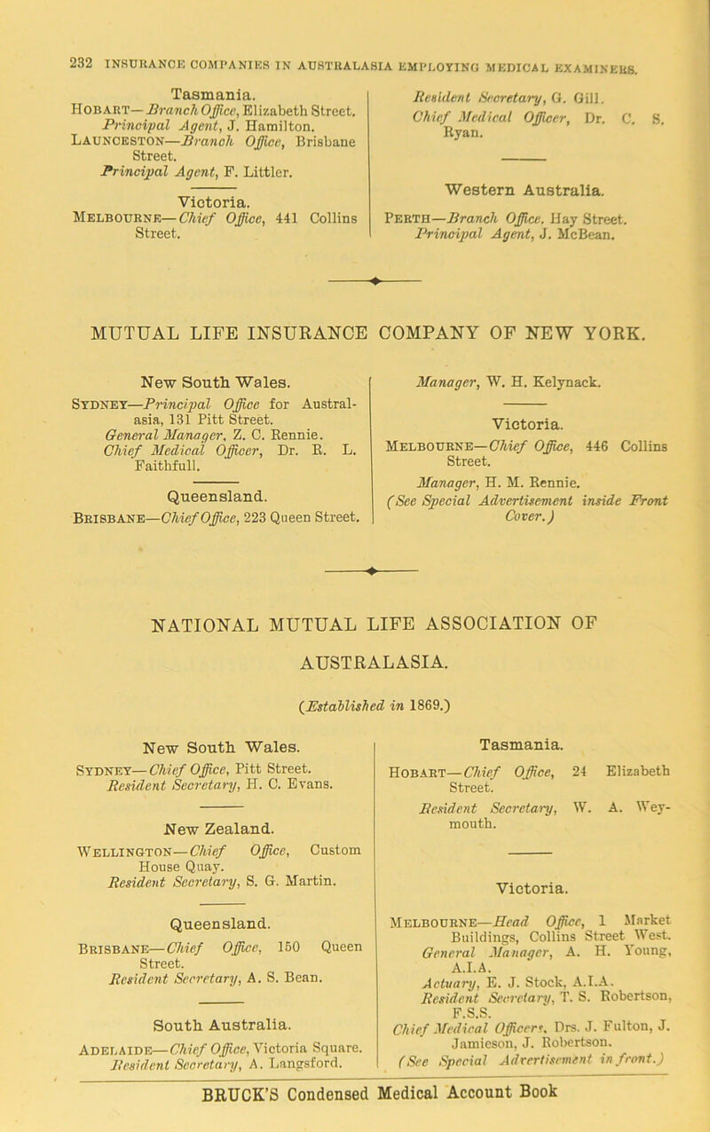 Tasmania. Hobart— Branch Office, Elizabeth Street. Principal Agent, J. Hamilton. Launceston—Branch Office, Brisbane Street. Principal Agent, F. Littler. Victoria. Melbourne— Chief Office, 441 Collins Street. Resident Secretary, G. Gill. Chief Medical Officer, Dr. C. S. Ryan. Western Australia. Perth—Branch Office. Hay Street. Principal Agent, J. McBean. ♦ MUTUAL LIFE INSURANCE COMPANY OF NEW YORK. New South Wales. Sydney—Principal Office for Austral- asia, 131 Pitt Street. General Manager, Z. C. Rennie. Chief Medical Officer, Dr. R. L. Faithfull. Queensland. Brisbane—Chief Office, 223 Queen Street. Manager, W. H. Kelynack. Victoria. Melbourne—Chief Office, 446 Collins Street. Manager, H. M. Rennie. (See Special Advertisement inside Front Cover.) NATIONAL MUTUAL LIFE ASSOCIATION OF AUSTRALASIA. (Established in 1869.) New South Wales. Sydney—Chief Office, Pitt Street. Resident Secretary, H. C. Evans. New Zealand. Wellington—Chief Office, Custom House Quay. Resident Secretary, S. G. Martin. Queensland. Brisbane—Chief Office, 160 Queen Street. Resident Secretary, A. S. Bean. South Australia. Adelaide—Chief Office, Victoria Square. Resident Secretary, A. Langsford. Tasmania. Hobart—Chief Office, 24 Elizabeth Street. Resident Secretary, W. A. Wey- mouth. Victoria. Melbourne—Head Office, 1 Market Buildings, Collins Street JWest. General Manager, A. H. Young, A. I. A. Actuary, E. J. Stock, A.I.A. Resident Secretary, T. S. Robertson, F.S.S. Chief Medical Officer?. Drs. J. Fulton, J. Jamieson, J. Robertson. (See Special Advertisement in front.) BRUCK’S Condensed Medical Account Book