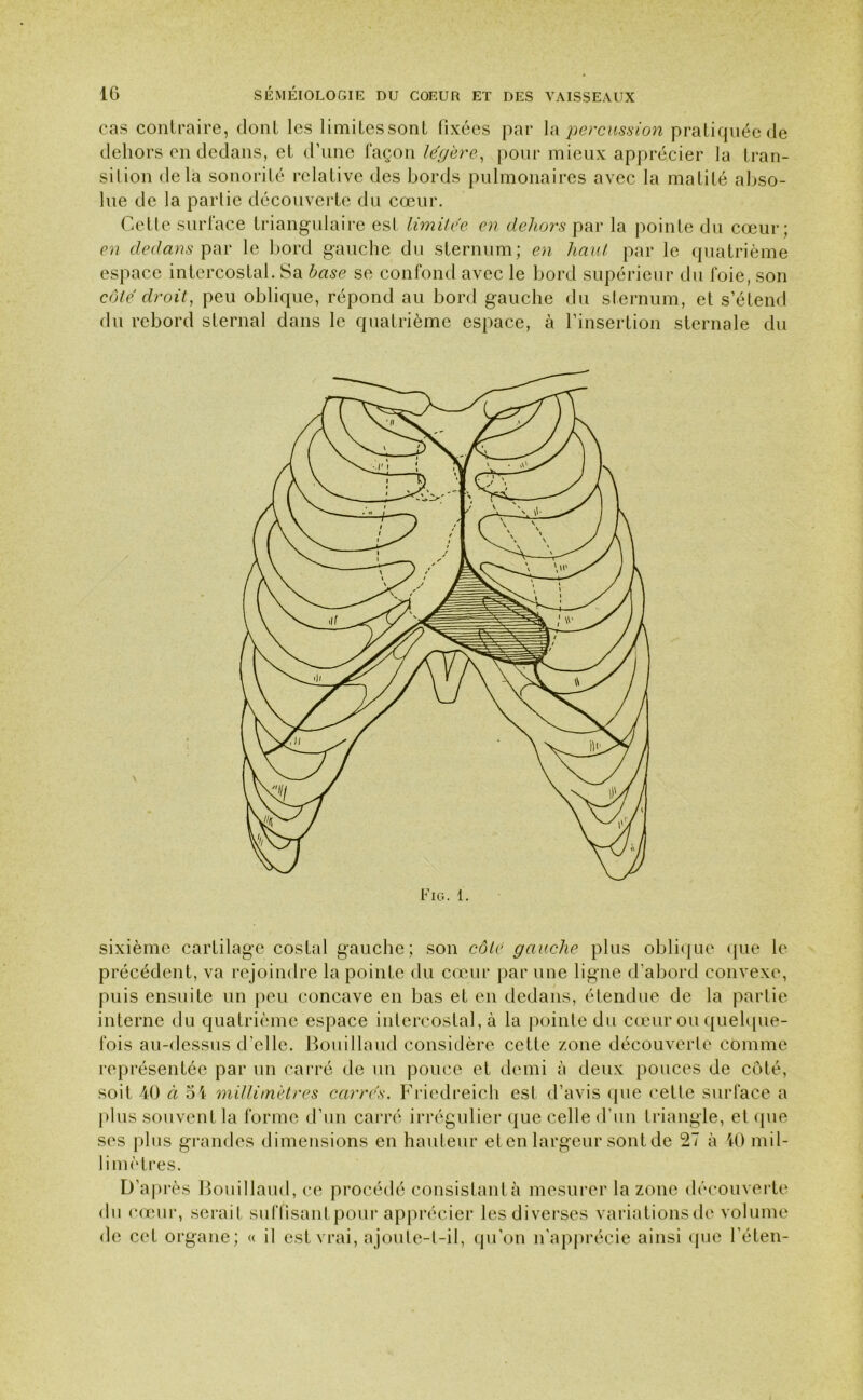 cas contraire, dont les limitessonl fixées par la percussion pratiquée de dehors en dedans, et d’une façon légère, pour mieux apprécier la tran- sition delà sonorité relative des bords pulmonaires avec la malité abso- lue de la partie découverte du cœur. Cette surface triangulaire est limitée en dehors par la pointe du cœur; en dedans par le bord gauche du sternum; en haut par le quatrième espace intercostal. Sa base se confond avec le bord supérieur du foie, son côté droit, peu oblique, répond au bord gauche du sternum, et s’étend du rebord sternal dans le quatrième espace, à l’insertion sternale du sixième cartilage costal gauche; son côte gauche plus oblique que le précédent, va rejoindre la pointe du cœur par une ligne d’abord convexe, puis ensuite un peu concave en bas et en dedans, étendue de la partie interne du quatrième espace intercostal, à la pointe du cœur ou quelque- fois au-dessus d’elle. Bouillaud considère cette zone découverte comme représentée par un carré de un pouce et demi à deux pouces de côté, soit 40 à 54 millimètres carrés. Friedreich est d’avis que cette surface a plus souvent la forme d’un carré irrégulier que celle d’un triangle, et que ses plus grandes dimensions en hauteur et en largeur sont de 27 à 40 mil- limètres. D’après Bouillaud, ce procédé consistantà mesurer la zone découverte du cœur, serait suffisantpour apprécier les diverses variationsde volume de cet organe; « il est vrai, ajoute-t-il, qu’on n’apprécie ainsi que l’éten-