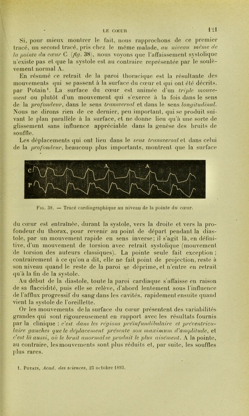 m Si, pour mieux montrer le fail, nous rapprochons de ce premier tracé, un second tracé, pris chez le même malade, au niveau meme de Ja pointe du cœur C [fig. 38), nous voyons (pie l'affaissement systolique n’existe pas et que la systole est au contraire représentée par le soulè- vement normal À. En résumé ce retrait de la paroi thoracique est la résultante des mouvements qui se passent à la surface du cœur et qui ont été décrits, par Potain1. La surface du cœur est animée d’un triple mouve- ment ou plutôt d’un mouvement qui s’exerce à la fois dans le sens de la profondeur, dans le sens transversal et dans le sens longitudinal. Nous ne dirons rien de ce dernier, peu important, qui se produit sui- vant le plan parallèle à la surface, et ne donne lieu qu’à une sorte de glissement sans influence appréciable dans la genèse des bruits de souffle. Les déplacements qui ont lieu dans le sens transversal et dans celui de la profondeur, beaucoup plus importants, montrent que la surface Fig. 38. — Tracé cardiographique au niveau de la pointe du cœur. du cœur est entraînée, durant la systole, vers la droite et vers la pro- fondeur du thorax, pour revenir au point de départ pendant la dias- tole, par un mouvement rapide en sens inverse; il s’agit là, en défini- tive, d’un mouvement de torsion avec retrait systolique (mouvement de torsion des auteurs classiques). La pointe seule fait exception ; contrairement à ce qu’on a dit, elle ne fait point de projection, reste à son niveau quand le reste de la paroi se déprime, et n’entre en retrait qu’à la fin de la systole. Au début de la diastole, toute la paroi cardiaque s'affaisse en raison de sa flaccidité, puis elle se relève, d’abord lentement sous l’influence de l'afflux progressif du sang dans les cavités, rapidement ensuite quand vient la systole de l’oreillette. Or les mouvements de la surface du cœur présentent des variabilités grandes qui sont rigoureusement en rapport avec les résultats fournis par la clinique : c'est dans les régions préin fundibulaire et préventricu- laire gauches que le déplacement présente son maximum d'amplitude, et c'est là aussi, où le bruit anormal se produit le plus aisément. A la pointe, au contraire, les mouvements sont plus réduits et, par suite, les souffles plus rares. 1. Potain, Accul. des sciences, 23 octobre 1893.