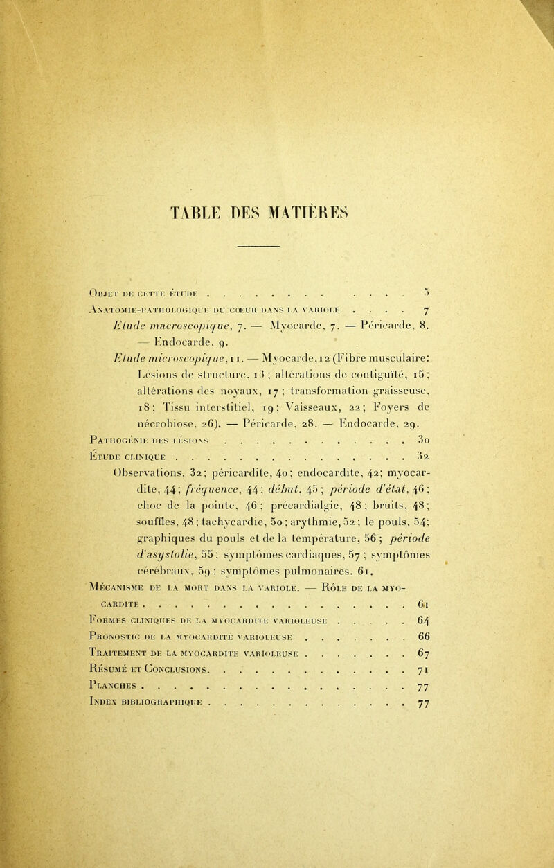 TABLE DES MATIEBES ()bjet de cette étede .... .) .\\.\to.mie-i‘,\thoe(h;iqit; du coeur d.vns e.\ ^•.VHIol.E .... 7 Elude macroscopique, 7. — Myocarde, 7. — Péricarde, 8. — Endocarde, 9. Etude microscopique, 11. — Myocarde,12 (Fibre musculaire: Lésions de slruclure, 18; altérations de contiguïté, i5; altérations des noyaux, 17 ; transt'ormation graisseuse, 18; Tissu interstitiel, 19; Vaisseaux, 22; Foyers de nécrobiose, 26). — Péricarde, 28. — Endocarde, 29, Patuogénie des lésions 3o Etude ci.imque 32 Obserx'ations, 32; péricardite, 4o; endocardite, 42; myocar- dite, 44; fréquence, 44; début, 43; période d’état, choc de la pointe, /j6 ; précardialgie, 48; bruits, 48; souffles, 48 ; tachycardie, 5o ; arythmie, 02 ; le pouls, 54; graphiques du pouls et de la température, 56 ; période d'asifstolie, 55; symptômes cardiaques, 57 ; symptômes cérébraux, 5p ; symptômes pulmonaires, 61. Mécanisme de la mort dans la variole. — Rôle de la myo- cardite . . . . ~ 6.1 Formes cliniques de l.a .myocardite varioleuse 64 Pronostic de la myoc.ardite varioleuse 66 Traitement de la myoc.ardite v.arioleuse ....... 67 Résumé ET Conclusions 71 Planches 77 Index bibliographique 77