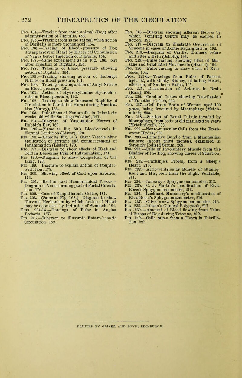 Fig. 181.—Tracing from same animal (Dog) after administration of Digitalis, 163. Fio. 185.—Tracing from same animal when action of Digitalis is more pronounced, 154. Fig. 186.—Tracing of Blood - pressure of Dog during arrest of Heart by Electrical Stimulation of Vagus before Injection of Digitalis, 154. Fig. 187.—Same experiment as in Pig. 186, but after Injection of Digitalis, 156. Fig. 188.—Tracings of Blood - pressure showing action of Digitalis, 156. Pig. 189.—Tracing showing action of Isobutyl Nitrite on Blood-pressure, 161. Fig. 190.—Tracing showing action of Amyl Nitrite on Blood-pressure, 161. Pig. 191.—Action of Hydroxylamine Hydrochlo- rate on Blood-pressure, 162. Fig. 192.—Tracing to show Increased Rapidity of Circulation in Carotid of Horse during Mastica. tion (Marey), 166. Fig. 193.—Pulsations of Fontanelle in Infant six weeks old while Sucking (Salathe), 167. Fig. 194.—Diagram of Vaso-motor Nerves of Rabbit’s Ear, 169. Fig. 195.—(Same as Fig. 50.) Blood-vessels in Normal Condition (Lister), 170. Pig. 196.—(Same as Fig. 51.) Same Vessels after application of Irritant and commencement of Inflammation (Lister), 170. Pig. 197.—Diagram to show effects of Heat and Cold in Lessening Pain of Inflammation, 171. Pig. 198.—Diagram to show Congestion of the Lung, 173. Fig. 199.—Diagram to explain action of Counter- irritation, 173. Pig. 200.—Showing effect of Cold upon Arteries, 173. Fig. 201.—Rectum and Hiemorrhoidal Plexus— Diagram of Veins forming part of Portal Circula- tion, 176. Pig. 202.—Case of Exophthalmic Goitre, 181. Fig. 203.—(Same as Fig. 168.) Diagram to show Nervous Mechanism by which Action of Heart may be depressed by Irritation of Stomach, 184. Pigs. 204-14.—Tracings of Pulse in Angina Pectoris, 187. Fig. 215.—Diagram to illustrate Entero-hepatic Circulation, 189. Pig. 216.—Diagram showing Afferent Nerves by which Vomiting Centre may be excited to action, 191. Fig. 217.—Diagram to illustrate Occurrence of Syncope in cases of Aortic Regurgitation, 192. Fig. 218.—Diagram of Cardiac Dulness before and after a Bath (Schott), 193. Pig. 219.—Pulse-tracing, showing effect of Mas- sage and Graduated Movements (Hamel), 194. Pig. 220.—Pulse-tracing to show effect of Exer- cises, 194. Figs. 221-4.—Tracings from Pulse of Patient aged 62, with Gouty Kidney, of failing Heart, efl'ect on, of Nauheim Baths, 195. Fig. 225.—Distribution of Arteries in Brain (Ross), 202. Pig. 226.—Cerebral Cortex showing Distribution of Function fOsler), 202. Pig. 227.—Cell from Brain of Woman aged lOO years, being devoured by Macrophags (Metch- nikoft), 203. Pig. 228.—Section of Renal Tubule invaded by Macrophags, from body of old man aged 90 years (Metchnikolf), 203. Fig. 229.—Neuro-muscular Cells from the Fresh- water Hydra, 208. Fig. 230.—Primitive Bundle from a Mammalian Embryo (about third month), examined in Strongly Iodised Serum, 209. Pig. 231.—Cells of Involuntary Muscle from the Bladder of the Dog, showing traces of Striation, 210. Fig 232.—Purkinje’s Fibres, from a Sheep’s Heart, 210. Fig. 233.—Atrio-ventricular Bundle of Stanley- Kent and His, seen from the Right Ventricle, 211. Fig. 234.—Janeway’s Sphygmomanometer, 212. Fig. 235.—C. J. Martin’s modification of Riva- Rocci’s Sphygmomanometer, 213. Fig. 236.—Lockhart Mummery’s modification of Riva-Rocci’s Sphygmomanometer, 216. Fig. 237.—Oliver’s new Sphygmomanometer, 216. Fig. 238.—Gibson’s Clinical Polygraph, 217. FIO.-239.—Amount of Blood flowing from Veins of Biceps of Dog during Tetanus, 219. Fig. 240.—Cells taken from a Heart in Fibrilla- tion, 227. PRINTED BV OLIVER AND BOVD, EDINBURGH.