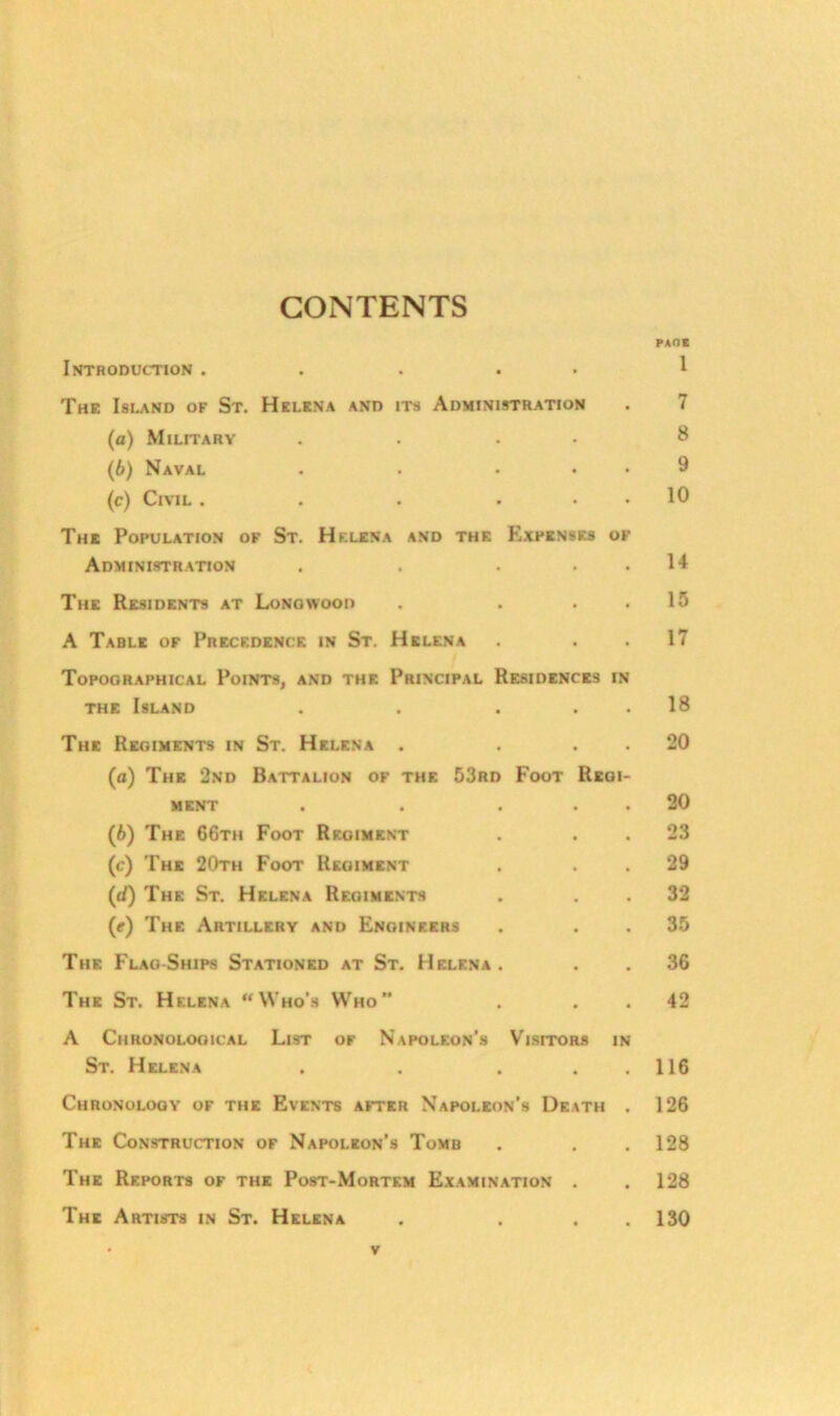 CONTENTS PAOt Introduction ..... I The Island of St. Helena and its Administration . 7 (а) Military .... 8 (б) Naval . . ... 9 (c) Civil . . . ... 10 The Population of St. Hklena and the Expenses of Administration . . . . 14 The Residents at Lonowood . . . . 15 A Table of Precf.dence in St. Helena . . . 17 Topographical Points, and the Principal Residences in THE Island . . . . . 18 The Regiments in St. Helena . . . 20 (а) The 2nd Battalion of the 53rd Foot Regi- ment . . ... 20 (б) The 66th Foot Regiment . . . 23 (c) The 20th Foot Regiment . . . 29 (d) The St. Helena Regiments . . . 32 (e) The Artillery and Engineers . . . 35 The Flao-Ships Stationed at St. Helena. . . 36 The St. Helena “Who’s Who” . . . 42 A Chronological List of Napoleon’s Visitors in St. Helena . . . . . 116 Chronology of the Events after Napoleon’s Death . 126 The Construction of Napoleon’s Tomb . . , 128 The Reports of the Post-Mortem Examination . . 128 The Artists in St. Helena . ... 130