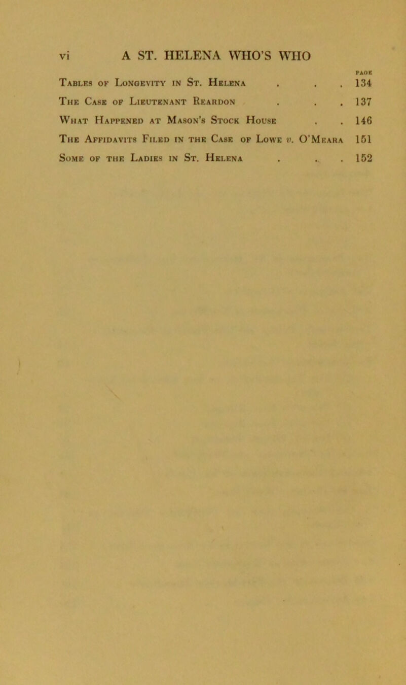 Tables ok Longevity in St. Helena The Case of Lieutenant Reardon What Happened at Mason’s Stock House The Affidavits Filed in the Case of Lowe v. O’Meara Some of the Ladies in St. Helena PAOK 134 137 146 151 152