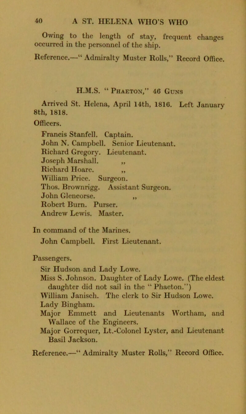 Owing to the length of stay, frequent changes occurred in the personnel of the ship. Reference.—“ Admiralty Muster Rolls,” Record Office. H.M.S. “ Phaeton,” 46 Guns Arrived St. Helena, April 14th, 1816. Left January 8th, 1818. Officers. Francis Stanfell. Captain. John N. Campbell. Senior Lieutenant. Richard Gregory. Lieutenant. Joseph Marshall. ,, Richard Hoare. ,, William Price. Surgeon. Thos. Brownrigg. Assistant Surgeon. John Glencorse. „ Robert Burn. Purser. Andrew Lewis. Master. In command of the Marines. John Campbell. First Lieutenant. Passengers. Sir Hudson and Lady Lowe. Miss S. Johnson. Daughter of Lady Lowe. (The eldest daughter did not sail in the ” Phaeton.”) William Janisch. The clerk to Sir Hudson Lowe. Lady Bingham. Major Emmett and Lieutenants Wortham, and Wallace of the Engineers. Major Gorrequer, Lt.-Colonel Lyster, and Lieutenant Basil Jackson.