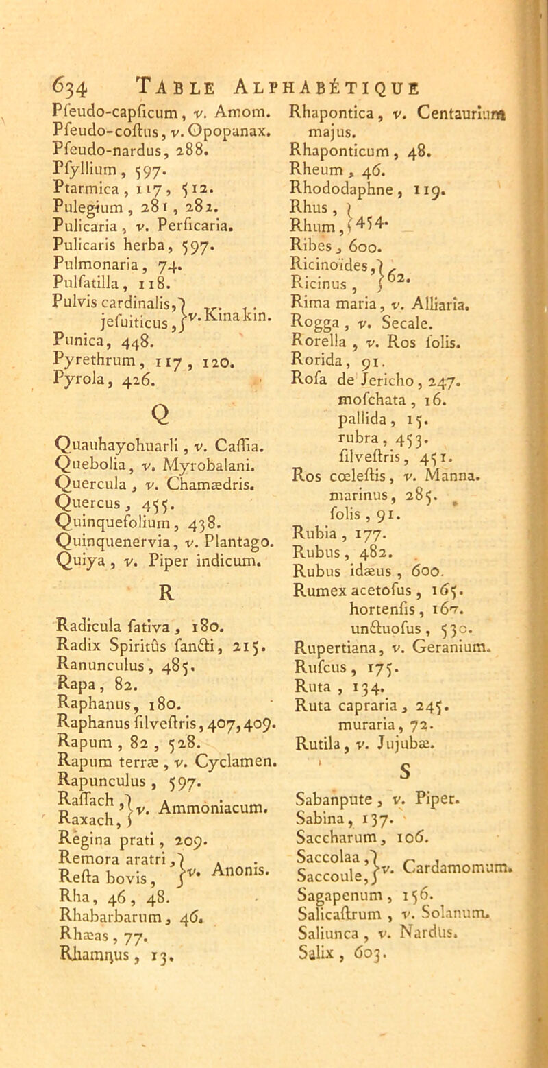 Pfeudo-capficum, v. Amotn. Pfeudo-coftiis, V. Opopanax. Pfeudo-nardus, a88. rfyllium, 597. Ptarmica ,117? ^12. Pulegium , 281 , 282. Pulicaria, v. Perficarla. Pulicaris herba, 597. Pulmonaria, 74. Pulfatilla, 118. Pulviscardinalis,7 Punica, 448. Pyrethrum, 117, 120. Pyrola, 426. Quauhayohuarll, v. Caffia. Quebolia, v. Myrobalani. Quercula, v. Chamædris. Quercus , 455. Quinquefblium5 438. Quinquenervia, v. Plantago. Quiya, V. Piper indicum. R Radicula fatîva, 180. Radix Spiritûs fanâi, 215* Ranunculus, 485. Rapa, 82. Raphaïuis, 180. Raphanus filveftris, 407,409* Rapum , 82 , 528. Rapum terræ , v. Cyclamen. Rapunculus , 597. RafTach ^ Ammôniacum. Kaxach, ) Règina prati, 209. Rémora aratri ,7 a Reftabovis, jv- Anonis. Rba, 46, 48. Rhabarbarum, 46. Rhæas, 77. Rhamqus, 13. Rhapontica, v. Centaurium majus. Rhaponticum, 48. Rheum, 46. Rhododaphne, 11 g. Rhus, ) Rhum, (454- Ribes J 600. Ricinoïdes , Riciniis , Rima maria, v. Alliarîa. Rogga, V. Secale. Rorella , v. Ros lolis. Rorida, 91. Rofa de Jéricho, 247. mofchata, 16. pallida, 15. rubra, 453. filveftris, 4^1. Ros cœleftis, v. Manna. marinus, 285. folis ,91. Rubia , 177. Rubus, 482. Rubus idæus , 600. Rumex acetofus, id'). hortenfis, i6'7. unftuofus, 330. Rupertiana, v. Géranium. Rufcus, 175. Ruta , 134. Ruta capraria, 245. muraria, 72. Rutila, V. Jujubæ. Sabanpute, v. Piper. Sabina, 137. Saccharum, 106. Saccolaa ,7 , Saccoule.r- Cardamomam Sagapenum, 136. Salicaftrum , v. Solanum. Saliunca , v. Nardüs. Salix , 603.