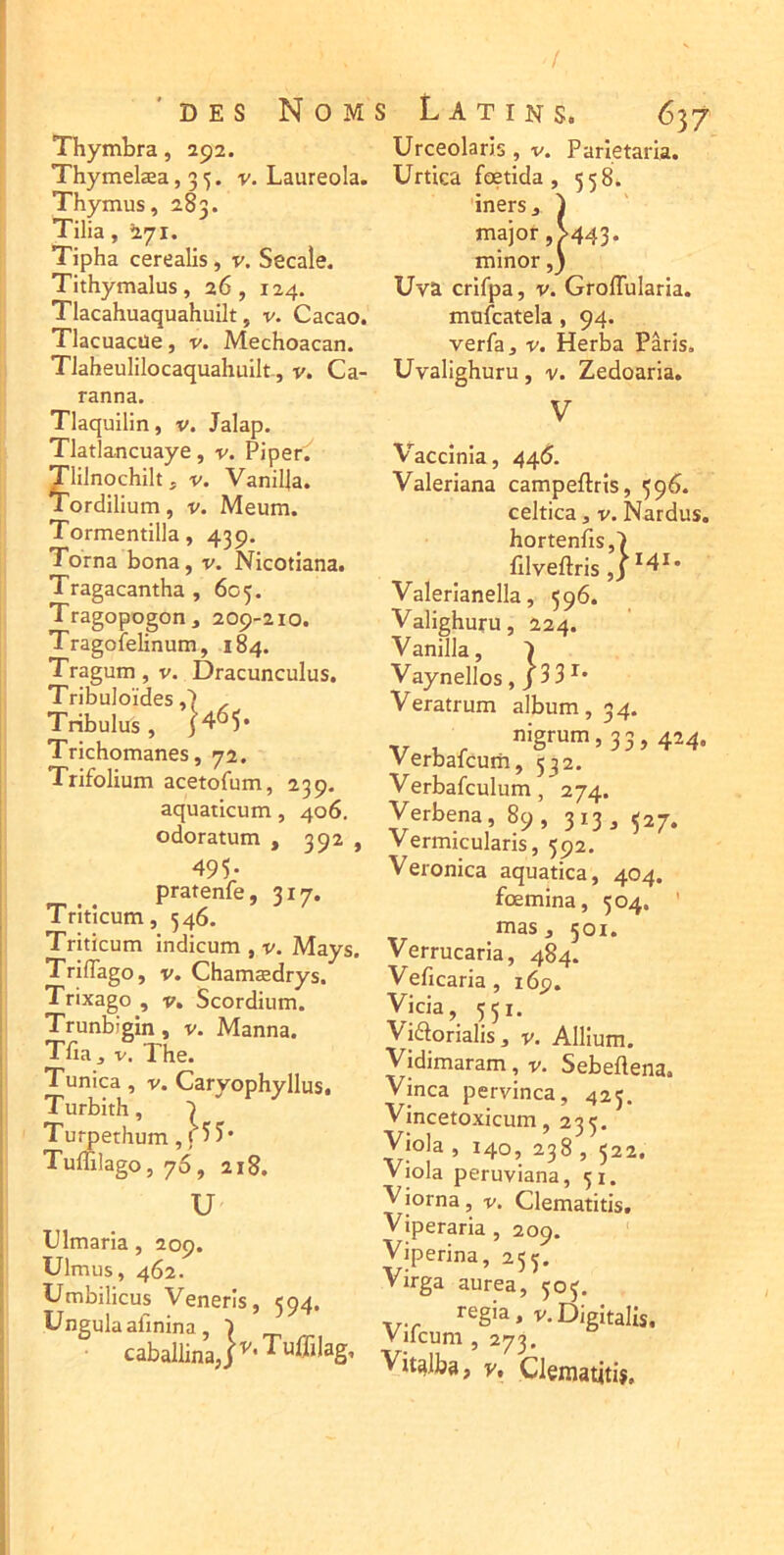 / 'des Noms Latins. Urceolaris , v. Parietaria. Urtica fœtida, 558 Thymbra, 292. Thymelæa ,35. v. Laureola. Thymus, 283. Tilia, ^71. Tipha cerealis, v, Secale. Tithymalus, 26, 124. Tlacahuaquahuilt, v. Cacao. Tlacuaciïe, v. Mechoacan. TJaheulilocaquahuilt, v. Ca- ranna. Tlaquilin, v. Jalap. Tlatlancuaye, v. Piper^ Tlilnochilt, v. VaniUa. Tordilium, v. Meum. Tormentilla, 439. Torna bona, v. Nicotiana. Tragacantha , 605. Tragopogon, 209-210. Tragofelinum, 184. Tragum, v. Dracunculus. Tribuloïdes ,7 Tribulus, 5405* Trichomanes, 72. Trifolium acetofum, 239. aquaticum, 406. odoratum , 392 » 495- pratenfe ,317. Tritîcum, 546. Triticum indicum , v. Mays. Triflago, V. Chamædrys. Trixago , v. Scordium. Trunbjgin, v. Manna. Tfia, V. The. Tunica, v. Caryophyllus. Turbith, 7 Turpethum TulTilago, 76, 218. U Ulmaria, 209. Ulmus, 462. Umbilicus Venerîs, 594. Unguia afinina, 7 • caballinaj^-^«®lag’ T 7 JJ 'iners 3 ) major, V443. minor,) Uva crifpa, V. GrofTularia. mufcatela, 94. verfa, v. Herba Paris. Uvalighuru, v. Zedoaria. V Vaccinia, 446. Valeriana campeftris, 596. celtica, v. Nardus, hortenfis,7 filveftris Valerianella, 596. Valighuru, 224. Vanilla, 7 Vaynellos, j 33^* Veratrum album, 34. nigrum,33, 424. Verbalcurh, 532. Verbafculum, 274. Verbena, 89, 313, 527. Vermicularis, 392. Veronica aquatica, 404. fœmina, 504. ' mas, 501. Verrucaria, 484. Veficaria, 169. Vicia, 551. Vidorialis, v. Allium. Vidimaram, v. Sebeftena. Vinca pervinca, 423. Vincetoxicum, 233. Viola , 140, 238 , 522. Viola peruviana, 31. Viorna, v. Clematitis. Viperaria, 209. Viperina, 253. Virga aurea, 303. v.Digitalis, Vifcum , 273. Vitalba, v, Clematitis.