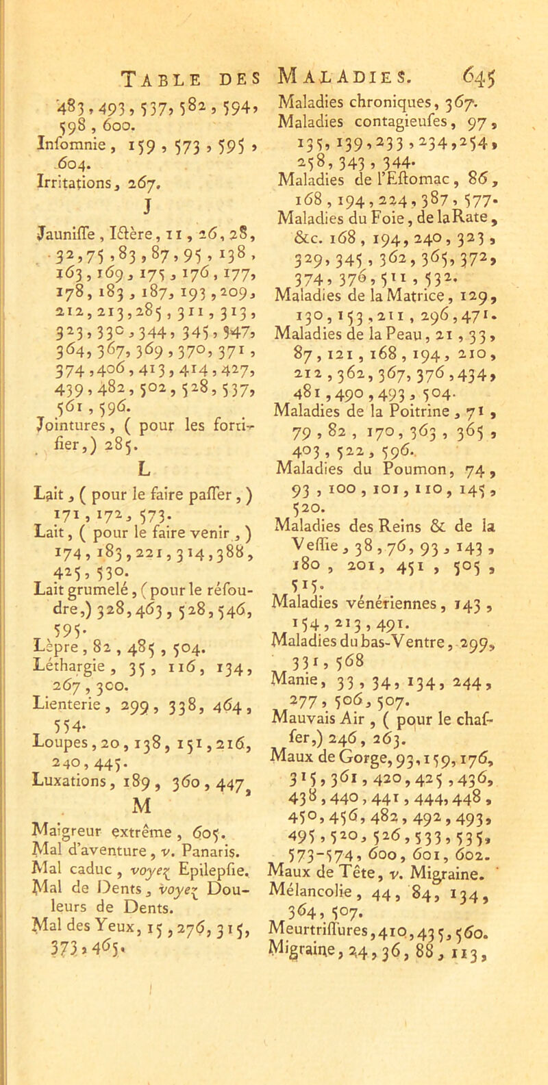 ■483^493,537» 581» 594» 1598,600. Infomnie, 159 , 573,595 , 604. Irritations, 267. J Jaunlfle , Iftère, ii, 26, 2S, .32,75,83,87,95, 138, 163,169,173,176,177, 178,183, 187,193,209, 212,213,285,311,313, 323,330,344, 345,347» 3^4,367» 3^9» 370, 371 » 374,4o6,4i3»4I4,427, 439,482,502,528,537, 561,596. Jointures, ( pour les forti-^ fier,) 285. L Lait, ( pour le faire pafTer, ) 171,172,573. Lait, ( pour le faire venir , ) 174» 183,221,314,388, 425,530; Lait grumelé, ( pour le réfou- dre,) 328,463,528,546, 595- Lèpre, 82,485,504. Léthargie, 35, 116, 134, 267,3C0. Lienterie, 299, 338, 464, 554- Loupes, 20,138, 151,216, 240,445* Luxations, 189 , 360,447 M Maigreur extrême , 605. Mal d’aventure, v. Panaris. Mal caduc , voye;^ Epilepfie, M^l de Dents, voye^ Dou- leurs de Dents. Mal des Yeux, 15,276,315, 373. >4(^5' Maladies chroniques, 367. Maladies contagieufes, 97 , 135» i39»233 »^34,254» 258» 343 » 344- Maladies de l’Eftomac, 86, 168,194,224,387, 577* Maladies du Foie, de laRate , &c. 168 , 194, 240, 323 , 329, 345,362,365,372, 374» 37^» 5” » 53^- Maladies de la Matrice, 129, 130,153,211 ,296,471. Maladies de la Peau, 21,33, 87,121,168,194, 210, 212,362,367,376,434, 481,490,493,504. Maladies de la Poitrine ,71, 79,82 , 170, 363 , 365 , 403,522, 596.. Maladies du Poumon, 74, 93 , 100,101,110, 145, 520. Maladies des Reins & de la Veffie, 38,76, 93,143 , 180 , 201, 451 , 505 , 515- Maladies vénériennes, 143 , M4»2i3»49ï- Maladies du bas-Ventre , 299, ^331,568 Manie, 33 , 34, 134, 244, 277, 506,507. Mauvais Air , ( ppur le chaf- fer,) 246, 263. Maux de Gorge, 93,159,176, 3I5»36i» 420,425 ,436, 43*^,440,441 >444) 448, 450,45*5,482,492,493, 495 »5*^o, 526,533,535, 573574, 600, 601, 602. Maux de Tête, v. Migraine. Mélancolie, 44, 84, 134, 3*54, 5°7* MeurtrilTures, 41Q, 43 5, 5(5o. Migraine, 24,36, 88, 03,