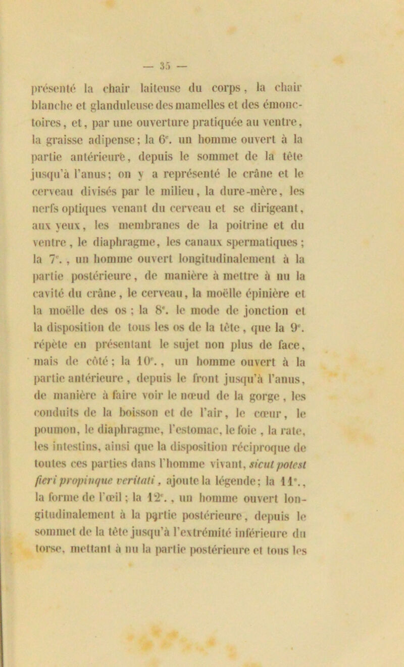 présenté la chair laiteuse du corps. la chair blanche et glanduleuse des mamelles et des émonc- toires, et, par une ouverture pratiquée au ventre, la graisse adipeuse; la G', un homme ouvert à la partie antérieure, depuis le sommet de la tête jusqu’à l’anus; on y a représenté le crâne et le cerveau divisés par le milieu, la dure-mère, les nerfs optiques venant du cerveau et se dirigeant, aux yeux, les membranes de la poitrine et du ventre , le diaphragme, les canaux spermatiques ; la 7. , un homme ouvert longitudinalement à la partie postérieure, de manière à mettre à nu la cavité du crâne, le cerveau, la moelle épinière et la moelle des os ; la 8*. le mode de jonction et la disposition de tous les os de la tète , que la 9#. répète en présentant le sujet non plus de face, mais de côté; la 10., un homme ouvert à la partie antérieure , depuis le front jusqu’à l’anus, de manière à faire voir le nœud de la gorge , les conduits de la boisson et de l’air, le cœur, le poumon, le diaphragme, l’estomac, le foie , la rate, les intestins, ainsi que la disposition réciproque de toutes ces parties dans l’homme vivant, sicut potcsi fieripropinque veritali, ajoute la légende; la 11e., la forme de l’œil ; la 12e. , un homme ouvert lon- gitudinalement à la partie postérieure, depuis le sommet de la tète jusqu’à l’extrémité inférieure du torse, mettant à nu la partie postérieure et tous les