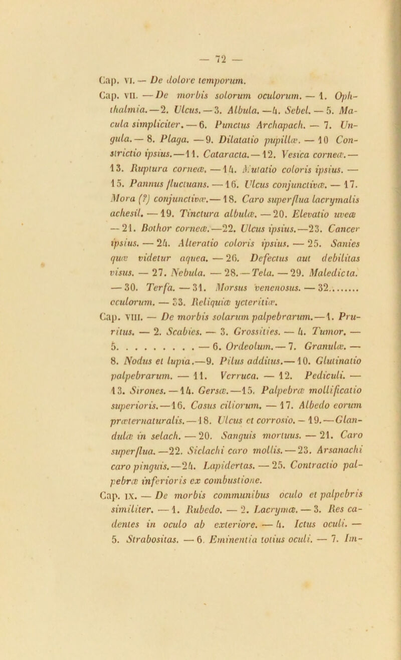 Cap. vi. — De dolorc temporum. Cap. vn.—De morhis solorum oculorum. — 1. 0]>li- ihalmia.—2. Ulcus.— 3. Albula.—4. Sebel.— 5. Ma- cula simpliciter. — 6. Punctus Archapacli. — 7. Un- guia.— 8. Plaga. —9. Dilalatio pupillœ. — 10 Con- strictio ipsius.—11. Cataracia. —12. Vesica cornecc.— 13. Ruptura cornecc,—1 h. Mutatio coloris ipsius. — 15. Pannus fluctuons. —16. Ulcus conjunclivce. — 17. Mora (?) conjunclivce.— 18. Caro superflua lacrymalis achesit.-—19. Tinctura albula.—20. Elevatio uvece — 21. Bothor cornece.—22. Ulcus ipsius.—23. Cancer ipsius. — 24. Alleratio colons ipsius. — 25. Sanies quæ videtur aquea. — 26. Dcfectus aui débilitas visus. — 27. Nebula. —28. — Tela. —29. Maledicia. — 30. Ter fa.—31. Morsus venenosus. — 32 oculorum. — 33. Rcliquict ycteritiœ. Cap. VIII. — De morbis solarum palpebrarum. — 1. Pru- riius. — 2. Scabics. — 3. Grossities. — h. Tumor. — 5 — 6. Ordeolum. — 7. Granulœ. — 8. Nodus et lupxa.—9. Pi lus additus.— 10. Gluiinaiio palpebrarum. — 11. Vcrruca. — 12. Pediculi. — 13. S troues. —14. Gersœ.—15. Palpebrce jnollificatio superioris. —16. Casus ciliorum. — 17. Albcdo eorum prœiernaluralis. —18. Ulcus et corrosio. — 19. — Glan- dulce in selach.—20. Sanguis mortuus. — 21. Caro super flua.—22. Siclachi caro mollis. — 23. Arsanachi caro pinguis.—24. Lapidcrtas. — 25. Contractio pal- pebret inferioris ex combustione. Cap. ix. — De morbis communibus oculo et palpebris similiter. ■—1. Rubedo. — 2. Lacnjnue. — 3. Res ca- dentes in oculo ab exteriore. — 4. Ictus oculi. — 5. Slrabositas. —6. Erninentia lolius oculi. — 7. Im-