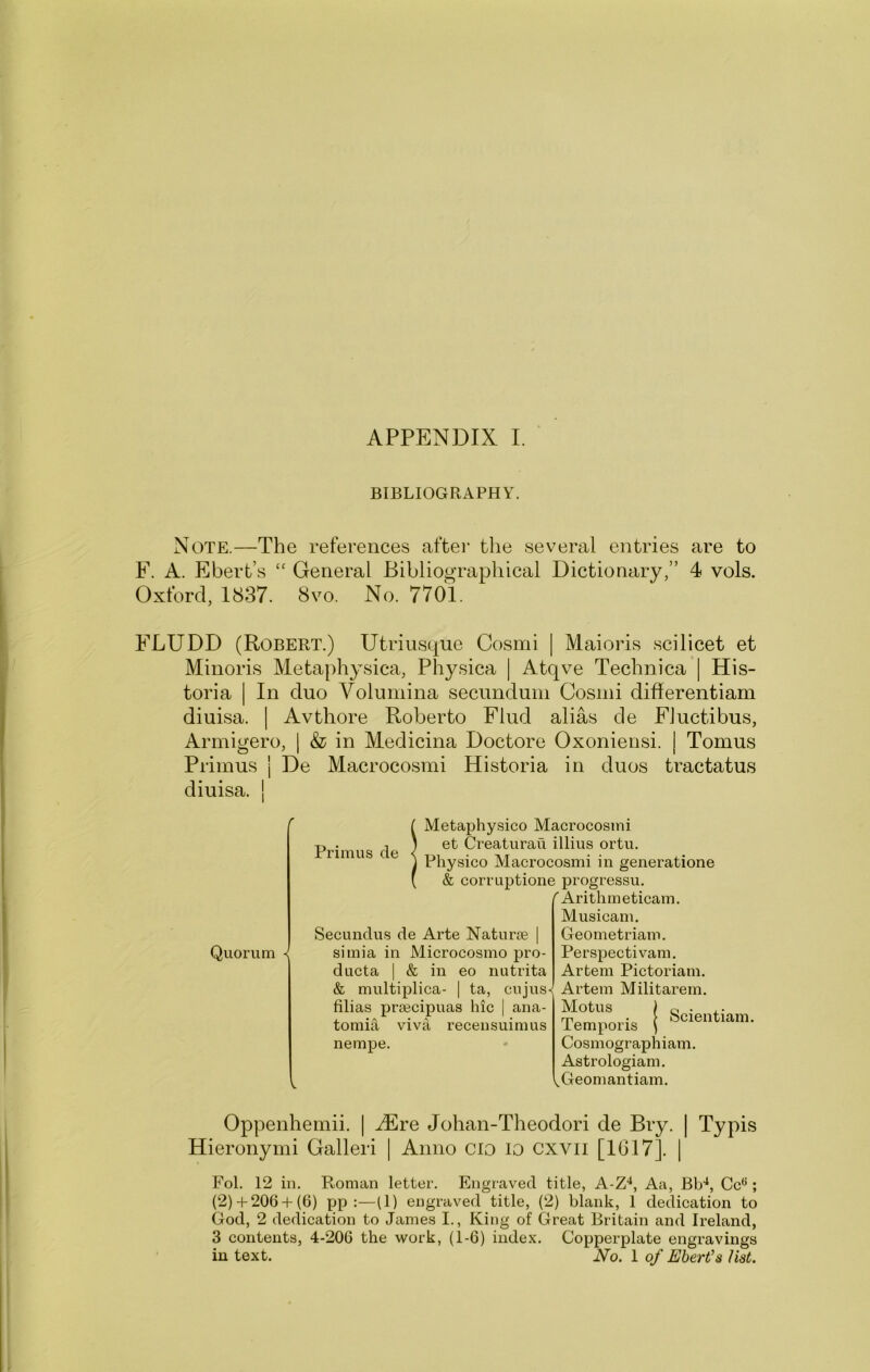 BIBLIOGRAPHY. Note.—The references after the several entries are to F. A. Ebert’s “ General Bibliographical Dictionary,” 4 vols. Oxford, 1837. 8vo. No. 7701. FLUDD (Robert.) Utriusque Cosmi | Maioris scilicet et Minoris Metaphysica, Physica | Atqve Technica | His- toria I In duo Volumina secundum Cosmi differentiam diuisa. | Avthore Roberto Flud alias de Fluctibus, Armigero, | & in Medicina Doctore Oxoniensi. | Tomus Primus | De Macrocosmi Historia in duos tractatus diuisa. j r Quorum ^ Primus de ducta I & in & multiplica- tomia nempe. Metaphysico Macrocosmi et Creaturau illius ortu. Physico Macrocosmi in generatione & corruptione progressu. f Arithmeticam. Musicam. Geometriam. Perspectivam. Artem Pictoriam. Artem Militarem. Motus I o • ; f ocientiam. iemporis ^ Cosmographiam. Astrologiam. Geomantiam. Secundus de Arte Naturre | simia in Microcosmo pro- eo nutrita ta, cujus- filias praecipuas hic | ana- viva recensuimus Oppenhemii. | Mre Johan-Theodori de Bry. | Typis Hieronymi Galleri | Anno cio lo cxvii [1017]. | Pol. 12 in. Roman letter. Engraved title, A-Z'^, Aa, Bb'*, Cc**; (2)-f 206 + (6) pp :—(1) engraved title, (2) blank, 1 dedication to God, 2 dedication to James I., King of Great Britain and Ireland, 3 contents, 4-206 the work, (1-6) index. Copperplate engravings in text. No. 1 of Ebert's list.