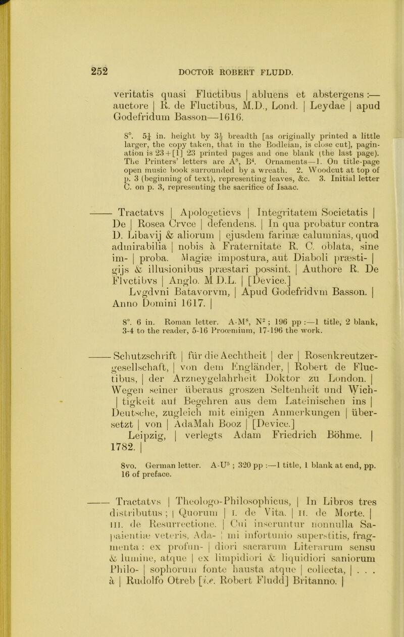 veritatis quasi Fluctibus | abluens et abstergens :— auctore | K. de Fluctibus, M.D., Loud. | Leydae | apud Godefridum Basson—161G. 8°. 5^ in. heiglit by 3-^- breadth [as originally printed a little larger, the copy taken, that in the Bodleian, is close cut], pagin- ation is 23 + [1] 23 printed pages and one blank (the last page). The Printers’ letters are A®, Ornaments—1. On title-page open music book surrounded by a wreath. 2. Woodcut at top of p. 3 (beginning of text), representing leaves, &c. 3. Initial letter C. on p. 3, representing the sacrifice of Isaac. - Tractatvs | Aijologeticvs | Integritatem Societatis | De I Rosea Crvce | defendens. | In qua probatur contra D. Libavij & alioruin | ejusdem farinse caluinnias, quod adinirabilia | nobis a Fraternitate R. C. oblata, sine im- I proba. Magite impostura, aut Diaboli praesti- | gijs & illusionibus pra3stari possint. | Authore R. De Fivctibvs I Anglo. M D.L. | [Device.] Lvgdvni Batavorvm, | Apud Godefridvni Basson. | Anno Domini 1617. | 8°. 6 in. Roman letter. A-M^, N- ; 196 pp :—1 title, 2 blank, 3-4 to the reader, 5-16 Procemium, 17-196 the work. • Scbutzschrift | fur die Aechtheit | der | Rosenkreutzer- gesellschait, | von dem lAiglander, | Robert de Fluc- tibus, I der Arzneygelahrheit Doktor zu London. | Weofen seiner llberaus o-roszen Seltenheit und Wich- I ticfkeit aul Beo’ehren aus dem Lateinischen ins I I O O ^ ^ ^ I Deutsdie, zug-lcich mit einigen Anmerkuno-en I iiber- setzt I von | AdaMah Booz | [Device.] Leipzig, I verlegts Adam Friedrich Bohme. | 1782. I 8VO. German letter. A-U® ; 320 pp ;—1 title, I blank at end, pp. 16 of preface. - Tractatvs | Tlieologo-Philosopbicus, | In Libros tres dlsLributus ; | Quorum | l. de Vita. | ll. de Morte. | III. <le Resurrectione. | Gui inseruntur nonnulla Sa- ]>aientue vetcris, Ada- 1 mi infortiinio superstitis, frag- menta : ex profiin- | dit)ri sacrariim Literarum sensu A lumine, aT(]ue | ex lim])idiori A litpiidiori saniorum Pliilo- I sopboriim lonte bausta atque | coliecta, | . . . a I Rudolfo Otreb [be. Robert Fludd] Britanno. |