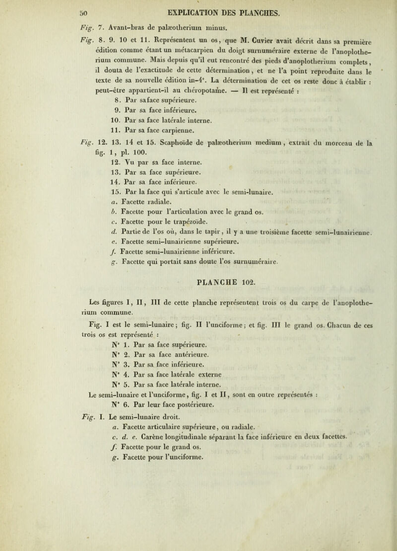 Fig. 7. Avant-bras de palæolheriuin minus. Fig. 8. 9. 10 et 11. Représentent un os, que M. Cuvier avait décrit dans sa première édition comme étant un métacarpien du doigt surnuméraire externe de l’anoplothe- rium commune. Mais depuis qu’il eut rencontré des pieds d’anoplotherium complets, il douta de l’exactitude de cette détermination, et ne l’a point reproduite dans le texte de sa nouvelle édition in-4“. La détermination de cet os reste donc à établir : peut-être appartient-il au chéropotame. — Il est représenté : 8. Par sa face supérieure. 9. Par sa face inférieure. 10. Par sa face latérale interne. 11. Par sa face carpienne. Fig. 12. 13. 14 et 15. Scaphoïde de palæotherium medium, extrait du morceau de la fig. 1, pl. 100. 12. Vu par sa face interne. 13. Par sa face supérieure. 14. Par sa face inférieure. 15. Par la face qui s’articule avec le semi-lunaire. a. Facette radiale. b. Facette pour l’articulation avec le grand os. c. Facette pour le trapézoïde. d. Partie de l’os où, dans le tapir, il y a une troisième facette semi-lunairienne. e. Facette semi-lunairienne supérieure. J. Facette semi-lunairienne inférieure. g. Facette qui portait sans doute l’os surnuméraire. PLANCHE 102. Les figures I, II, III de cette planche représentent trois os du carpe de l’anoplothe- rimn commune. Fig. I est le semi-lunaire ; fig. II l’unciforine ; et fig. III le grand os. Chacun de ces trois os est représenté : N° 1. Par sa face supérieure. N” 2. Par sa face antérieure. N° 3. Par sa face inférieure. N' 4. Par sa face latérale externe N* 5. Par sa face latérale interne. Le semi-lunaire et Tunciforme, fig. I et II, sont en outre représentés : N* 6. Par leur face postérieure, Fig. I. Le semi-lunaire droit. a. Facette articulaire supérieure, ou radiale. c. d. e. Carène longitudinale séparant la face inférieure en deux facettes. f. Facette pour le grand os. g. Facette pour l’unciforme.