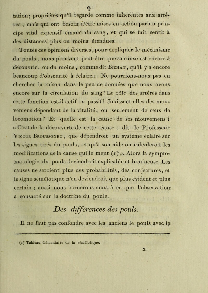 tcitîon; propriétés qu’il regarde comme inliérentes aux artè- res , mais qui ont besoin d’étre mises en action par un prin- cipe vital expensif émané du sang, et qui se fait sentir à des distances plus ou moins étendues. Toutes ces opinions diverses pour expliquer le mécanisme du pouls , nous prouvent peut-être que sa cause est encore à découvrir, ou du moins , comme dit Bichat , qu’il y a encore beaucoup d’obscurité à éclaircir. Ne pourrions-nous pas en chercher la raison dans le peu de données que nous avons encore sur la circulation du sang? Le rôle des artères dans eette fonction est-il actif ou passif? Jouissent-elles des mou- vcmens dépendant de la vitalité, ou seulement de ceux de locomotion ? Et quelle est la cause de ses niouvemens ? te C’est de la découverte de cette cause , dit le Professeur VicTüR Broussonet , qu6 dépendroit un système éclairé sur les signes tirés du pouls, et qu’à son aide on calculeroit les modifications de la cause qui le meut (1)33. Alors la sympto- matologie du pouls deviendroit explicable et lumineuse. Les causes ne seroient plus des probabilités, des conjectures, et le signe séméiotique n’en deviendroit que plus évident et plus certain ; aussi nous bornerons-nous à ce que l’observation a consacré sur la doctrine du pouls. Des différences des pouls. Il ne faut pas confondre avec les anciens le pouls avec là (1) Tableau élémeiUaire de la séméiotique. Z