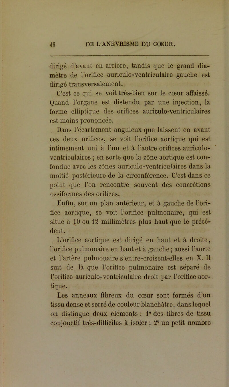 dirigé d’avant en arrière, tandis que le grand dia- mètre de l’orifice auriculo-ventriculaire gauche est dirigé transversalement. C’est ce qui se voit très-bien sur le cœur affaissé. Quand l’organe est distendu par une injection, la forme elliptique des orifices auriculo-ventriculaires est moins prononcée. Dans l’écartement anguleux que laissent en avant ces deux orifices, se voit l’orifice aortique qui est intimement uni à l’un et à l’autre orifices auriculo- ventriculaires ; en sorte que la zone aortique est con- fondue avec les zones auriculo-ventriculaires dans la moitié postérieure de la circonférence. C’est dans ce point que l’on rencontre souvent des concrétions ossiformes des orifices. Enfin, sur un plan antérieur, et à gauche de l’ori- fice aortique, se voit l’orifice pulmonaire, qui est situé à 10 ou 12 millimètres plus haut que le précé- dent. L’orifice aortique est dirigé en haut et à droite, l’orifice pulmonaire en haut et à gauche ; aussi l’aorte et l’artère pulmonaire s’entre-croisent-elles en X. Il suit de là que l’orifice pulmonaire est séparé de l’orifice auriculo-ventriculaire droit par l’orifice aor- tique. Les anneaux fibreux du cœur sont formés d’un tissu dense et serré de couleur blanchâtre, dans lequel on distingue deux éléments : 1° des fibres de tissu conjonctif très-difficiles à isoler -, 2° un petit nombre