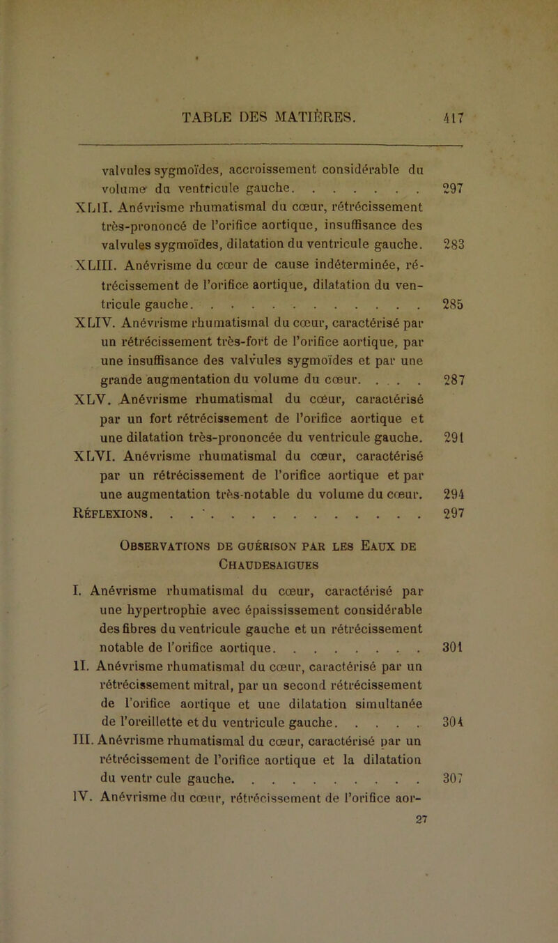 valvules sygmoïdes, accroissement considérable du volume- du ventricule gauche 297 XL1I. Anévrisme rhumatismal du cœur, rétrécissement très-prononcé de l’orifice aortique, insuffisance des valvules sygmoïdes, dilatation du ventricule gauche. 283 XLIII. Anévrisme du cœur de cause indéterminée, ré- trécissement de l’orifice aortique, dilatation du ven- tricule gauche 285 XLIV. Anévrisme rhumatismal du cœur, caractérisé par un rétrécissement très-fort de l’orifice aortique, par une insuffisance des valvules sygmoïdes et par une grande augmentation du volume du cœur. . . . 287 XLY. Anévrisme rhumatismal du coéur, caractérisé par un fort rétrécissement de l’orifice aortique et une dilatation très-prononcée du ventricule gauche. 291 XLVI. Anévrisme rhumatismal du cœur, caractérisé par un rétrécissement de l’orifice aortique et par une augmentation très-notable du volume du cœur. 294 R.ÉFLEXIONS. . . ' 297 Observations de guérison par les Eaux de Chaudesaigues I. Anévrisme rhumatismal du cœur, caractérisé par une hypertrophie avec épaississement considérable des fibres du ventricule gauche et un rétrécissement notable de l’orifice aortique 301 II. Anévrisme rhumatismal du cœur, caractérisé par un rétrécissement mitral, par un second rétrécissement de l’orifice aortique et une dilatation simultanée de l’oreillette et du ventricule gauche 304 III. Anévrisme rhumatismal du cœur, caractérisé par un rétrécissement de l’orifice aortique et la dilatation du ventr cule gauche 307 IV. Anévrisme du cœur, rétrécissement de l’orifice aor- 27