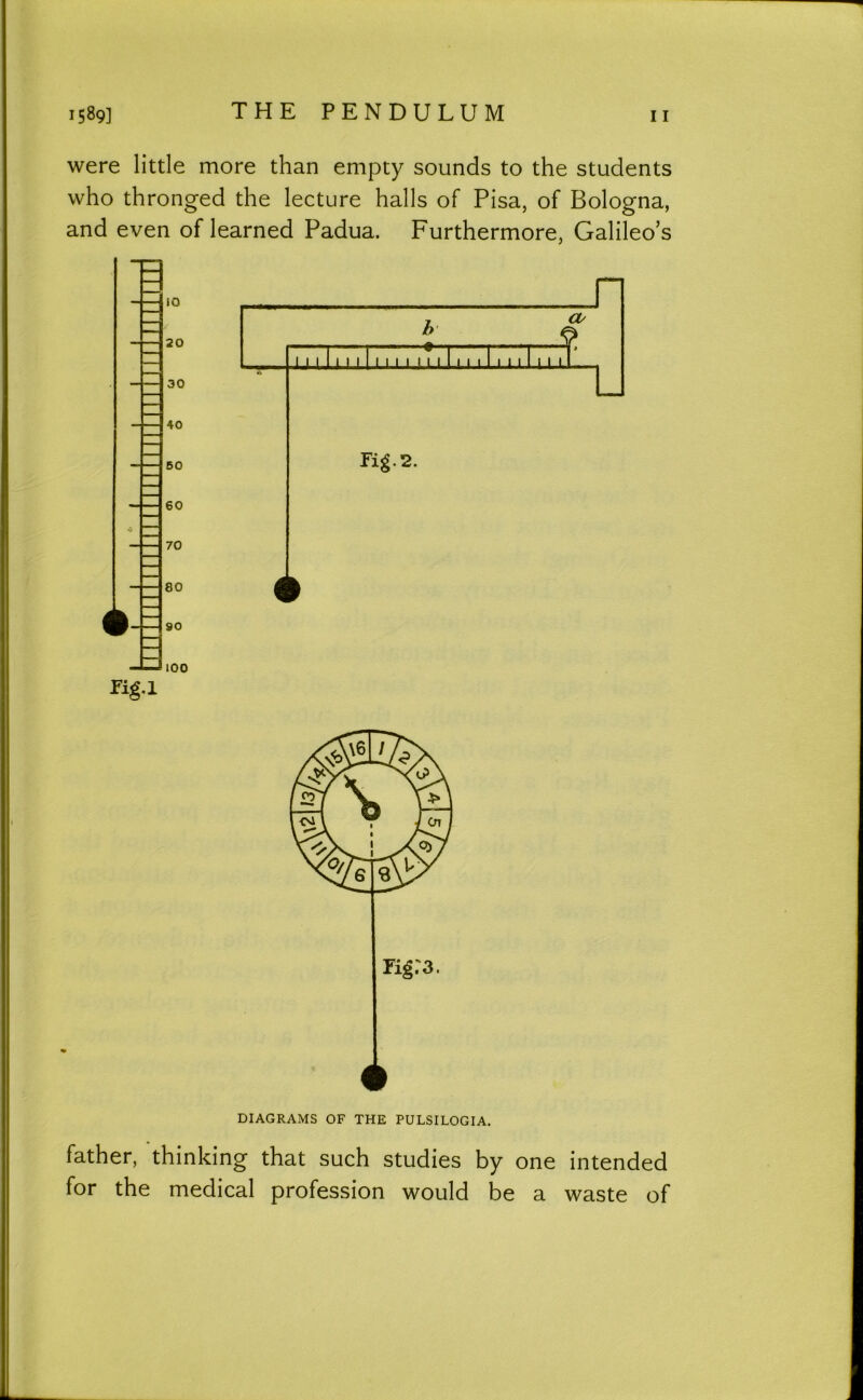 were little more than empty sounds to the students who thronged the lecture halls of Pisa, of Bologna, and even of learned Padua. Furthermore, Galileo’s too DIAGRAMS OF THE PULSILOGIA. father, thinking that such studies by one intended for the medical profession would be a waste of