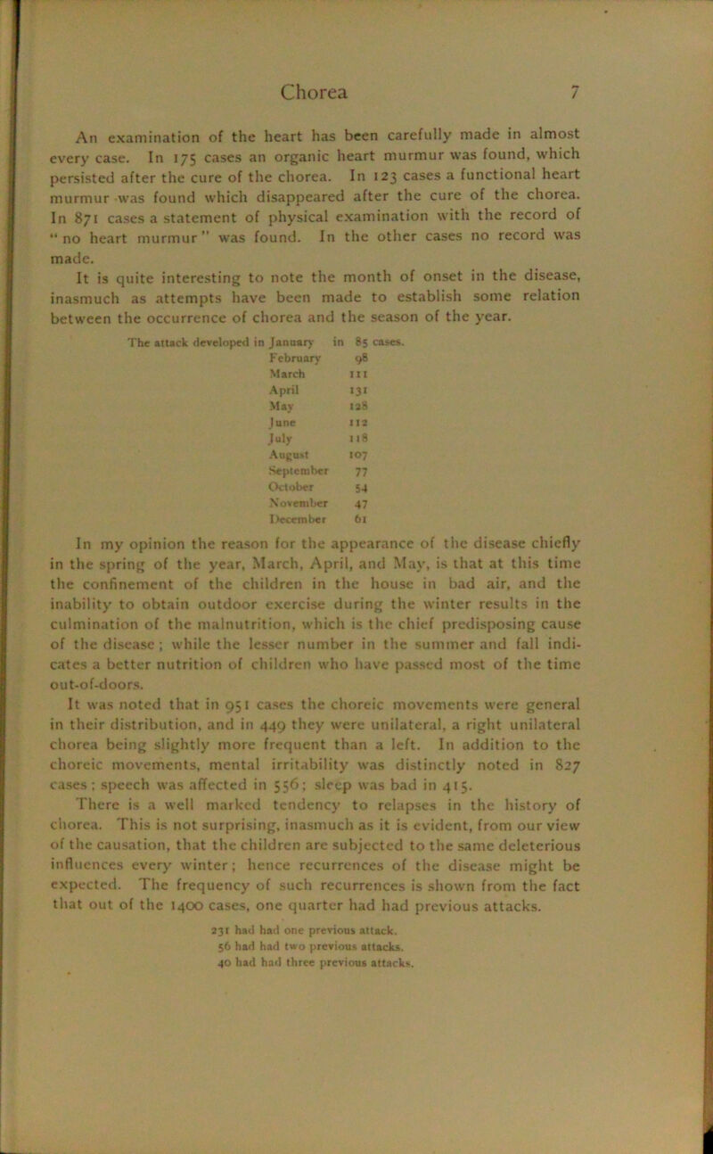 An examination of the heart has been carefully made in almost every case. In 175 cases an organic heart murmur was found, which persisted after the cure of the chorea. In 123 cases a functional heart murmur was found which disappeared after the cure of the chorea. In 871 cases a statement of physical examination with the record of “ no heart murmur ” was found. In the other cases no record was made. It is quite interesting to note the month of onset in the disease, inasmuch as attempts have been made to establish some relation between the occurrence of chorea and the season of the year. The attack developed in January in 85 cases. February 98 March lit April 131 May 128 June 112 July 118 August 107 September 77 October 54 November 47 I>eceraber 6i In my opinion the reason for the appearance of the disease chiefly in the spring of the year, March, April, and May, is that at this time the confinement of the children in the house in bad air, and the inability to obtain outdoor exercise during the winter results in the culmination of the malnutrition, which is the chief predisposing cause of the disease; while the lesser number in the summer and fall indi- cates a better nutrition of children who have passed most of the time out-of-doors. It was noted that in 951 cases the choreic movements were general in their distribution, and in 449 they were unilateral, a right unilateral chorea being slightly more frequent than a left. In addition to the choreic movements, mental irritability was distinctly noted in 827 cases ; speech was affected in 556; sleep was bad in 415. There is a well marked tendency to relapses in the history of chorea. This is not surprising, inasmuch as it is evident, from our view of the causation, that the children are subjected to the same deleterious influences every winter; hence recurrences of the disease might be expected. The frequency of such recurrences is shown from the fact that out of the 1400 cases, one quarter had had previous attacks. 231 had had one previous attack. 56 had had two previous attacks. 40 had had three previous attacks.