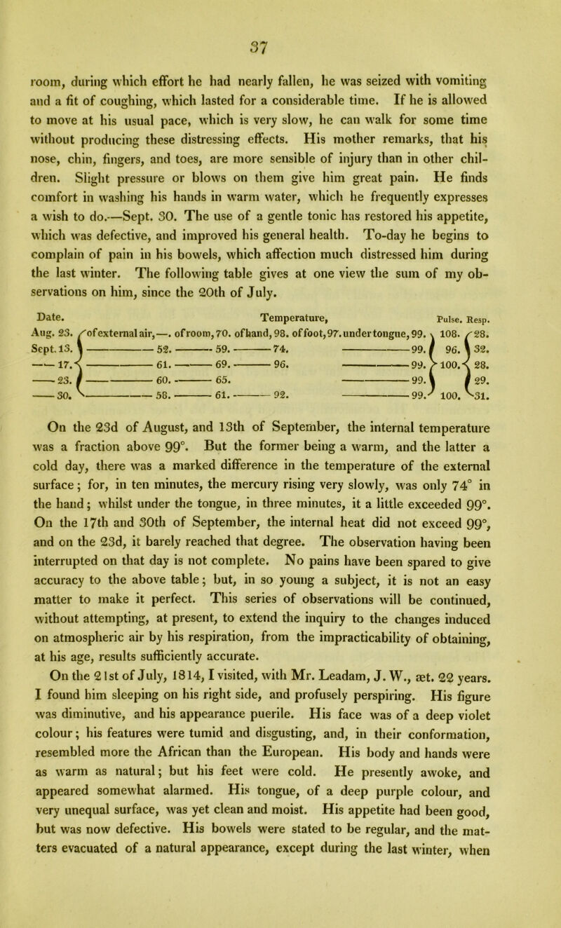 room, during which effort he had nearly fallen, he was seized with vomiting and a fit of coughing, which lasted for a considerable time. If he is allowed to move at his usual pace, which is very slow, he can walk for some time without producing these distressing effects. His mother remarks, that his nose, chin, fingers, and toes, are more sensible of injury than in other chil- dren. Slight pressure or blows on them give him great pain. He finds comfort in washing his hands in warm water, which he frequently expresses a wish to do.—Sept. 30. The use of a gentle tonic has restored his appetite, which was defective, and improved his general health. To-day he begins to complain of pain in his bowels, which affection much distressed him during the last winter. The following table gives at one view the sum of my ob- servations on him, since the 20th of July. Date. Temperature, Pulse. Resp. Aug. 23. /of external air,—. ofroom,70. ofhand,98. offoot, 97. under tongue, 99. \ 108. 52. 61. 60. - 58. - - 59. -69. - 65. - 61. 74. 96. 92. 29. 99.x 100. '''SI. On the 23d of August, and 13th of September, the internal temperature was a fraction above 99°* But the former being a warm, and the latter a cold day, there was a marked difference in the temperature of the external surface; for, in ten minutes, the mercury rising very slowly, was only 74° in the hand; whilst under the tongue, in three minutes, it a little exceeded 99°. On the 17th and 30th of September, the internal heat did not exceed 99% and on the 23d, it barely reached that degree. The observation having been interrupted on that day is not complete. No pains have been spared to give accuracy to the above table; but, in so young a subject, it is not an easy matter to make it perfect. This series of observations will be continued, without attempting, at present, to extend the inquiry to the changes induced on atmospheric air by his respiration, from the impracticability of obtaining, at his age, results sufficiently accurate. On the 21st of July, 1814,1 visited, with Mr. Leadam, J. W., set. 22 years. I found him sleeping on his right side, and profusely perspiring. His figure was diminutive, and his appearance puerile. His face was of a deep violet colour; his features were tumid and disgusting, and, in their conformation, resembled more the African than the European. His body and hands were as warm as natural; but his feet were cold. He presently awoke, and appeared somewhat alarmed. His tongue, of a deep purple colour, and very unequal surface, was yet clean and moist. His appetite had been good, but was now defective. His bowels were stated to be regular, and the mat- ters evacuated of a natural appearance, except during the last winter, when