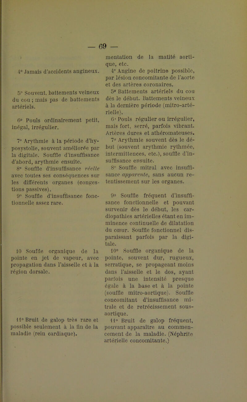 4° Jamais d’accidents angineux. 5° Souvent, battements veineux du cou ; mais pas de battements artériels. 6° Pouls ordinairement petit, inégal, irrégulier. 7° Arythmie à la période d’hy- posvstolie, souvent améliorée par la digitale. Souffle d’insuffisance d’abord, arythmie ensuite. 8° Souffle d'insuffisance réelle avec toutes ses conséquences sur les différents organes (conges- tions passives). 9° Souffle d’insuffisance fonc- tionnelle assez rare. 10 Souffle organique de la pointe en jet de vapeur, avec propagation dans l’aisselle et à la région dorsale. 11° Bruit de galop très rare et possible seulement à la lin de la maladie (rein cardiaque). mentation de la matité aorti- que, etc. 4° Angine de poitrine possible, par lésion concomitante de l’aorte et des artères coronaires. 5° Battements artériels du cou dès le début. Battements veineux à la dernière période (mitro-arté- rielle). 6> Pouls régulier ou irrégulier, mais fort, serré, parfois vibrant. Artères dures et athéromateuses. 7° Arythmie souvent dès le dé- but (souvent arythmie rythmée, intermittences, etc.), souffle d’in- suffisance ensuite. 8° Souffle mitral avec insuffi- sance apparente, sans aucun re- tentissement sur les organes. 9o Souffle fréquent d’insuffi- sance fonctionnelle et pouvant survenir dès le début, les car- diopathies artérielles étant en im- minence continuelle de dilatation du cœur. Souffle fonctionnel dis- paraissant parfois par la digi- tale. 10° Souffle organique de la pointe, souvent dur, rugueux, serratique, se propageant moins dans l’aisselle et le dos, ayant parfois une intensité presque égale à la hase et à la pointe (souffle mitro-aortique). Souffle concomitant d’insuffisance mi- trale et de rétrécissement sous- aortique. 11° Bruit de galop fréquent, pouvant apparaître au commen- cement de la maladie. (Néphrite artérielle concomitante.)