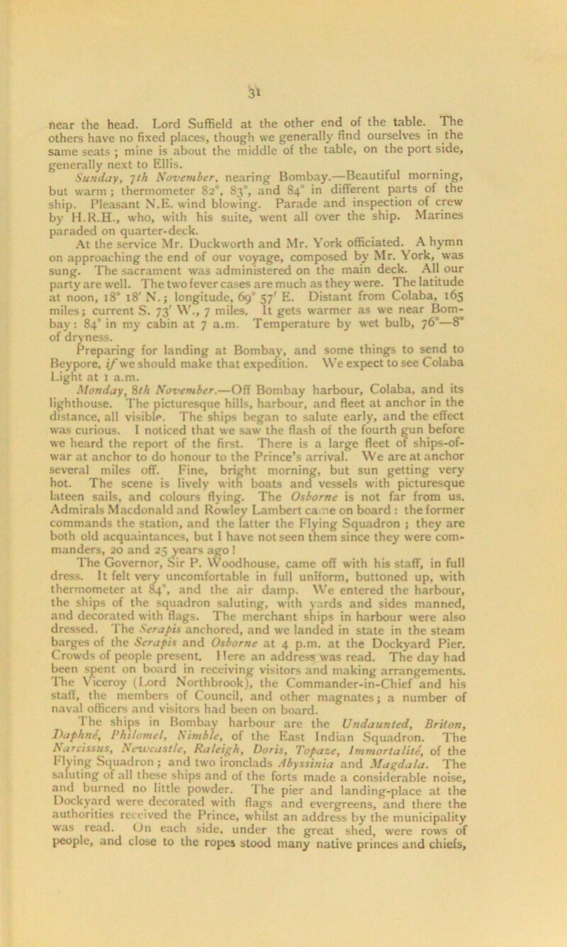 near the head. Lord Suffield at the other end of the table. The others have no fixed places, though we generally find ourselves in the same seats ; mine is about the middle of the table, on the port side, generally next to Ellis. Sunday, ;ph November, nearing Bombay.—Beautiful morning, but warm ; thermometer 82°, 83°, and 84° in different parts of the ship. Pleasant N.E. wind blowing. Parade and inspection of crew by H.R.H., who, with his suite, went all over the ship. Marines paraded on quarter-deck. At the service Mr. Duckworth and Mr. York officiated. A hymn on approaching the end of our voyage, composed by Mr. York, was sung. The sacrament was administered on the main deck. All our party are well. The two fever cases are much as they were. The latitude at noon, 18° 18' N.j longitude, 69° 57’ PL Distant from Colaba, 165 miles; current S. 73' W., 7 miles. It gets warmer as we near Bom- bay: 84° in my cabin at 7 a.m. Temperature by wet bulb, 76°—8° of dryness. Preparing for landing at Bombay, and some things to send to Beypore, if we should make that expedition. We expect to see Colaba Light at I a.m. Monday, 8/A November.—Off Bombay harbour, Colaba, and its lighthouse. The picturesque hills, harbour, and fleet at anchor in the distance, all visible. The ships began to salute early, and the effect was curious. I noticed that we saw the flash of the fourth gun before we heard the report of the first. There is a large fleet of ships-of- war at anchor to do honour to the Prince’s arrival. We are at anchor several miles off. Fine, bright morning, but sun getting very hot. The scene is lively with boats and vessels with picturesque lateen sails, and colours flying. The Osborne is not far from us. Admirals Macdonald and Rowley Lambert came on board : the former commands the station, and the latter the Plying Squadron ; they are both old acquaintances, but 1 have not seen them since they were com- manders, 20 and 25 years ago 1 The Governor, Sir P. Woodhouse, came off with his staff, in full dress. It felt very uncomfortable in full uniform, buttoned up, with thermometer at 84°, and the air damp. We entered the harbour, the ships of the squadron saluting, with yards and sides manned, and decorated with flags. The merchant ships in harbour were also dressed. The Serapis anchored, and we landed in state in the steam barges of the Serapis and Osborne at 4 p.m. at the Dockyard Pier. Crowds of people present. Here an address was read. The day had been spent on board in receiving visitors and making arrangements. The Viceroy (Lord Northbrook), the Commander-in-Chief and his staff, the members of Council, and other magnates; a number of naval officers and visitors had been on board. The ships in Bombay harbour are the Undaunted, Briton, Daphne, Philomel, Nimble, of the East Indian Squadron. The h arcissus, Newcastle, Raleigh, Doris, Topaze, lmmortalite, of the Plving Squadron ; and two ironclads Abyssinia and Magdala. The saluting of all these ships and of the forts made a considerable noise, and burned no little powder. 'Ihe pier and landing-place at the Dockyard were decorated with flags and evergreens, and there the authorities received the Prince, whilst an address by the municipality was read. On each side, under the great shed, were rows of people, and close to the ropes stood many native princes and chiefs.