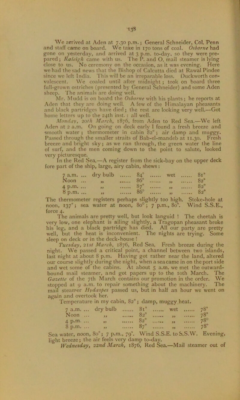 We arrived at Aden at 7.30 p.m.; General Schneider, Col. Penn and staff came on board. We take in 170 tons of coal. Osborne had gone on yesterday, and arrived at 3 p.m. to-day, so they were pre- pared ; Raleigh came with us. The P. and O. mail steamer is lying close to us. No ceremony on the occasion, as it was evening. Here we had the sad news that the Bishop of Calcutta died at Rawal Pindee since we left India. This will be an irreparable loss. Duckworth con- valescent. We coaled until after midnight ; took on board three full-grown ostriches (presented by General Schneider) and some Aden sheep. The animals are doing well. Mr. Mudd is on boat'd the Osborne with his plants; he reports at Aden that they are doing well. A few of the Himalayan pheasants and black partridges have died; the rest are looking very well.—Got home letters up to the 24th inst. : all well. Monday, 20fh March, 1876, from Aden to Red Sea.—We left Aden at 2 a.m. On going on deck earl)' 1 found a fresh breeze and smooth water ; thermometer in cabin 82° ; air damp and muggy. Passed through the smaller straits of Bab-el-mandeb at 11.30. Fresh breeze and bright sky; as we ran through, the green water the line of surf, and the men coming down to the point to salute, looked very picturesque. In the Red Sea.—A register from the sick-bay on the upper deck fore part of the ship, large, airy cabin, shews : 7 a.m. .. . dry bulb ... ... 84° ... ... 81' Noon .. 91 ... 86” ... ... 82* 4 p.m. .., » 99 ••• ... 87° ... ... 82' 8 p.m. .. • 19 ••• ... 86° ... ... 82' The thermometer registers perhaps slightly too high. Stoke-hole at noon, 137°; sea water at noon, 8o° ; 7 p.m., 8o°. Wind S.S.E., force 4. The animals are pretty well, but look languid ! The cheetah is very low, one elephant is ailing slightly, a Tragopan pheasant broke his leg, and a black partridge has died. All our party are pretty well, but the heat is inconvenient. The nights are trying. Some sleep on deck or in the deck-house 1 Tuesday, 21 si March, 1876, Red Sea. Fresh breeze during the night. We passed a critical point, a channel between two islands, last night at about 8 p.m. Having got rather near the land, altered our course slightly during the night, when a sea came in on the port side and wet some of the cabins. At about 5 a.m. we met the outward- bound mail steamer, and got papers up to the 10th March. The Gazette of the 7th March contains our promotion in the order. We stopped at y a.m. to repair something about the machinery. The mail steamer Hydaspes passed us, but in half an hour we went on again and overtook her. Temperature in my cabin, 82°; damp, muggy.heat. 7 a.m. .. . dry bulb ... 8i° ... ... 78° N oon .. • 99 ••• ... 82° ... ... 78” 4 p.m. .. • 99 ••• ... 82° ... ... 78° 8 p.m. .. • 99 ••• ... 87° ... ... 78“ Sea water, noon, 8o°; 7 p.m., 790. Wind S.S.E. toS.S.W. Evening, light breeze; the air feels very damp to-day. & Wednesday, 22nd March, 1876, Red Sea.—Mail steamer out of