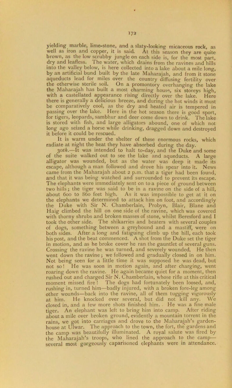 173 yielding marble, lime-stone, and a slaty-looking micaceous rock, as well as iron and copper, it is said. At this season they are quite brown, as the low scrubby jungle on each side is, for the most part, dry and leafless. The water, which drains from the ravines and hills into the valley below, is here collected into a lake about a mile long, by an artificial bund built by the late Maharajah, and from it stone aqueducts lead for miles over the country diffusing fertility over the otherwise sterile soil. On a promontory overhanging the lake the Maharajah has built a most charming house, six storeys high, with a castellated appearance rising directly over the lake. Here there is generally a delicious breeze, and during the hot winds it must be comparatively cool, as the dry and heated air is tempered in passing over the lake. Here in the hot season there is good sport, for tigers, leopards, sambhur and deer come down to drink. The lake is stored with fish, and large alligators abound, one of which not long ago seized a horse while drinking, dragged down and destroyed it before it could be rescued. It is warm under the shelter of these enormous rocks, which radiate at night the heat they have absorbed during the day. 30th.—It was intended to halt to-day, and the Duke and some of the suite walked out to see the lake and aqueducts. A large alligator was wounded, but as the water was deep it made its escape, although a man followed and drove his spear into it. News came from the Maharajah about 2 p.m. that a tiger had been found, and that it was being watched and surrounded to prevent its escape. The elephants were immediately sent on to a piece of ground between two hills; the tiger was said to be in a ravine on the side of a hill, about 600 to 860 feet high. As it was impossible to get at it on the elephants we determined to attack him on foot, and accordingly the Duke with Sir N. Chamberlain, Probyn, Blair, Blane and Haig climbed the hill on one side of the ravine, which was covered with thorny shrubs and broken masses of stone, whilst Beresford and I took the other side. The shikarries and beaters with several couples of dogs, something between a greyhound and a mastiff, were on both sides. After a long and fatiguing climb up the hill, each took his post, and the beat commenced. A shot from the Duke set the tiger in motion, and as he broke cover he ran the gauntlet of several guns. Crossing the ravine he was turned, and severely wounded. He then went down the ravine; we followed and gradually closed in on him. Not being seen for a little time it was supposed he was dead, but not so! He was soon in motion again, and after charging, went roaring down the ravine. He again became quiet for a moment, then rushed out and charged Sir N. Chamberlain, whose rifle at this critical moment missed fire ! The dogs had fortunately been loosed, and, rushing in, turned him—badly injured, with a broken fore-leg among other wounds—back into the ravine, all of them tugging vigorously at him. He knocked over several, but did not kill any. We closed in, and a few more shots finished him. • He was a fine male tiger. An elephant was left to bring him into camp. After riding about a mile over broken ground, evidently a mountain torrent in the rains, we got into carriages and drove to the Maharajah’s garden- house at Ulwar. The approach to the town, the fort, the gardens and the camp was beautifully illuminated. A royal salute was fired by the Maharajah’s troops, who lined the approach to the camp— several most gorgeously caparisoned elephants were in attendance.