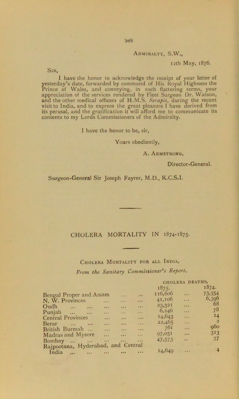 Admiralty, S.W., 12th May, 1876. Sir, I have the honor to acknowledge the receipt of your letter of yesterday’s date, forwarded by command of His Royal Highness the Prince of Wales, and conveying, in such flattering terms, your appreciation of the services rendered by Fleet Surgeon Dr. Watson, and the other medical officers of H.M..S. Serapis, during the recent visit to India, and to express the great pleasure I have derived from its perusal, and the gratification it will afford me to communicate its contents to my Lords Commissioners of the Admiralty. I have the honor to be, sir. Yours obediently, A. Armstrong, Director-General. Surgeon-General Sir Joseph Fayrer, M.D., K.C.S.I. CHOLERA MORTALITY IN 1874-1875. Cholera Mortality for all India, From the Sanitary Commissioner’s Report. Bengal Proper and Assam N. W. Provinces Oudh Punjab Central Provinces Berar British Burmah Madras and Mysore Bombay ••• Rajpootana, Hyderabad, and Central India ... cholera deaths. 1875- 16,606 }i,io6 23,321 6,246 14,643 22,465 761 37,o5i 1-7,573 1874. 73,354 6,396 68 78 14 2 960 313 37 14,649